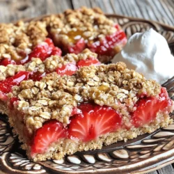 - 2 cups rolled oats - 1 cup all-purpose flour - 1/2 cup brown sugar - 1/2 teaspoon baking soda - 1/4 teaspoon salt - 1/2 cup unsalted butter, softened - 1/4 cup honey - 1 teaspoon vanilla extract - 1 and 1/2 cups fresh strawberries, hulled and chopped - 1 tablespoon lemon juice - 1 tablespoon cornstarch The main ingredients make these bars both tasty and filling. The rolled oats provide a great base. They add fiber and keep the bars chewy. All-purpose flour helps bind everything together. Fresh strawberries bring sweetness and a juicy burst. Unsalted butter adds richness and helps with texture. - Honey - Vanilla extract - Lemon juice You can mix in optional ingredients to change the flavor. Honey can replace sugar for added sweetness. Vanilla extract gives a warm, rich taste. Lemon juice brightens the flavors and enhances the strawberries. - Gluten-free alternatives - Vegan options If you need gluten-free bars, swap all-purpose flour for gluten-free flour. Oats should be labeled gluten-free to be safe. For vegan options, use coconut oil instead of butter. Maple syrup can replace honey for a sweet touch. This recipe, Strawberry Oatmeal Delight Bars, allows for many options. You can adapt it to fit your taste and diet needs. Enjoy mixing and matching! Preheat your oven to 350°F (175°C). This step warms the oven for even baking. Next, grease a 9x9-inch baking dish with butter or oil. You can also line it with parchment paper for easy removal later. In a large bowl, combine 2 cups of rolled oats, 1 cup of all-purpose flour, 1/2 cup of brown sugar, 1/2 teaspoon of baking soda, and 1/4 teaspoon of salt. Stir these dry ingredients well until they blend together. Add 1/2 cup of softened unsalted butter, 1/4 cup of honey, and 1 teaspoon of vanilla extract. Use your fingers or a fork to mix until you get a crumbly texture. Reserve about 1 cup of this mixture for the topping. In another bowl, toss 1 and 1/2 cups of chopped strawberries with 1 tablespoon of lemon juice and 1 tablespoon of cornstarch. This helps the strawberries to stay firm and adds flavor. Press the remaining oat mixture evenly into the bottom of your baking dish. It should be firm and flat. Next, evenly spread the strawberry mixture over this layer. Finally, crumble the reserved oat mixture on top, covering the strawberries well. Place the dish in the preheated oven. Bake for 30 to 35 minutes. Keep an eye on the bars as they bake. They are done when the top turns golden brown and the strawberries bubble. After baking, let the bars cool for about 15 minutes in the dish. Then, lift them out using the parchment paper, and cool them completely on a wire rack. For the full recipe, follow the detailed steps provided. Enjoy your tasty Strawberry Oatmeal Bars! To get your bars chewy, use less flour and more oats. A thicker oat layer helps too. For a crispy bar, add a bit more flour and make sure to bake longer. You can also mix in nuts for crunch. Pair your bars with a scoop of ice cream or a drizzle of honey. It adds a nice touch! Accurate measuring is key to great bars. Use a dry measuring cup for oats and flour. Spoon them in without packing down. Level off with a knife for precision. For sticky ingredients like honey, spray your measuring cup first. It will slide out easily! You’ll know the bars are ready when the top turns golden brown. Check if the strawberries bubble slightly. Insert a toothpick in the center; it should come out clean. Let them cool for at least 15 minutes before cutting. Following these tips will help you make delicious Strawberry Oatmeal Bars! For the complete recipe, check out the Full Recipe. {{image_2}} You can change the fruit in these bars easily. Try using blueberries, raspberries, or even peaches. Each fruit brings its own flavor and texture. For example, blueberries add a sweet burst, while peaches offer a soft, juicy bite. You can mix fruits too! Just keep the total amount of fruit about the same as the strawberries. This way, your bars stay balanced and tasty. Want to make your bars even better? Consider adding nuts or seeds for crunch. Chopped almonds or walnuts work great. You can also try adding sunflower seeds for a fun twist. If you like spice, sprinkle in some cinnamon or nutmeg. These additions give your bars more depth and warmth. Just remember, balance the flavors so they complement the fruit. If you need a gluten-free option, swap the all-purpose flour for almond or oat flour. This keeps the bars tasty while meeting dietary needs. For a vegan version, replace the butter with coconut oil or vegan butter. Use maple syrup instead of honey for sweetness. These changes help everyone enjoy these delicious bars without missing out. Check out the Full Recipe for all these ideas! To keep your strawberry oatmeal bars fresh, use an airtight container. This helps prevent them from drying out. Store them at room temperature if you plan to eat them within a few days. For longer storage, the fridge works well too. Just make sure they are in a sealed container to keep them moist. Freezing your strawberry oatmeal bars is easy. Wrap each bar in plastic wrap. Then place them in a freezer bag or container. This keeps them fresh for up to three months. When you're ready to eat, take one out and let it thaw in the fridge overnight. You can also warm it up in the microwave for a quick treat. These delicious bars last about five days at room temperature. In the fridge, they can stay fresh for about a week. For the best taste and texture, eat them within this time. After freezing, they maintain their flavor and texture for about three months, so enjoy them whenever you like! Strawberry oatmeal bars stay fresh for about 5 days. Store them in an airtight container. This keeps them tasty and moist. For longer storage, freeze them for up to 3 months. Yes, you can make these bars ahead of time. They taste great after resting in the fridge. Prepare them a day before your event. Just let them cool and store them in a container. Serve these bars at room temperature. You can add a scoop of ice cream or whipped cream. This makes them even more special. They also pair well with a cup of tea or coffee. Absolutely! You can add more or less brown sugar. If you want them sweeter, try adding extra honey. Taste the mixture before baking to find your perfect balance. If your bars are too crumbly, they may need more moisture. You can add a bit of melted butter or a splash of milk. Press the mixture down firmly when layering to help them hold together. Strawberry oatmeal bars are simple and fun to make. We covered key ingredients like oats and strawberries. You learned about optional tweaks and substitutions for diets. I shared easy steps, tips, and variations to enhance flavor and texture. Store them right for the best taste. These bars are versatile and delicious. Enjoy creating your own batch and sharing them with friends!
