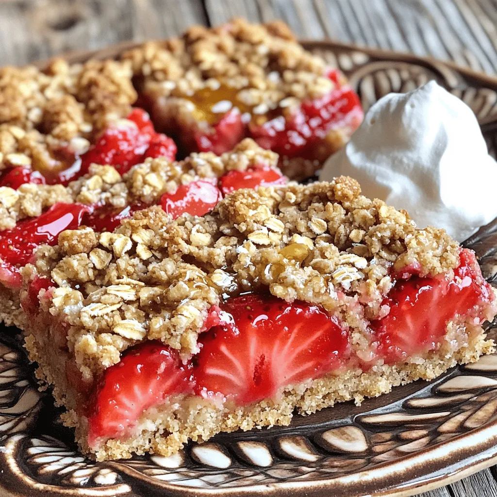 - 2 cups rolled oats - 1 cup all-purpose flour - 1/2 cup brown sugar - 1/2 teaspoon baking soda - 1/4 teaspoon salt - 1/2 cup unsalted butter, softened - 1/4 cup honey - 1 teaspoon vanilla extract - 1 and 1/2 cups fresh strawberries, hulled and chopped - 1 tablespoon lemon juice - 1 tablespoon cornstarch The main ingredients make these bars both tasty and filling. The rolled oats provide a great base. They add fiber and keep the bars chewy. All-purpose flour helps bind everything together. Fresh strawberries bring sweetness and a juicy burst. Unsalted butter adds richness and helps with texture. - Honey - Vanilla extract - Lemon juice You can mix in optional ingredients to change the flavor. Honey can replace sugar for added sweetness. Vanilla extract gives a warm, rich taste. Lemon juice brightens the flavors and enhances the strawberries. - Gluten-free alternatives - Vegan options If you need gluten-free bars, swap all-purpose flour for gluten-free flour. Oats should be labeled gluten-free to be safe. For vegan options, use coconut oil instead of butter. Maple syrup can replace honey for a sweet touch. This recipe, Strawberry Oatmeal Delight Bars, allows for many options. You can adapt it to fit your taste and diet needs. Enjoy mixing and matching! Preheat your oven to 350°F (175°C). This step warms the oven for even baking. Next, grease a 9x9-inch baking dish with butter or oil. You can also line it with parchment paper for easy removal later. In a large bowl, combine 2 cups of rolled oats, 1 cup of all-purpose flour, 1/2 cup of brown sugar, 1/2 teaspoon of baking soda, and 1/4 teaspoon of salt. Stir these dry ingredients well until they blend together. Add 1/2 cup of softened unsalted butter, 1/4 cup of honey, and 1 teaspoon of vanilla extract. Use your fingers or a fork to mix until you get a crumbly texture. Reserve about 1 cup of this mixture for the topping. In another bowl, toss 1 and 1/2 cups of chopped strawberries with 1 tablespoon of lemon juice and 1 tablespoon of cornstarch. This helps the strawberries to stay firm and adds flavor. Press the remaining oat mixture evenly into the bottom of your baking dish. It should be firm and flat. Next, evenly spread the strawberry mixture over this layer. Finally, crumble the reserved oat mixture on top, covering the strawberries well. Place the dish in the preheated oven. Bake for 30 to 35 minutes. Keep an eye on the bars as they bake. They are done when the top turns golden brown and the strawberries bubble. After baking, let the bars cool for about 15 minutes in the dish. Then, lift them out using the parchment paper, and cool them completely on a wire rack. For the full recipe, follow the detailed steps provided. Enjoy your tasty Strawberry Oatmeal Bars! To get your bars chewy, use less flour and more oats. A thicker oat layer helps too. For a crispy bar, add a bit more flour and make sure to bake longer. You can also mix in nuts for crunch. Pair your bars with a scoop of ice cream or a drizzle of honey. It adds a nice touch! Accurate measuring is key to great bars. Use a dry measuring cup for oats and flour. Spoon them in without packing down. Level off with a knife for precision. For sticky ingredients like honey, spray your measuring cup first. It will slide out easily! You’ll know the bars are ready when the top turns golden brown. Check if the strawberries bubble slightly. Insert a toothpick in the center; it should come out clean. Let them cool for at least 15 minutes before cutting. Following these tips will help you make delicious Strawberry Oatmeal Bars! For the complete recipe, check out the Full Recipe. {{image_2}} You can change the fruit in these bars easily. Try using blueberries, raspberries, or even peaches. Each fruit brings its own flavor and texture. For example, blueberries add a sweet burst, while peaches offer a soft, juicy bite. You can mix fruits too! Just keep the total amount of fruit about the same as the strawberries. This way, your bars stay balanced and tasty. Want to make your bars even better? Consider adding nuts or seeds for crunch. Chopped almonds or walnuts work great. You can also try adding sunflower seeds for a fun twist. If you like spice, sprinkle in some cinnamon or nutmeg. These additions give your bars more depth and warmth. Just remember, balance the flavors so they complement the fruit. If you need a gluten-free option, swap the all-purpose flour for almond or oat flour. This keeps the bars tasty while meeting dietary needs. For a vegan version, replace the butter with coconut oil or vegan butter. Use maple syrup instead of honey for sweetness. These changes help everyone enjoy these delicious bars without missing out. Check out the Full Recipe for all these ideas! To keep your strawberry oatmeal bars fresh, use an airtight container. This helps prevent them from drying out. Store them at room temperature if you plan to eat them within a few days. For longer storage, the fridge works well too. Just make sure they are in a sealed container to keep them moist. Freezing your strawberry oatmeal bars is easy. Wrap each bar in plastic wrap. Then place them in a freezer bag or container. This keeps them fresh for up to three months. When you're ready to eat, take one out and let it thaw in the fridge overnight. You can also warm it up in the microwave for a quick treat. These delicious bars last about five days at room temperature. In the fridge, they can stay fresh for about a week. For the best taste and texture, eat them within this time. After freezing, they maintain their flavor and texture for about three months, so enjoy them whenever you like! Strawberry oatmeal bars stay fresh for about 5 days. Store them in an airtight container. This keeps them tasty and moist. For longer storage, freeze them for up to 3 months. Yes, you can make these bars ahead of time. They taste great after resting in the fridge. Prepare them a day before your event. Just let them cool and store them in a container. Serve these bars at room temperature. You can add a scoop of ice cream or whipped cream. This makes them even more special. They also pair well with a cup of tea or coffee. Absolutely! You can add more or less brown sugar. If you want them sweeter, try adding extra honey. Taste the mixture before baking to find your perfect balance. If your bars are too crumbly, they may need more moisture. You can add a bit of melted butter or a splash of milk. Press the mixture down firmly when layering to help them hold together. Strawberry oatmeal bars are simple and fun to make. We covered key ingredients like oats and strawberries. You learned about optional tweaks and substitutions for diets. I shared easy steps, tips, and variations to enhance flavor and texture. Store them right for the best taste. These bars are versatile and delicious. Enjoy creating your own batch and sharing them with friends!