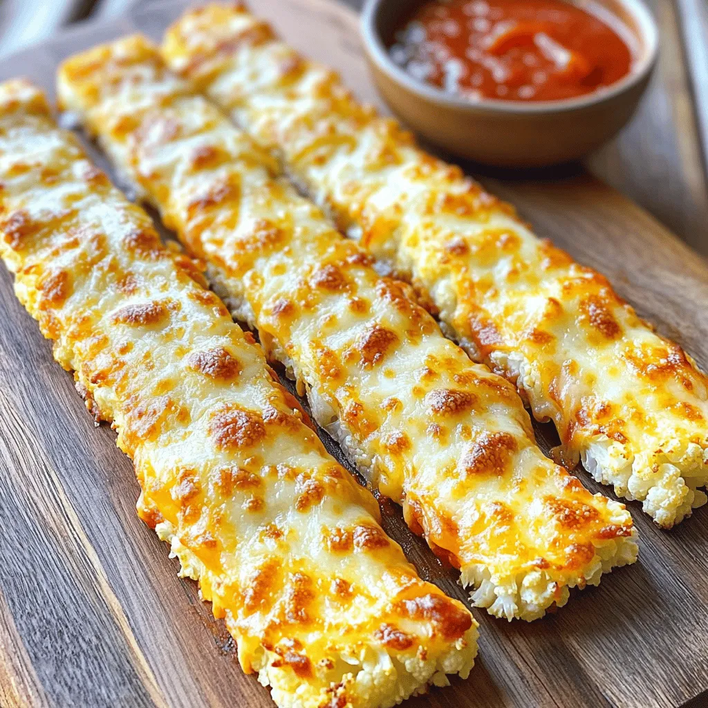 To make cheesy cauliflower breadsticks, gather the following simple ingredients: - 1 large cauliflower head, cut into florets - 1 cup shredded mozzarella cheese - 1/2 cup grated Parmesan cheese - 2 large eggs - 1 teaspoon garlic powder - 1 teaspoon Italian seasoning - Salt and pepper to taste - 1/2 cup marinara sauce (for dipping) These ingredients are easy to find at any grocery store. The cauliflower serves as a great base, making this snack low-carb and healthy. The cheeses add richness and flavor, while the eggs help bind everything together. Garlic powder and Italian seasoning bring a tasty kick, enhancing the overall taste. Don't forget the marinara sauce for dipping! For the full recipe, check out the detailed steps on how to prepare this delightful treat. 1. Preheat the oven and prepare the baking sheet Start by preheating your oven to 425°F (220°C). While the oven heats, line a baking sheet with parchment paper. This step helps the breadsticks not stick and makes cleanup easy. 2. Steam cauliflower florets until tender Next, take your cauliflower head and cut it into small florets. Steam these florets for about 10 minutes. You want them soft enough to mash easily. Once they are tender, drain them well and let them cool a bit. 1. Drain and dry cauliflower After cooling, place the steamed cauliflower in a clean kitchen towel. Twist the towel and squeeze out as much moisture as you can. This step is key! Too much water will make your breadsticks soggy. 2. Combine ingredients in a large bowl Now, put the drained cauliflower in a large bowl. Add the mozzarella cheese, Parmesan cheese, eggs, garlic powder, Italian seasoning, salt, and pepper. Mix everything well until it’s fully combined. You should have a thick, cheesy mixture. 1. Spread mixture on the baking sheet and bake With your mixture ready, spread it onto the prepared baking sheet. Shape it into a rectangle about half an inch thick. Bake in the oven for 25 to 30 minutes. Look for golden edges and a firm top. 2. Optional: adding extra cheese at the end For an extra cheesy treat, remove the breadsticks from the oven after the first bake. If you want, sprinkle more mozzarella cheese on top. Return to the oven for 5 more minutes until the cheese melts beautifully. Enjoy your cheesy cauliflower breadsticks fresh out of the oven! For the full recipe, check the earlier section. When making cheesy cauliflower breadsticks, choosing the right cauliflower is key. Look for a head that is firm and free of brown spots. Fresh cauliflower will give you the best taste and texture. Draining moisture thoroughly is also important. After steaming, let the cauliflower cool. Then, use a clean kitchen towel to squeeze out as much water as possible. This prevents soggy breadsticks. A dry mixture forms a better base for baking. For dipping, marinara sauce is a classic choice. It pairs well with the cheesy flavors of the breadsticks. You can also try ranch or a spicy aioli for a twist. These breadsticks are great with soups or salads. They add a crunchy element to a soft soup. Serve them with a fresh salad for a balanced meal. One common mistake is overcooking the cauliflower. Overcooked cauliflower becomes mushy. Steam it just until tender, about 10 minutes. Another mistake is not measuring cheese and eggs correctly. Too much or too little can change the breadstick's texture. Stick to the recipe for balanced flavors and consistency. {{image_2}} You can make cheesy cauliflower breadsticks even more tasty. Adding herbs and spices can change the flavor a lot. Try adding: - 1 teaspoon of paprika for a smoky touch. - Fresh herbs like basil or parsley for freshness. - Red pepper flakes for a spicy kick. You can also add vegetables or meats to the mix. Chopped spinach, bell peppers, or cooked bacon can add great texture and flavor. If you need a gluten-free option, this recipe is perfect. Cauliflower is naturally gluten-free, so you can enjoy these breadsticks without worry. For vegetarian options, simply skip any meat and load up on your favorite veggies. Not everyone can eat mozzarella or Parmesan. You can use other cheeses that melt well, like provolone or gouda. For dairy-free options, try nut-based cheeses or vegan cheese that melts. These can taste just as good and keep your dish creamy. Feel free to experiment with these variations. Each change can make your cheesy cauliflower breadsticks a new delight! For the full recipe, check out the detailed instructions above. To keep your cheesy cauliflower breadsticks fresh, place them in an airtight container. Make sure they cool before sealing. This helps prevent moisture build-up. Store the breadsticks in the fridge for up to four days. If you have a lot left, consider slicing them for easy access later. When it's time to enjoy your leftovers, reheating is key. The best method is using the oven. Preheat it to 350°F (175°C). Place the breadsticks on a baking sheet and heat for about 10 minutes. This keeps them crispy. If you use a microwave, heat in short bursts. However, the texture may not be as nice. You can freeze cheesy cauliflower breadsticks for later. First, let them cool completely. Then, wrap them tightly in plastic wrap or foil. Place them in a freezer-safe bag. They can last up to three months. When you're ready to eat, thaw them in the fridge overnight. Reheat in the oven to restore their texture. For the best results, avoid thawing in the microwave. Yes, you can prepare cheesy cauliflower breadsticks ahead of time. After baking them, let them cool completely. Store them in an airtight container in the fridge. They stay fresh for up to three days. If you want to reheat them, use an oven for best results. This helps keep the breadsticks crispy. If you want a change from cauliflower, try broccoli. Broccoli has a similar texture when cooked. You can also use zucchini, but be sure to drain it well. Another option is eggplant, which adds a unique flavor. Each of these vegetables works well in this recipe. To achieve crispy cheesy cauliflower breadsticks, drain the cauliflower well. The less moisture, the better. Spread the mixture evenly on the baking sheet. Bake until the edges turn golden brown. For extra crispiness, you can broil them for a minute at the end. Just watch closely to avoid burning. This blog post shared a tasty way to make cheesy cauliflower breadsticks. We covered the ingredients, preparation, and baking steps to help you succeed. I also shared tips on perfecting the recipe and serving suggestions. Remember to avoid common mistakes, like overcooking the cauliflower. You can try different flavors and cheese options too. Enjoy these breadsticks as a snack or a meal side. Making them is fun and rewarding, and you’ll love how they turn out!