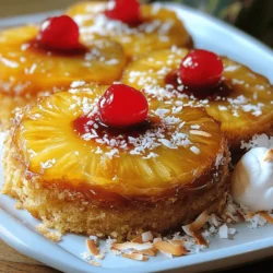 - 1 can (20 oz) sliced pineapple in juice, drained and juice reserved - 1/2 cup unsalted butter, melted - 1/2 cup packed brown sugar - 1 maraschino cherry for each pineapple slice - 1 cup all-purpose flour - 1 cup granulated sugar - 1/2 cup milk - 2 large eggs - 1 teaspoon vanilla extract - 1 1/2 teaspoons baking powder - 1/4 teaspoon salt You can switch the pineapple for other fruits. Peaches work well and add a nice flavor. You might also use berries like strawberries or blueberries for a fresh twist. If you want to avoid granulated sugar, try using coconut sugar or honey. Just remember that honey will add more moisture, so adjust your liquids! For a dairy-free version, use almond milk or oat milk instead of regular milk. You can replace the eggs with a mix of flaxseed and water for a vegan option. Use 1 tablespoon of ground flaxseed mixed with 2.5 tablespoons of water per egg. These swaps keep the spirit of the classic pineapple upside down cake while making it fit your needs. Check the Full Recipe for all the details and measurements! 1. Preheat your oven to 350°F (175°C). This helps the cake bake evenly. 2. Grab a round 9-inch cake pan. Pour 1/2 cup of melted butter into it. Make sure to cover the bottom well. 3. Sprinkle 1/2 cup of brown sugar evenly over the butter. This creates a sweet caramel layer. 4. Take your drained pineapple slices and lay them in the pan. Place a maraschino cherry in the center of each slice. This adds a fun touch. 1. In a large mixing bowl, whisk together these dry ingredients: - 1 cup all-purpose flour - 1 cup granulated sugar - 1 1/2 teaspoons baking powder - 1/4 teaspoon salt This mix gives the cake its structure and sweetness. 2. In another bowl, mix the wet ingredients: - 1/2 cup milk - 2 large eggs - 1 teaspoon vanilla extract - 1/4 cup of reserved pineapple juice This blend adds moisture and flavor. 3. Slowly pour the wet mix into the dry mix. Stir gently until just combined. Avoid overmixing; it keeps the cake tender. 1. Carefully pour the batter over the arranged pineapples in the pan. Smooth the top with a spatula. 2. Place the pan in the preheated oven. Bake for 35-40 minutes. Check for doneness by inserting a toothpick in the center. If it comes out clean, the cake is ready. 3. Once done, let the cake cool in the pan for 10 minutes. This helps the juices soak in before inverting onto a plate. Follow these steps for a deliciously moist pineapple upside-down cake that impresses every time. For the full recipe, check out the complete steps. To ensure the perfect texture and moisture, use room temperature eggs and milk. This helps the batter mix well. Also, do not overmix the batter; stir until just combined. This keeps the cake light and fluffy. To prevent sticking when inverting the cake, grease the pan well with butter. I suggest using parchment paper for added safety. This way, the cake slides out smoothly. For extra flavor, consider adding spices like cinnamon or nutmeg. A splash of almond extract can also elevate the taste. These small changes make a big impact on the cake's flavor. To create a richer caramel layer, use more brown sugar. You can also try adding a tablespoon of honey or maple syrup. This will give the cake a deeper, more complex taste. Serve the cake warm for the best experience. You can garnish it with whipped cream or a scoop of vanilla ice cream. This adds a nice touch and makes the cake look inviting. For added appeal, sprinkle toasted coconut flakes on top. Fresh mint leaves can also brighten the plate. These simple garnishes make your cake stand out and look professional. {{image_2}} You can change the fruit on top of the cake for a new treat. Instead of pineapple, try using peaches or mixed berries. These fruits add a different flavor and color. Seasonal fruits can also be fun. In summer, use fresh strawberries or blueberries. In fall, go for apples or pears. Each fruit brings its own unique taste, making the cake special every time. If you have dietary needs, you can adapt this cake. For a gluten-free option, use almond flour or a gluten-free baking mix. This keeps the cake moist and tasty. If you prefer a vegan cake, swap eggs with flax eggs and use plant milk instead of regular milk. You can also choose a dairy-free butter for the topping. These changes let everyone enjoy this classic treat. Serving ideas can make your cake even more fun. Try pairing it with a scoop of vanilla ice cream for a warm and cold delight. You could also add whipped cream or a drizzle of caramel sauce. For a twist, cut the cake into small squares and serve them as individual portions. This makes it easy for guests to grab and enjoy. Each bite can be a new way to enjoy your delicious pineapple upside-down cake. To see how to make this cake, check out the Full Recipe. To keep your pineapple upside down cake fresh, store it in an airtight container. I recommend slicing it first. This way, you can grab a piece whenever you want. Wrap each slice with plastic wrap if you prefer. Place the wrapped slices in the container. Store the cake in the fridge for the best taste. If you want to save some cake for later, freezing works great. First, let the cake cool completely. Then, slice it and wrap each piece tightly in plastic wrap. After that, place the wrapped slices in a freezer bag. Remove any extra air from the bag before sealing it. When you’re ready to eat, thaw a slice in the fridge overnight. To reheat, pop it in the microwave for a few seconds. When stored properly, your cake will last about 4 to 5 days in the fridge. If frozen, it can stay good for up to 3 months. Check for signs of spoilage like a sour smell or mold. If you see these, it’s best to throw it away. Enjoy your deliciously moist cake while it’s fresh! What is the best way to cut pineapple slices? To cut pineapple slices, use a sharp knife. First, remove the skin. Then, cut the fruit into round slices. Aim for about half an inch thick. This size helps the slices hold their shape while baking. Can I make this cake ahead of time? Yes, you can make this cake ahead of time. Bake it and let it cool completely. Then, cover it well and store it in the fridge. This cake stays fresh for up to three days. What should I do if my cake sticks to the pan? If your cake sticks, gently run a knife around the edges. Then, try to flip it again. If it still sticks, warm the pan slightly. Use a heat source or hot water to loosen the cake. What if the cake doesn’t rise? If the cake doesn’t rise, check your baking powder. It may be old or expired. Make sure you mix the wet and dry ingredients well. Lastly, avoid opening the oven door early. How to fix a burnt caramel layer? If your caramel layer burns, you can scrape it off. Then, prepare a new layer using fresh butter and brown sugar. Pour it over the fruit before adding the batter. What beverages pair well with this cake? This cake pairs well with coffee or tea. A light white wine also complements its sweetness. For a fun twist, try serving it with a fruity soda. Can I serve it with a sauce or syrup? Yes, serving it with a sauce adds flavor. A vanilla sauce or a sweet cream sauce works well. You can also drizzle caramel or chocolate sauce over the top for extra sweetness. This blog post shared all you need to know for making a tasty pineapple upside-down cake. We covered the ingredients, step-by-step instructions, and great tips. You learned about ingredient swaps and how to customize the cake for any diet. With a few simple tweaks, you can impress your family and friends. Enjoy baking and experimenting with flavors. Your perfect cake awaits!