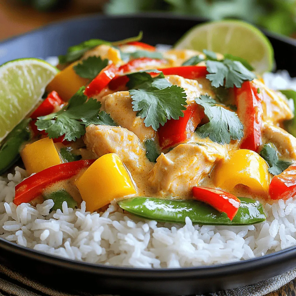 To make your Easy Thai Chicken Curry, gather these key items: - 1 lb (450g) chicken breast, cut into bite-sized pieces - 1 tablespoon coconut oil - 1 onion, finely chopped - 2 cloves garlic, minced - 1 tablespoon ginger, grated - 2 tablespoons red curry paste - 1 can (14 oz) coconut milk - 1 tablespoon fish sauce (or soy sauce for a vegetarian option) - 1 tablespoon brown sugar - 1 cup bell peppers (mixed colors), sliced - 1 cup snap peas - Fresh cilantro, for garnish - Lime wedges, for serving - Cooked jasmine rice, for serving I love to add a few extras to my curry. Here are some great options: - Serve with naan bread for a twist. - Add sliced jalapeños for heat. - Top with roasted nuts for crunch. - Include steamed broccoli for more veggies. You can swap some ingredients if needed: - Use chicken thighs for more flavor. - Replace coconut milk with almond milk for a lighter dish. - Try tofu or chickpeas for a vegan version. - If you lack red curry paste, use yellow curry paste instead. For the full recipe, check out the detailed steps to guide you through the cooking process. Start by gathering all your ingredients. You want to have everything ready. Here’s what you need: - 1 lb (450g) chicken breast, cut into bite-sized pieces - 1 tablespoon coconut oil - 1 onion, finely chopped - 2 cloves garlic, minced - 1 tablespoon ginger, grated - 2 tablespoons red curry paste - 1 can (14 oz) coconut milk - 1 tablespoon fish sauce (or soy sauce for a vegetarian option) - 1 tablespoon brown sugar - 1 cup bell peppers (mixed colors), sliced - 1 cup snap peas - Fresh cilantro, for garnish - Lime wedges, for serving - Cooked jasmine rice, for serving Wash and chop your veggies first. Having a clean space helps you focus. Heat coconut oil in a large pot over medium-high heat. Add chopped onion and cook until soft, about 3-4 minutes. Next, stir in minced garlic and grated ginger. Cook for 1 minute until you smell their great aroma. Now, add the red curry paste and stir for 1-2 minutes. This step is key to get the flavors out. Once ready, toss in the chicken pieces. Cook until they turn brown on all sides, about 5-6 minutes. Pour in the coconut milk and mix well. Add fish sauce and brown sugar, then let it simmer. Finally, add bell peppers and snap peas. Cook for another 5-7 minutes until the veggies soften and chicken fully cooks. Taste your curry. You may need more fish sauce or sugar to balance the flavors. After cooking, remove the pot from heat and let it cool slightly. Serve the curry over jasmine rice. Garnish with fresh cilantro and lime wedges on the side. Squeeze lime over your curry for a bright finish. This Easy Thai Chicken Curry is not just simple; it’s packed with flavor and looks great on your plate. For the full recipe, check out the complete guide. To boost flavors in your Easy Thai Chicken Curry, start with fresh ingredients. Always use fresh garlic and ginger for the best taste. You can also add a splash of lime juice for brightness. If you want more depth, try adding a bit of soy sauce or tamari. Don’t forget to taste as you cook. Adjust the salt or sweetness until it feels right. For tender chicken, cut it into small, even pieces. This helps it cook evenly. Sear the chicken on high heat first to lock in moisture. Avoid overcooking, as that makes it tough. Always check that chicken is cooked through by cutting into a piece. It should be white, not pink. Garnishing makes your dish look great. Use fresh cilantro on top for a pop of color. Squeeze lime wedges over the curry just before serving. This adds freshness and acidity. Serve it over jasmine rice for a beautiful contrast. Remember, a well-presented dish makes every meal feel special. For the full recipe, check out the Easy Thai Chicken Curry section. {{image_2}} You can easily change this chicken curry into a vegetarian or vegan dish. Simply swap the chicken for tofu or chickpeas. Use soy sauce instead of fish sauce for flavor. This keeps the dish rich and tasty without meat. You can also add more veggies like mushrooms or carrots for extra texture and color. Want more heat? Add sliced fresh chilies or more red curry paste. If you prefer a milder dish, reduce the curry paste or use less chili. You can taste as you cook to find your perfect balance. Remember, everyone’s spice tolerance is different! Feel free to get creative with your ingredients. Use any vegetables you love, like zucchini, broccoli, or green beans. If you don't have coconut milk, almond milk or vegetable broth can work too. Don’t be afraid to mix and match. Cooking should be fun and reflect your taste! For the full recipe, check out the instructions above. After enjoying your Easy Thai Chicken Curry, it's smart to store any leftovers. First, let the curry cool down to room temperature. Then, transfer it to an airtight container. This keeps the flavors fresh. You can store it in the fridge for up to three days. Make sure to label the container with the date. This helps you remember when you made it. When you are ready to enjoy your leftovers, reheating is simple. You can use the stove or microwave. For the stove, pour the curry into a pot. Heat it over medium heat, stirring occasionally until it's hot. For the microwave, place the curry in a microwave-safe bowl. Cover it loosely and heat for one minute. Stir and check if it’s hot. If not, heat for another 30 seconds. Freezing is a great option if you want to keep curry longer. To freeze, use freezer-safe bags or containers. Pour the cooled curry into the bags, leaving some space for it to expand. Seal tightly and label with the date. You can freeze it for up to three months. When you are ready to eat, thaw it overnight in the fridge. Then, reheat it using the instructions above. Enjoy your Easy Thai Chicken Curry any time! Easy Thai Chicken Curry lasts about 3 to 4 days in the fridge. Store it in an airtight container. This keeps it fresh and tasty. If you want to enjoy it later, you can freeze it. It will last up to 3 months in the freezer. Yes, you can use a slow cooker for this recipe. Just follow the steps, but add the ingredients into the slow cooker instead of a pot. Cook on low for 6 to 8 hours or on high for 3 to 4 hours. This method makes the chicken very tender. Thai Chicken Curry pairs well with a few sides. Here are some great options: - Jasmine rice - Steamed vegetables - Naan or flatbread - Cucumber salad These sides will balance the curry's rich flavors and make your meal complete. For the full recipe, check out the recipe section above. This blog post covered all you need to know about making Easy Thai Chicken Curry. We discussed the key ingredients, cooking steps, tasty tips, and variations. You also learned how to store and reheat leftovers. Thai cuisine can be fun and simple. With a few swaps, you can make it your own. Dive into this dish with your twist and enjoy the flavors your way. You will impress your friends and family!