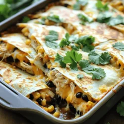 - 2 cups cooked chicken, shredded - 8 large flour tortillas - 2 cups shredded mozzarella cheese - 1 cup shredded cheddar cheese - 1 cup Alfredo sauce - 1 cup black beans, drained and rinsed - 1/2 cup corn (fresh or canned) - 1 small red onion, finely chopped - 1 tablespoon olive oil - 1 teaspoon garlic powder - 1/2 teaspoon cumin - Salt and pepper to taste - Fresh cilantro, for garnish To make the Chicken and Cheese Quesadilla Alfredo Bake, you need fresh and tasty ingredients. The cooked chicken adds protein and flavor. I like to use shredded chicken to mix well with the other ingredients. Flour tortillas form the base and hold everything together. The cheeses give a gooey, cheesy texture. I use mozzarella for its meltiness and cheddar for its sharp taste. Alfredo sauce adds creaminess and richness. Black beans and corn add a nice crunch and sweetness. Red onion brings a mild bite. Don’t forget the seasonings! Garlic powder and cumin add depth. Salt and pepper balance the flavors. Lastly, fresh cilantro makes a bright garnish and adds a pop of color. This dish is not just easy to make; it’s also great for sharing. You can find the Full Recipe in the next section to guide you through the cooking process. To make the filling, start by sautéing the onion and chicken. In a large skillet, heat one tablespoon of olive oil over medium heat. Add the finely chopped red onion. Sauté it for about three to four minutes until it becomes soft and clear. Next, stir in two cups of shredded cooked chicken. Mix in one cup of drained black beans and half a cup of corn. Add one teaspoon of garlic powder, half a teaspoon of cumin, and salt and pepper to taste. Cook this for another two to three minutes until everything is hot. This mixture gives the quesadilla a nice flavor. Now, let’s layer everything in the baking dish. Start by spreading a thin layer of Alfredo sauce at the bottom of a large baking dish. Take four large flour tortillas and lay them on top, overlapping them slightly. Spread half of the chicken mixture evenly over these tortillas. Then, add a generous layer of cheese, mixing both mozzarella and cheddar. Drizzle about one-third cup of Alfredo sauce over the cheese. Next, add another layer of four tortillas, followed by the rest of the chicken mixture and cheese. Repeat the Alfredo sauce drizzle. Lastly, top with four more tortillas, cover them with the remaining Alfredo sauce, and sprinkle the reserved cheese on top. This builds a tasty cheesy crust. Preheat your oven to 375°F (190°C). Place the baking dish in the oven and bake for 25 to 30 minutes. Check for doneness by looking for a bubbly and golden top. Once done, take it out and let it cool for a few minutes. Then, slice it into squares and serve it with fresh cilantro on top. This makes a beautiful dish that everyone will love! For the full recipe, refer to the earlier section. To get the best flavor, use fresh ingredients. The chicken should be juicy and tender. I recommend using rotisserie chicken for quick prep. The black beans and corn add nice texture and taste. For the cheese, mixing mozzarella and cheddar gives a great melt. Mozzarella is stretchy, while cheddar has a sharp bite. To ensure the cheese melts perfectly, shred it yourself. Pre-shredded cheese often contains anti-caking agents that can prevent good melting. When serving, present the dish straight from the baking dish. This keeps it warm and inviting. Cut it into squares for easy serving. I like to garnish with fresh cilantro for a pop of color. Pair your quesadilla bake with sides like salsa or guacamole. A simple green salad can also balance the meal. For a fun twist, serve with tortilla chips for extra crunch. Explore the [Full Recipe] for more details! {{image_2}} You can switch the chicken for other proteins. Ground beef works great. It adds a rich flavor. Shrimp is another tasty choice. Just cook them until they turn pink. If you want a vegetarian option, use black beans or lentils. These options keep the dish hearty and filling. Using different cheeses can change the taste. Try pepper jack for a spicy kick. Gouda will add a smoky flavor. Swiss cheese melts beautifully and tastes great too. Mix and match to find your favorite blend. Each type brings new layers to the dish. Adding vegetables makes this dish even better. Spinach adds a nice color and nutrition. Bell peppers bring sweetness and crunch. Zucchini is mild and absorbs flavors well. You can also add mushrooms for an earthy taste. These veggies keep the dish healthy and colorful. For the full recipe, check the [Full Recipe]. To keep your chicken and cheese quesadilla alfredo bake fresh, store it properly. Allow the dish to cool down first. Then, cover it tightly with plastic wrap or foil. You can also use an airtight container. Store it in the fridge for up to three days. If you want to keep it longer, freeze it. Wrap it well in plastic, then in foil. It can last in the freezer for up to three months. When you're ready to eat, just thaw it in the fridge overnight. Reheating your quesadilla bake is easy. Start by preheating your oven to 350°F (175°C). Place the leftover bake in an oven-safe dish. Cover it with foil to keep it moist. Heat for about 15-20 minutes or until warm. You can also use the microwave. Just place a slice on a microwave-safe plate. Heat it for 1-2 minutes. Check if it's hot all the way through. Enjoy your meal without losing any flavor or texture! Yes, you can prepare this dish ahead of time. To do this, follow these steps: - Assemble the bake: Layer the tortillas, chicken, cheese, and sauce as directed in the recipe. - Cover it: Use plastic wrap or foil to cover the dish tightly. - Refrigerate: Place the covered dish in the fridge for up to 24 hours. - Bake: When ready to cook, remove it from the fridge. Bake at 375°F for 30-35 minutes. This ensures it heats evenly. You can make this quesadilla bake healthier by making a few simple swaps: - Use whole wheat tortillas: This adds fiber and nutrients. - Lean chicken: Choose grilled or baked chicken instead of fried. - Low-fat cheese: Go for reduced-fat mozzarella and cheddar. - Add more veggies: Include spinach or bell peppers for added vitamins and minerals. - Skip the sauce: Use homemade Alfredo sauce or a lighter version to cut calories. Pair this dish with sides that complement its rich flavors: - Fresh salad: A simple green salad with a light vinaigrette balances the dish well. - Salsa or guacamole: These add a zesty kick and fresh taste. - Rice or quinoa: A side of rice or quinoa can make it a complete meal. - Steamed vegetables: Broccoli or green beans are great options for a healthy touch. For the full recipe, be sure to check out the details above. Enjoy your cooking adventure! This blog post explored how to make a delicious Quesadilla Alfredo Bake. We covered key ingredients, from cooked chicken to cheeses and seasonings. I shared step-by-step instructions for preparing, assembling, and baking. Helpful tips for flavor and serving ideas were included, along with tasty variations and storage advice. Remember, you can personalize this dish with different proteins and veggies. Enjoy your cooking journey and create a dish that your family will love!