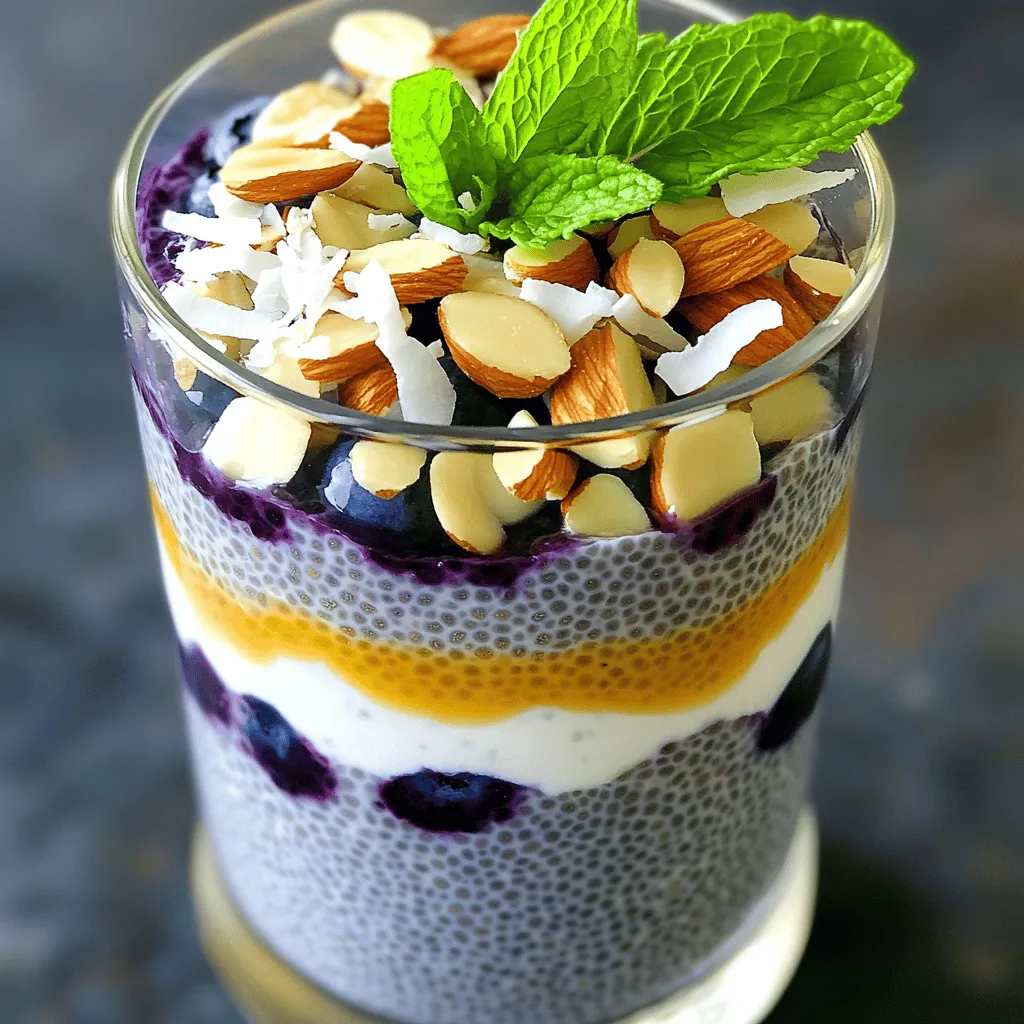 To make this tasty blueberry chia pudding, you need just a few simple items: - 1 cup almond milk (or any milk of your choice) - 1/4 cup chia seeds - 2 tablespoons maple syrup (or honey) - 1 teaspoon vanilla extract - 1 cup fresh blueberries (plus extra for topping) - A pinch of salt Chia seeds are the star here. They soak up the milk and turn into a gel. This gives the pudding a nice, thick texture. Almond milk adds a light, nutty flavor. You can use any milk you like. Maple syrup sweetens it naturally, while vanilla extract adds a warm note. Blueberries bring freshness and a pop of color. You can get creative with toppings! Here are some fun ideas to make your pudding shine: - Sliced almonds - Shredded coconut - Fresh mint leaves These toppings add crunch and flavor. Sliced almonds give a nice nutty bite. Shredded coconut adds a tropical twist. A mint leaf on top makes it look fancy. You can mix and match these to find your favorite combo. If you want to switch things up, try different milk types: - Coconut milk for a creamy texture - Oat milk for a smooth finish - Soy milk for a protein boost Each milk brings its own flavor. Coconut milk makes it rich. Oat milk keeps it light. Soy milk adds more nutrients. Choose the one that suits your taste best. For the full recipe, check the Blueberry Bliss Chia Pudding. Start by grabbing a medium mixing bowl. Pour in 1 cup of almond milk. Then, add 1/4 cup of chia seeds. These tiny seeds are full of fiber and nutrients. Next, mix in 2 tablespoons of maple syrup for sweetness. You can also use honey if you prefer. Add 1 teaspoon of vanilla extract for flavor. Finally, sprinkle in a pinch of salt. Whisk all these ingredients together until smooth. Make sure no lumps remain. Now, it’s time to add the star of the show: blueberries! Gently fold in 1 cup of fresh blueberries. Be careful not to mash them all. You want some whole berries in your pudding. Their juicy burst will make each bite a treat. If you like, you can add more blueberries on top later for a pretty finish. Cover the bowl with plastic wrap. You can also use individual jars if you want. Place it all in the fridge for at least 4 hours. Overnight chilling works best for a thick, creamy texture. When ready, take it out and give it a good stir. If the pudding is too thick, add a splash of almond milk. This will help reach your desired consistency. Serve it in fun bowls or clear glasses. Top with extra blueberries, sliced almonds, shredded coconut, or mint leaves for a beautiful touch. For the full recipe, check out the complete details! To get the best texture for your chia pudding, follow a few easy steps. First, use the right ratio of chia seeds to liquid. A good rule is 1/4 cup of chia seeds for every cup of liquid. Stir the mixture well to prevent clumps. This ensures even absorption. After mixing, let it sit for about 5 minutes. Then, stir again. This step helps break up any clumps that start to form. Finally, chill your pudding for at least four hours. This allows the seeds to expand and create a thick, creamy texture. When it comes to serving your blueberry chia pudding, presentation matters. Use clear glasses to show off the beautiful layers. Top with extra blueberries for color and taste. You can also sprinkle sliced almonds for crunch. A bit of shredded coconut adds a nice touch, too. For a fresh flavor, add mint leaves. You can even drizzle a little maple syrup on top for extra sweetness. This makes your pudding look as good as it tastes. Chia seeds are tiny powerhouses of nutrition. They are high in fiber, which helps digestion. They also provide healthy fats, especially omega-3s. These fats are good for your heart. Blueberries are packed with vitamins and antioxidants. They can help fight inflammation and support your immune system. Together, chia seeds and blueberries make a healthy snack or breakfast option. Enjoying this pudding brings you both taste and health benefits. For the complete recipe, check out the Full Recipe. {{image_2}} You can easily make your blueberry chia pudding dairy-free or vegan. Just use almond milk or coconut milk instead of regular milk. These nut and plant-based options taste great and keep the pudding creamy. You can also swap honey for maple syrup to keep it vegan. This way, you enjoy the same delightful treat without animal products. Mixing flavors is fun! You can add a banana for natural sweetness. Or, try a dash of cinnamon for warmth. If you want a tropical twist, add some pineapple or mango. Vanilla extract gives a lovely aroma. Each new flavor adds a special touch to your pudding. Making a layered parfait is simple and pretty. Start by spooning a layer of blueberry chia pudding into a clear glass. Next, add a layer of fresh blueberries. Then, repeat the layers until you reach the top. Finish with a sprinkle of sliced almonds or coconut. This makes your dessert look fancy and inviting. For the full recipe, check out the Blueberry Bliss Chia Pudding. Enjoy! Store any leftover blueberry chia pudding in an airtight container. This keeps it fresh and safe. You can use jars or bowls with lids. Make sure to seal them well. If you plan to eat it later, place it in the fridge right away. Blueberry chia pudding lasts about five days in the fridge. After that, it may lose its taste and texture. Always check for any odd smells or signs of spoilage. If it looks or smells bad, it’s best to toss it. You don’t need to heat this pudding, as it tastes great cold. If it seems too thick after storage, add a little milk. Stir well to mix it back to your desired creaminess. Enjoy your pudding as a cool snack or breakfast treat! You can find the full recipe for this delicious dish above. Chia seeds are small but mighty. They are rich in omega-3 fatty acids. These good fats help your heart and brain stay healthy. Chia seeds also have a lot of fiber. This fiber keeps your tummy happy and helps with digestion. Plus, they are full of protein, which helps build muscles. You will also find important minerals like calcium and magnesium in chia seeds. These minerals support bone health. Eating chia seeds can also help you feel full longer. This makes them great for snacks or meals. Yes, you can use frozen blueberries! They work well in your chia pudding. Frozen blueberries are picked at their peak ripeness. This means they have great flavor and nutrients. When using frozen berries, you do not need to thaw them first. Just add them straight to the mix. They will soften as the pudding chills. Keep in mind, they may change the color a bit. You will still enjoy a tasty treat. Your Blueberry Chia Pudding can last up to five days in the fridge. Just make sure you store it in an airtight container. This keeps it fresh and prevents any strong smells from other foods. Before eating, give it a good stir. If it seems too thick, add a splash of milk. This will bring back its creamy texture. Enjoy your pudding throughout the week! For the full recipe, check out Blueberry Bliss Chia Pudding. Blueberry chia pudding is easy and fun to make. We covered key ingredients, milk choices, and tasty toppings. I shared how to mix, chill, and enjoy the pudding, along with tips for the best texture. You can create many variations to match your taste. Plus, I explained how to store it correctly. Try this recipe for a quick snack or breakfast. Enjoy the health benefits of blueberries and chia seeds while having a delicious treat. Your taste buds will thank you!