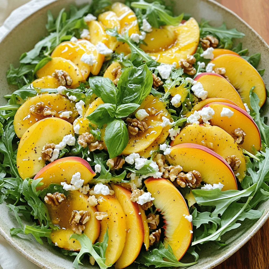 To make the peach salad with honey dressing, gather these items: - 3 ripe peaches, sliced - 2 cups arugula or mixed greens - 1/4 cup crumbled feta cheese - 1/4 cup walnuts, toasted and roughly chopped - 1 tablespoon fresh basil, finely chopped - 1 tablespoon fresh mint, finely chopped - 2 tablespoons honey - 1 tablespoon olive oil - 1 tablespoon apple cider vinegar - Salt and pepper to taste You can change the salad to fit your taste! Here are some ideas: - Use goat cheese instead of feta for a creamier texture. - Swap walnuts for pecans or almonds for a different crunch. - Add sliced strawberries or blueberries for extra sweetness. - Toss in some grilled chicken or shrimp for added protein. - Use spinach or kale instead of arugula for a heartier base. This peach salad is not just tasty; it's good for you too! Here’s a quick look at the nutrition: - Calories: Approximately 200 per serving - Protein: About 6 grams - Fat: Roughly 12 grams (healthy fats from olive oil and nuts) - Carbohydrates: Around 20 grams (mainly from fruit and greens) - Fiber: About 3 grams (great for digestion) The salad provides a refreshing mix of vitamins and minerals. The peaches offer vitamin C, while the greens add iron and calcium. The nuts give you healthy fats and protein. Enjoy a bowl of this salad for a light, healthy meal! For the full recipe, check out the Peach Paradise Salad section. To make the honey dressing, gather your ingredients. You need honey, olive oil, apple cider vinegar, salt, and pepper. In a small bowl, add two tablespoons of honey. Pour in one tablespoon of olive oil. Next, add one tablespoon of apple cider vinegar. Sprinkle in a pinch of salt and some pepper. Whisk the mix until it blends well. This dressing adds a sweet and tangy flavor to your salad. Now, let’s build our salad. Start with a large salad bowl. Place two cups of arugula or mixed greens at the bottom. This will be your fresh base. Next, take three ripe peaches and slice them. Arrange the peach slices on top of the greens. This adds color and sweetness. Then, add a quarter cup of crumbled feta cheese. This cheese gives a creamy taste. Sprinkle a quarter cup of toasted walnuts over everything. They add a nice crunch. For a fresh kick, sprinkle one tablespoon of finely chopped basil and one tablespoon of finely chopped mint. These herbs enhance the salad’s flavor. When it’s time to serve, drizzle the honey dressing over the salad. Do this just before serving to keep the greens crisp. Gently toss the salad to mix all the flavors. Take care not to bruise the peaches. Taste your salad and adjust the salt or pepper if needed. For a beautiful presentation, serve it in a large, shallow bowl. This lets the bright colors shine. You can also garnish with a few extra peach slices and a sprig of basil on top. This adds an extra touch of elegance. For the full recipe, check out the detailed instructions above. When picking peaches, look for ones that feel soft but not mushy. The color should be bright, with a hint of yellow or cream. If you smell a sweet peach aroma, you’ve found a good one! Avoid peaches with dark spots or wrinkles. These signs show that the fruit may be overripe. Fresh peaches are the star of this salad, so choose wisely. To make your peach salad even more tasty, try adding other fruits. Sliced strawberries or blueberries add a nice burst of sweetness. You can also mix in nuts like almonds or pecans for a crunchy texture. If you want a zesty twist, consider adding a squeeze of lemon juice. Fresh herbs like cilantro or dill can also brighten the flavors. Experiment to find your favorite mix! You can prep parts of this salad ahead of time. Make the honey dressing and store it in the fridge. Slice the peaches just before serving to keep them fresh. If you want to save time, wash and dry the greens in advance. When it’s time to eat, toss everything together. This keeps the salad crisp and delightful. Remember, fresh ingredients shine best in this dish. For the full recipe, check the previous section! {{image_2}} Adding protein to your peach salad makes it heartier. Grilled chicken or shrimp works well. You can also use chickpeas for a plant-based choice. Simply toss them in with the greens. If you like fish, try flaked salmon or tuna. They add a nice touch of flavor and texture. If you have food allergies or preferences, there are great substitutes. For dairy-free options, use a dairy-free cheese. Nutritional yeast can add a cheesy flavor without the dairy. If you are nut-free, replace walnuts with sunflower seeds. They add crunch without the risk of allergens. Use seasonal fruits to keep your salad fresh. In the fall, swap peaches for apples or pears. In winter, try citrus fruits like oranges or grapefruits. These fruits add bright flavors and colors. You can also change the greens. Use kale or spinach in cooler months for extra nutrients. Check the Full Recipe for all the tasty ideas. To keep your peach salad fresh, store it properly. Use an airtight container. This helps prevent air from making the salad soggy. If you have leftover dressing, store it in a separate jar. This way, you can dress the salad just before serving. Keep the salad in the fridge. The cold temperature helps maintain its crispness. If you know you will not eat it all at once, wait to add the dressing. Add the honey dressing right before serving. This keeps the greens bright and crunchy. If you have leftover salad, use it in other dishes. Try adding it to a wrap or sandwich. You can also mix it into a grain bowl. Just remember, salads do not reheat well. Enjoy them fresh for the best taste! For the full recipe, check out the Peach Paradise Salad. Yes, you can use canned peaches. Choose peaches packed in juice or water. Drain them well before using. Fresh peaches offer a better texture and flavor, but canned peaches work in a pinch. To make this salad vegan, skip the feta cheese. You can replace it with avocado for creaminess. Use maple syrup instead of honey for the dressing. This way, you keep the flavors bright and fresh. This salad pairs well with grilled chicken or fish. It also works great as a side to a light sandwich. A bowl of quinoa or couscous can add heartiness. For a complete meal, try serving it with a refreshing soup. You can find the full recipe in the main article. This blog post covered all you need to know about salad making. I shared ingredients, tips, and different ways to enjoy your salad. You learned how to prepare a honey dressing and assemble everything beautifully. Remember, fresh peaches and flavor combos make a big difference. Store leftovers properly to keep them fresh. Try different protein options or seasonal swaps to fit your needs. Enjoy creating your delicious salad. With these ideas, you’ll impress anyone who tries it. Happy cooking!