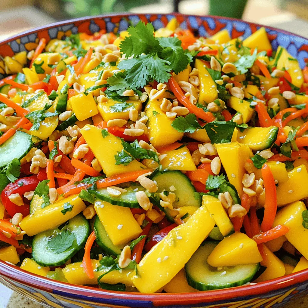 - 2 ripe mangoes, peeled and julienned - 1 cup shredded carrots - 1 red bell pepper, thinly sliced - 1 cucumber, julienned - 1/4 cup fresh cilantro, chopped - 1/4 cup roasted peanuts, crushed - 2 tablespoons sesame oil - 2 tablespoons lime juice - 1 tablespoon fish sauce (or soy sauce for vegetarian) - 1 tablespoon honey or agave syrup - 1 red chili, finely chopped (optional for heat) - Salt and pepper to taste This salad is not just tasty; it’s good for you too! Each serving is packed with vitamins and minerals. Mango provides vitamin C, while carrots add beta carotene. The peanuts give you protein and healthy fats. If you want to know the exact breakdown, check a reliable nutrition site for more details. Make sure to check for allergens. This dish contains peanuts and fish sauce. You can use soy sauce to keep it vegetarian. Enjoy this fresh delight by using the full recipe. It’s a great way to eat healthy and enjoy a burst of flavors! To start, you need to julienne the mangoes, carrots, and cucumber. For mangoes, slice the fruit lengthwise, avoiding the pit. Then, cut thin strips. For carrots, use a peeler to get a nice thin layer, then slice into long pieces. For cucumber, cut it in half lengthwise and slice into thin strips. When it comes to the red bell pepper, first cut it in half, removing the seeds. Then, slice it into thin strips. This adds a nice crunch and color to your salad. Here are the ingredients for the dressing: - 2 tablespoons sesame oil - 2 tablespoons lime juice - 1 tablespoon fish sauce (or soy sauce for vegetarian) - 1 tablespoon honey or agave syrup - 1 red chili, finely chopped (optional for heat) To make the dressing, whisk together the sesame oil, lime juice, fish sauce, honey, and chopped chili in a small bowl. Mix well until everything is combined. In a large bowl, combine the julienned mangoes, shredded carrots, sliced bell pepper, and cucumber. Toss gently to mix the salad components. Now, pour the dressing over the salad. Toss everything gently to coat all the ingredients. Season with salt and pepper to taste. Allow the salad to sit for about 10 minutes. This lets the flavors meld together nicely. Just before serving, fold in the chopped cilantro and crushed roasted peanuts for a delightful crunch. Enjoy this fresh and flavorful delight! You can find the full recipe in the previous section. How to select the perfect mangoes Choose ripe mangoes for your salad. Look for mangoes that are slightly soft when you press them gently. They should have a sweet smell. Avoid mangoes with dark spots or wrinkles. The best mangoes for salad are the ones that are juicy and full of flavor. Timing for serving to maintain freshness Serve your Thai mango salad right after you make it. This keeps the veggies crunchy and bright. If you need to prepare it early, wait to add the cilantro and peanuts until just before serving. This way, your salad stays fresh and tasty. What to avoid when combining ingredients Avoid mixing too many strong flavors. This can make the salad taste confusing. Stick to the ingredients in the recipe for a balanced flavor. Make sure that the mangoes are the star of the dish. They should shine through! Tips for adjusting seasoning levels Start with a little salt and pepper, then taste. You can always add more, but you can't take it out. If the salad is too tart, add a bit more honey or agave syrup. This will help balance the flavors and make it taste just right. Creative ways to serve Thai mango salad Serve your salad in a colorful bowl for a fun look. You can also use clear glass bowls to show off the layers. For an elegant touch, place the salad on lettuce leaves. This adds a nice crunch and makes it look fancy. Garnishing suggestions for visual appeal Garnish your salad with extra cilantro and crushed peanuts. This adds color and texture. You can also sprinkle some sesame seeds on top for a nice touch. A few slices of red chili can add a pop of color and spice, too! For the full recipe, check out the detailed instructions above. {{image_2}} You can switch out mangoes for other fruits. Try using ripe peaches or pears. These fruits add a sweet touch but change the flavor. Adding protein makes the salad heartier. You can include grilled chicken, shrimp, or tofu. Cook the protein first and slice it thin. Toss it into the salad for a filling meal. To make the salad fully vegan, skip the fish sauce. Use soy sauce or coconut aminos instead. These are great for flavor without animal products. For added spice, consider using fresh herbs. Cilantro and mint bring a fresh taste. You can also add lime zest for a zesty kick. Different cultures have their own twists on mango salad. In Vietnam, for example, they add fresh herbs and peanuts. You can try this for a new flavor. You can also incorporate local ingredients. If you live near a farmer’s market, look for seasonal fruits. Adjust the recipe to include what you find fresh. This makes the dish unique and fun to prepare. For the full recipe, visit the earlier section. To store leftovers of Thai mango salad, place it in an airtight container. This keeps the salad fresh and prevents it from drying out. Keep the salad in the fridge. If you want to keep the ingredients crisp, store the dressing separately and mix it just before serving. Thai mango salad is best served cold. There’s no need to reheat it. When stored properly in the fridge, the salad stays fresh for about 2 to 3 days. Keep an eye on the ingredients for any signs of wilting. You should not freeze Thai mango salad. Freezing changes the texture of the mangoes and other veggies. If you need to save some, consider freezing the dressing only. When ready to use, thaw the dressing in the fridge overnight before adding it to fresh ingredients. This keeps the flavors intact. What is a good substitute for fish sauce? You can use soy sauce as a great substitute for fish sauce. It adds salt and umami. If you want a similar flavor and are vegan, use tamari. This keeps the taste while avoiding fish. How do I make Thai mango salad spicier? To add heat, you can include more red chili. You can also use chili flakes or Sriracha. Start with small amounts to find your desired heat level. Can I prepare the salad in advance? Yes, you can prepare the salad ahead of time. Just keep the dressing separate. Mix it in just before serving for the best flavor and crunch. Best dishes to serve alongside Thai mango salad Thai mango salad pairs well with grilled chicken or shrimp. It also complements spicy Thai curries. Serve it with rice for a complete meal. Ideal occasions for serving the salad This salad is perfect for summer picnics or barbecues. It works well for dinner parties too. Fresh and bright, it adds a fun touch to any meal. Is this recipe gluten-free? The recipe is gluten-free if you use gluten-free soy sauce. Regular fish sauce is also gluten-free. Always check labels for hidden gluten in packaged items. Nut-free options for allergies To make this salad nut-free, skip the peanuts. You can use sunflower seeds for a crunchy texture instead. This keeps it tasty while being safe for nut allergies. This Thai mango salad highlights fresh and vibrant ingredients that excite your taste buds. You learned how to prepare each component and make a tasty dressing. I shared tips to avoid common mistakes and presented fun variations to suit your needs. Remember to store leftovers properly and enjoy them fresh. With this salad, you can explore flavors and make it your own! Whether it's a snack, side, or main dish, this recipe brings joy to any meal.