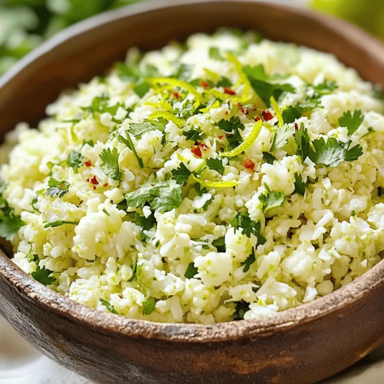 - 1 medium head of cauliflower, grated or riced - 2 tablespoons olive oil - 1 clove garlic, minced Cilantro lime cauliflower rice starts with fresh cauliflower. I love using a medium head, as it provides just the right amount. You can either grate it or use a food processor to get that perfect rice-like texture. The olive oil adds a nice richness, while minced garlic brings a punch of flavor. - Zest and juice of 1 lime - 1/4 cup fresh cilantro, chopped - Salt and pepper to taste Lime is the star here. The zest and juice brighten up the dish. Fresh cilantro adds a vibrant touch and balances the flavors. Don't forget to season with salt and pepper to bring everything together. - 1/4 teaspoon cumin - 1/4 teaspoon chili flakes If you want a bit more depth, consider adding cumin. It gives a warm, earthy note. Chili flakes can add some heat if you like spice. These additions are optional, but they can elevate the dish even further. For the full recipe, check out the details above. - Remove leaves and stem - Grate or rice the cauliflower Start by taking a medium head of cauliflower. Carefully remove the green leaves and tough stem. Cut the cauliflower into quarters. Now, you can use a box grater or a food processor. Grate or pulse until it looks like rice. This is your base for the dish. - Heat olive oil in a skillet - Sauté minced garlic Next, grab a large skillet and pour in two tablespoons of olive oil. Heat it over medium heat. Once hot, add one clove of minced garlic. Cook it for about 30 seconds. Watch it closely so it doesn’t burn. You want it fragrant and golden, not brown. - Add riced cauliflower to the skillet - Stir in lime juice and cilantro After the garlic is ready, toss in the riced cauliflower. Stir it well and let it cook for 5 to 7 minutes. You want the cauliflower tender but still crunchy. Once done, take the skillet off the heat. Now, add the zest and juice of one lime, along with 1/4 cup of chopped cilantro. Mix everything until well combined. Add salt and pepper to taste. Enjoy this fresh and zesty side dish! For the full recipe, check out the details. To get the best flavor from your cilantro lime cauliflower rice, always use fresh ingredients. Fresh cauliflower, cilantro, and lime juice make a big difference. If you want a stronger taste, adjust the seasonings based on your preference. You can add more lime juice or salt to create a bolder flavor. To ensure a perfect texture, cook the cauliflower just right. Aim for a slight crunch in each bite. This keeps the dish vibrant and fresh. Also, be careful when cooking garlic. Burning it can ruin the taste. Sauté it for about 30 seconds until fragrant, then add the cauliflower. Cilantro lime cauliflower rice pairs well with proteins. Try it with grilled chicken, shrimp, or tofu for a complete meal. You can also serve it as a healthy side dish. It complements tacos, burritos, or any dish needing a fresh touch. For the full recipe, check out the details above. {{image_2}} You can make cilantro lime cauliflower rice even more exciting. Try adding different herbs like parsley or basil. These herbs add fresh notes that brighten the dish. You can also incorporate spices like smoked paprika. This spice brings a warm, smoky flavor that pairs well with the lime. Experimenting with flavor can lead to new favorites. Cilantro lime cauliflower rice is not just a side dish; it can be a meal. You can use it as a base with various proteins. Grilled chicken, shrimp, or tofu all work great. You can also top it with green onions or a dollop of yogurt. This adds creaminess and a nice crunch. Mixing in your favorite toppings makes it a fun and filling dish. This recipe is already a low-carb option, but you can enhance it further. Try using other vegetables like broccoli instead of cauliflower. Broccoli provides a different taste and texture. You can also combine it with quinoa for added texture. Quinoa is packed with protein and makes the meal heartier. These variations keep your meals interesting and nutritious. For the complete recipe, check out the [Full Recipe]. To keep your cilantro lime cauliflower rice fresh, refrigerate leftovers right away. Place the rice in an airtight container. This will help keep out moisture and odors. You can store it for up to three days in the fridge. If you see any signs of spoilage, like a weird smell or color, toss it out. You can also freeze cilantro lime cauliflower rice for later use. To freeze, let it cool completely. Then, scoop it into freezer bags or containers. Flatten the bags to save space. For best quality, use it within two months. When it's time to eat, you can reheat your rice easily. Use the microwave for quick heating. Heat it in short bursts, stirring between, so it warms evenly. You can also reheat it on the stovetop. Add a splash of water or oil to keep it moist. This way, it stays fluffy and tasty. Cilantro lime cauliflower rice is a fresh, zesty side dish. It uses riced cauliflower instead of traditional rice. The flavors come from lime juice and fresh cilantro, giving it a bright taste. This dish is low-carb and full of nutrients. It makes a great base for many meals. Yes, you can use frozen cauliflower. Just make sure to thaw it first. Drain any excess moisture before cooking. This helps keep the dish from becoming soggy. Frozen riced cauliflower is quick and easy. It’s a great time-saver for busy days. In the fridge, this dish lasts about 3 to 5 days. Store it in an airtight container for the best results. If you want to keep it longer, freeze it. It can stay fresh in the freezer for up to 2 months. Just remember to label the container. Absolutely! Making it ahead is a smart meal prep idea. Cook the dish, let it cool, and store it in the fridge. You can also freeze it for later. When you’re ready to eat, just reheat it gently. This way, you always have a fresh side ready to go. For the full recipe, check out the details above. Cilantro lime cauliflower rice is easy and tasty. You learned about the main ingredients, flavor enhancers, and tips for cooking and storing. Using fresh produce boosts the flavor, while optional spices add fun variety. You can enjoy this dish as a side or main course. Remember, it's not just healthy but also versatile. Get creative with your recipes and enjoy your cooking!