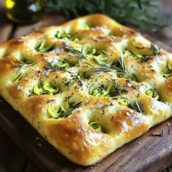 - 2 cups all-purpose flour - 1 cup grated zucchini (squeeze out excess moisture) - 1 cup warm water (about 110°F/43°C) - 2 teaspoons active dry yeast - 1 tablespoon honey - 1/4 cup olive oil (plus extra for drizzling) - 1 teaspoon salt - 1 tablespoon fresh rosemary, chopped - 1 tablespoon fresh thyme, chopped - Sea salt (for topping) - Cracked black pepper (for topping) Gather these ingredients before you start. Each one plays a key role in making this focaccia special. The zucchini adds moisture and nutrition. The herbs bring fresh flavor. - Calories per serving: About 150-200 calories - Macronutrient breakdown: Around 30g carbs, 5g protein, 6g fats - Health benefits of zucchini and herbs: Zucchini is low in calories and high in vitamins. Rosemary and thyme add antioxidants. They may help boost your immune system and improve digestion. Using these fresh ingredients makes your focaccia not just tasty, but also good for you. Want to learn more? Check the Full Recipe for deeper insights! - Activate the yeast: Start by mixing warm water, yeast, and honey in a small bowl. Let it sit for 5-10 minutes until it froths. This means your yeast is ready. - Mix dry ingredients: In a large bowl, combine flour, salt, grated zucchini, and fresh herbs. Stir them well to spread the flavors evenly. - Combine wet and dry ingredients: Pour the frothy yeast mix and olive oil into the dry ingredients. Stir until the dough starts to form. - Kneading technique: Turn the dough onto a floured surface. Knead it for 5-7 minutes. You want it smooth and elastic. - First rise process: Place the kneaded dough in a greased bowl. Cover it with a damp cloth. Let it rise in a warm spot for about 1 hour, or until it doubles in size. - Shaping the focaccia: Preheat your oven to 425°F (220°C). Punch down the risen dough and move it to a greased baking sheet. Stretch and press the dough to fit. - Creating dimples and toppings: Use your fingers to make small dimples in the dough. Drizzle olive oil over it, letting it soak into the dimples. - Baking time and temperature: Sprinkle sea salt and cracked black pepper on top. Let the dough rest for another 20-30 minutes. Then bake for 20-25 minutes until golden brown. For the full recipe, refer to the instructions above. Enjoy the delicious aroma while your focaccia bakes! For great focaccia, kneading is key. Use your palms to push the dough away. Fold it back and turn it. Do this for about 5-7 minutes. The dough should feel smooth and elastic when done. To know your dough has risen enough, look for size. It should double in volume. You can gently poke it with your finger. If it springs back slowly, it's ready. To make your focaccia even better, try adding herbs. Fresh basil, oregano, or parsley work well. You can also add garlic for a nice aroma. Cheese like feta or Parmesan can bring rich flavor too. For a twist, consider topping it with sun-dried tomatoes or olives. These add a savory touch that complements the herbs nicely. When it's time to slice your focaccia, use a sharp knife. Cut it into squares for easy serving. A serrated knife works best for this task. For serving, pair it with olive oil for dipping. You can also serve it with a fresh salad or soup. This focaccia tastes amazing warm, so enjoy it fresh from the oven. For the full recipe, check out Zucchini Herb Focaccia 🥒. {{image_2}} You can make your focaccia even more tasty. Try adding olives or sun-dried tomatoes. Just chop them up and mix them into the dough. This gives a nice salty flavor in every bite. You can also add cheese to your focaccia. Feta or mozzarella works great. Crumble feta on top or mix in small mozzarella balls. Both options make your bread creamy and rich. If you need a gluten-free option, use almond flour or gluten-free all-purpose flour. These flours change the texture a bit. You may need extra liquid to keep the dough moist. Be sure to check your flour's package for specific instructions. This way, your focaccia stays soft and flavorful. Seasonal vegetables can change your focaccia game. In summer, add fresh tomatoes or bell peppers. In fall, try butternut squash or kale. Each season brings new tastes to enjoy. Pair herbs with the seasons, too. Use basil in summer and sage in fall. This keeps your focaccia fresh and exciting all year long. For the full recipe, check out the details above! To keep your Zucchini Herb Focaccia fresh, store it at room temperature. Place it in a bread bag or wrap it in plastic wrap. This helps keep moisture in while preventing it from getting too hard. Avoid storing it in the fridge, as this can make the bread dry out quickly. If you want to save some for later, you can freeze focaccia. Slice it into pieces first, so you can take out just what you need. Wrap each piece in plastic wrap and then place them in a freezer bag. This will help prevent freezer burn. When you're ready to enjoy it again, simply reheat it in the oven at 350°F (175°C) for about 10-15 minutes. This will bring back its crispy crust and soft inside. Zucchini Herb Focaccia stays fresh for about 3-4 days at room temperature. After that, it may start to lose its flavor and texture. Check for signs of spoilage, like mold or an off smell. If you notice any, it’s best to toss it out. Enjoy this delightful bread fresh for the best taste! Yes, you can try different flours! Here are some options: - Whole Wheat Flour: This adds a nutty taste but makes the bread denser. - Bread Flour: This gives a chewier texture due to more gluten. - Gluten-Free Flour: Use a blend made for baking. It helps keep the lightness. Each flour gives a unique flavor and feel. Experiment to find your favorite! Zucchini herb focaccia pairs well with many items: - Olive Oil and Balsamic Vinegar: A simple dip that enhances flavor. - Hummus: Creamy and rich, it complements the bread well. - Soups: Tomato or vegetable soups are great choices. - Salads: A fresh green salad brightens up the meal. These sides help you enjoy the focaccia even more! To make your focaccia fluffier, focus on hydration and rising: - Use more water: A wetter dough leads to a lighter bread. - Longer rising time: Let the dough rise until it doubles in size for a fluffier texture. - Knead well: This develops gluten, which helps with the rise. These tips will help you achieve that perfect fluffy focaccia! For the complete Zucchini Herb Focaccia recipe, check out the Full Recipe. You learned how to make tasty Zucchini Herb Focaccia step by step. We covered ingredients, instructions, helpful tips, variations, and storage tips. You now know how to create this delicious bread and make it your own. Remember, focus on simple techniques. Enjoy the flavors of fresh herbs and zucchini. With practice, your focaccia will impress everyone. Dive in and make your perfect loaf today!