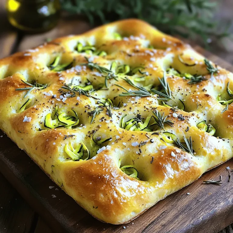 - 2 cups all-purpose flour - 1 cup grated zucchini (squeeze out excess moisture) - 1 cup warm water (about 110°F/43°C) - 2 teaspoons active dry yeast - 1 tablespoon honey - 1/4 cup olive oil (plus extra for drizzling) - 1 teaspoon salt - 1 tablespoon fresh rosemary, chopped - 1 tablespoon fresh thyme, chopped - Sea salt (for topping) - Cracked black pepper (for topping) Gather these ingredients before you start. Each one plays a key role in making this focaccia special. The zucchini adds moisture and nutrition. The herbs bring fresh flavor. - Calories per serving: About 150-200 calories - Macronutrient breakdown: Around 30g carbs, 5g protein, 6g fats - Health benefits of zucchini and herbs: Zucchini is low in calories and high in vitamins. Rosemary and thyme add antioxidants. They may help boost your immune system and improve digestion. Using these fresh ingredients makes your focaccia not just tasty, but also good for you. Want to learn more? Check the Full Recipe for deeper insights! - Activate the yeast: Start by mixing warm water, yeast, and honey in a small bowl. Let it sit for 5-10 minutes until it froths. This means your yeast is ready. - Mix dry ingredients: In a large bowl, combine flour, salt, grated zucchini, and fresh herbs. Stir them well to spread the flavors evenly. - Combine wet and dry ingredients: Pour the frothy yeast mix and olive oil into the dry ingredients. Stir until the dough starts to form. - Kneading technique: Turn the dough onto a floured surface. Knead it for 5-7 minutes. You want it smooth and elastic. - First rise process: Place the kneaded dough in a greased bowl. Cover it with a damp cloth. Let it rise in a warm spot for about 1 hour, or until it doubles in size. - Shaping the focaccia: Preheat your oven to 425°F (220°C). Punch down the risen dough and move it to a greased baking sheet. Stretch and press the dough to fit. - Creating dimples and toppings: Use your fingers to make small dimples in the dough. Drizzle olive oil over it, letting it soak into the dimples. - Baking time and temperature: Sprinkle sea salt and cracked black pepper on top. Let the dough rest for another 20-30 minutes. Then bake for 20-25 minutes until golden brown. For the full recipe, refer to the instructions above. Enjoy the delicious aroma while your focaccia bakes! For great focaccia, kneading is key. Use your palms to push the dough away. Fold it back and turn it. Do this for about 5-7 minutes. The dough should feel smooth and elastic when done. To know your dough has risen enough, look for size. It should double in volume. You can gently poke it with your finger. If it springs back slowly, it's ready. To make your focaccia even better, try adding herbs. Fresh basil, oregano, or parsley work well. You can also add garlic for a nice aroma. Cheese like feta or Parmesan can bring rich flavor too. For a twist, consider topping it with sun-dried tomatoes or olives. These add a savory touch that complements the herbs nicely. When it's time to slice your focaccia, use a sharp knife. Cut it into squares for easy serving. A serrated knife works best for this task. For serving, pair it with olive oil for dipping. You can also serve it with a fresh salad or soup. This focaccia tastes amazing warm, so enjoy it fresh from the oven. For the full recipe, check out Zucchini Herb Focaccia 🥒. {{image_2}} You can make your focaccia even more tasty. Try adding olives or sun-dried tomatoes. Just chop them up and mix them into the dough. This gives a nice salty flavor in every bite. You can also add cheese to your focaccia. Feta or mozzarella works great. Crumble feta on top or mix in small mozzarella balls. Both options make your bread creamy and rich. If you need a gluten-free option, use almond flour or gluten-free all-purpose flour. These flours change the texture a bit. You may need extra liquid to keep the dough moist. Be sure to check your flour's package for specific instructions. This way, your focaccia stays soft and flavorful. Seasonal vegetables can change your focaccia game. In summer, add fresh tomatoes or bell peppers. In fall, try butternut squash or kale. Each season brings new tastes to enjoy. Pair herbs with the seasons, too. Use basil in summer and sage in fall. This keeps your focaccia fresh and exciting all year long. For the full recipe, check out the details above! To keep your Zucchini Herb Focaccia fresh, store it at room temperature. Place it in a bread bag or wrap it in plastic wrap. This helps keep moisture in while preventing it from getting too hard. Avoid storing it in the fridge, as this can make the bread dry out quickly. If you want to save some for later, you can freeze focaccia. Slice it into pieces first, so you can take out just what you need. Wrap each piece in plastic wrap and then place them in a freezer bag. This will help prevent freezer burn. When you're ready to enjoy it again, simply reheat it in the oven at 350°F (175°C) for about 10-15 minutes. This will bring back its crispy crust and soft inside. Zucchini Herb Focaccia stays fresh for about 3-4 days at room temperature. After that, it may start to lose its flavor and texture. Check for signs of spoilage, like mold or an off smell. If you notice any, it’s best to toss it out. Enjoy this delightful bread fresh for the best taste! Yes, you can try different flours! Here are some options: - Whole Wheat Flour: This adds a nutty taste but makes the bread denser. - Bread Flour: This gives a chewier texture due to more gluten. - Gluten-Free Flour: Use a blend made for baking. It helps keep the lightness. Each flour gives a unique flavor and feel. Experiment to find your favorite! Zucchini herb focaccia pairs well with many items: - Olive Oil and Balsamic Vinegar: A simple dip that enhances flavor. - Hummus: Creamy and rich, it complements the bread well. - Soups: Tomato or vegetable soups are great choices. - Salads: A fresh green salad brightens up the meal. These sides help you enjoy the focaccia even more! To make your focaccia fluffier, focus on hydration and rising: - Use more water: A wetter dough leads to a lighter bread. - Longer rising time: Let the dough rise until it doubles in size for a fluffier texture. - Knead well: This develops gluten, which helps with the rise. These tips will help you achieve that perfect fluffy focaccia! For the complete Zucchini Herb Focaccia recipe, check out the Full Recipe. You learned how to make tasty Zucchini Herb Focaccia step by step. We covered ingredients, instructions, helpful tips, variations, and storage tips. You now know how to create this delicious bread and make it your own. Remember, focus on simple techniques. Enjoy the flavors of fresh herbs and zucchini. With practice, your focaccia will impress everyone. Dive in and make your perfect loaf today!