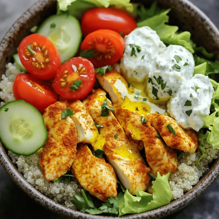 To make easy chicken shawarma bowls, you need these key ingredients: - 1 pound chicken breast, sliced into thin strips - 2 tablespoons olive oil - 1 tablespoon ground cumin - 1 tablespoon ground paprika - 1 teaspoon ground turmeric - 1 teaspoon garlic powder - 1 teaspoon ground cinnamon - Salt and pepper to taste - 1 cup cooked quinoa or brown rice - 1 cup cherry tomatoes, halved - 1 cucumber, diced - 1 cup lettuce, shredded - ¼ cup hummus - ¼ cup tzatziki sauce - Fresh parsley, chopped (for garnish) These ingredients create a flavorful and filling meal. The spices give the chicken a warm, rich taste. Quinoa or rice makes a hearty base. You can add optional ingredients to boost the flavor: - Red onion, thinly sliced - Bell peppers, diced - Feta cheese, crumbled - Olives, sliced These additions bring more taste and texture. Red onion adds sharpness. Bell peppers add sweetness. Feta and olives give a salty kick. Garnishing your dish can elevate it. Fresh herbs make a big difference. Try these garnishes: - Fresh mint, chopped - Cilantro, chopped - Lemon wedges Mint and cilantro add freshness. Lemon wedges give a bright zing. Use these for a colorful finish to your bowls. For the full recipe, check out the complete instructions. Enjoy crafting your delicious chicken shawarma bowls! First, grab a large bowl. Place the sliced chicken inside. Add olive oil, ground cumin, paprika, turmeric, garlic powder, cinnamon, salt, and pepper. Mix everything well. You want the chicken to be coated in spices. This step makes sure each bite is flavorful. Now, heat a large skillet over medium-high heat. Once hot, add the marinated chicken strips. Cook for about 7-10 minutes. Stir the chicken often to avoid sticking. You want it cooked through and slightly browned. While the chicken cooks, prepare quinoa or brown rice. Cook it according to the package directions. This will be the base of your bowl. Once the chicken is ready, it’s time to build your bowls. Start with a layer of quinoa or brown rice in each bowl. Next, add the sautéed chicken on top. Now, add halved cherry tomatoes, diced cucumber, and shredded lettuce. These fresh toppings add crunch and color. Finally, top each bowl with a scoop of hummus and tzatziki sauce. This gives extra creaminess and flavor. A sprinkle of fresh parsley makes it pop. Enjoy your delicious Easy Chicken Shawarma Bowls! For the full recipe, check below. To boost the taste, marinate the chicken overnight. This allows the spices to soak in. If you’re short on time, even 30 minutes will help. Use a mix of olive oil, cumin, and paprika for a great base. The spices create a warm flavor that shines through. For a zesty twist, add lemon juice to the marinade. It brightens the dish and adds freshness. Cook the chicken on medium-high heat. This helps it brown nicely without drying out. Stir the chicken often to cook it evenly. You want it to be juicy and tender. If using a skillet, avoid crowding the pan. Too much chicken at once can lead to steaming instead of searing. This will keep the chicken from getting that nice, crisp edge. Make your bowls look great by arranging the ingredients in sections. Start with a layer of quinoa or rice. Then, add the chicken in one area and the veggies in others. Use colorful ingredients like cherry tomatoes and cucumber to make it pop. Top each bowl with a dollop of hummus and tzatziki sauce. Finally, sprinkle fresh parsley on top for a burst of color. For an extra treat, serve lemon wedges to squeeze over the dish. This adds a zesty kick that enhances the flavors. Enjoy your meal! {{image_2}} If you want a meatless meal, try using chickpeas or tofu. Both options soak up flavors well. For chickpeas, use one can, drained and rinsed. For tofu, press it to remove extra moisture before cooking. Season them with the same spices as the chicken. They will add protein and taste to your bowl. While quinoa or brown rice works great, you can also use other grains. Try bulgur wheat or farro for a nutty flavor. If you want something gluten-free, use cauliflower rice. Each grain brings a different taste and texture, making your bowl unique. The sauces can change your meal's taste quickly. Besides hummus and tzatziki, you can use tahini or spicy harissa. For a fresh kick, add a squeeze of lemon juice. Each sauce will give your bowl a new twist and make it exciting. Check out the Full Recipe for more ideas! You can store leftover chicken shawarma bowls in the fridge. Place the bowls in airtight containers. They will stay fresh for up to three days. When you’re ready to eat, just take out what you want. If you want to save some for later, freezing is a great option. Use freezer-safe bags or containers for the chicken and vegetables. Make sure to remove as much air as possible. You can freeze them for up to three months. Just remember to label bags with the date. When it’s time to reheat, do it gently. For the best taste, use the oven or a skillet. If using an oven, preheat it to 350°F (175°C). Heat the chicken for about 10-15 minutes, covered with foil. If you prefer the skillet, sauté the chicken over low heat until warm. This keeps the chicken juicy. Avoid using the microwave as it may make the chicken tough. For the base, like quinoa or rice, you can microwave it with a splash of water to rehydrate. Enjoy your meal! For a full recipe, check the Easy Chicken Shawarma Bowls. Shawarma is a Middle Eastern dish. It features meat cooked on a vertical spit. In this recipe, I use chicken. The meat is marinated and then grilled or roasted. Shawarma is often served in a wrap or as a bowl. It bursts with spices and flavors, making it a favorite for many. Yes, you can use different proteins. Shawarma works well with beef, lamb, or turkey. Each meat has its own unique taste. Just adjust the cooking time for thicker cuts. You can even use tofu or tempeh for a vegetarian option. Feel free to get creative with your protein choice! This dish stays fresh for about 3 to 4 days in the fridge. Store it in an airtight container. If you want to keep it longer, consider freezing it. Reheat it gently on the stove or in the microwave. Enjoy the flavors even after a few days! In this article, we covered the key ingredients needed for your dish, from required to optional ingredients. I shared step-by-step instructions for preparing and cooking chicken and grains. Tips on marinating and presentation can enhance your meal. You learned about variations, including vegetarian options and storage tips. Remember, making this meal is fun and flexible. Use what you have on hand to create your version. Enjoy experimenting to find your favorite flavors!