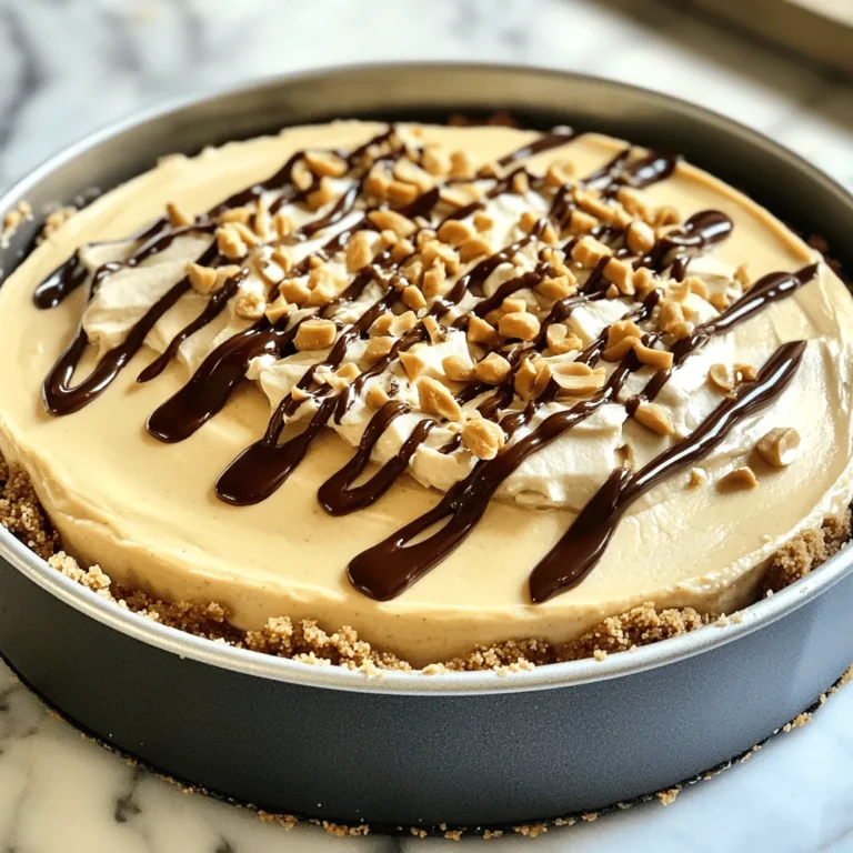 To make a no-bake peanut butter cheesecake, you need a few key ingredients. Each part of the cheesecake adds to its rich flavor and creamy texture. I’ll break down the ingredients into three main categories: graham cracker crust components, peanut butter filling essentials, and toppings and garnishes. - Graham Cracker Crust Components - 1 ½ cups graham cracker crumbs - ½ cup unsalted butter, melted - Peanut Butter Filling Essentials - 1 cup creamy peanut butter - 8 oz cream cheese, softened - 1 cup powdered sugar - 1 teaspoon vanilla extract - 1 cup heavy whipping cream - Toppings and Garnishes - ¼ cup chocolate syrup (for drizzling) - Chopped peanuts (for garnish) Gather these ingredients before you start. They are easy to find. Each one plays an important role in making this cheesecake delicious. You can find the full recipe for more details on preparation. - Mixing Ingredients for the Crust First, grab a medium bowl. Add 1 ½ cups of graham cracker crumbs and ½ cup of melted unsalted butter. Mix them well until they look like wet sand. - Pressing the Crust into the Pan Next, take a 9-inch springform pan. Press the crumb mixture firmly into the bottom of the pan. Make sure it is even. This crust will hold your cheesecake together. - Chilling the Crust Place the pan in the refrigerator. Let it chill while you make the filling. This step helps the crust set up nicely. - Combining Peanut Butter and Cream Cheese In a large bowl, beat together 1 cup of creamy peanut butter and 8 ounces of softened cream cheese. Mix until smooth and creamy. - Adding Sugar and Vanilla Gradually add 1 cup of powdered sugar and 1 teaspoon of vanilla extract. Stir until everything is mixed well and fluffy. - Folding in Whipped Cream In a separate bowl, whip 1 cup of heavy cream until stiff peaks form. Gently fold this into your peanut butter mixture. This step makes your filling light and airy. - Pouring Filling over Crust Now, pour your peanut butter filling over the chilled crust. Spread it evenly with a spatula. - Smoothing the Surface Smooth the top of the filling. This way, it looks nice when you serve it. - Refrigeration Time Cover the cheesecake with plastic wrap. Place it back in the fridge for at least 4 hours, but overnight is best. This time allows it to set properly. Follow these steps, and you will create a delicious no-bake peanut butter cheesecake that everyone will love. For the complete recipe, check out the Full Recipe section. - Ensuring Smooth Texture For a creamy filling, use softened cream cheese. This step makes mixing easy. Beat the peanut butter and cream cheese until smooth. Avoid lumps for the best texture. - Using Room Temperature Ingredients Always let your cream cheese and peanut butter sit out. This helps them blend better. Cold ingredients can lead to a lumpy filling. Room temp means a smooth and tasty result. - Ideal Pairings and Sides This cheesecake pairs well with fresh fruits like strawberries or bananas. A scoop of vanilla ice cream also complements the rich flavors. Try serving it with a cup of coffee for a perfect dessert. - Decorative Serving Ideas Drizzle chocolate syrup on top for a beautiful finish. You can also sprinkle chopped peanuts for a crunchy touch. A few mint leaves add color and freshness to your plate. - Overmixing the Filling Mix just until combined. Overmixing can make the cheesecake too airy. This may change the texture and make it less creamy. - Not Letting it Chill Long Enough Chill the cheesecake for at least four hours. Longer chill time, like overnight, works best. This waiting makes sure it sets properly, giving you a firm slice. {{image_2}} You can change the flavor of your no-bake peanut butter cheesecake by using different nut butters. Almond butter or cashew butter can add a nice twist. Each nut butter brings its own unique taste. Just make sure the texture stays creamy. You can also swap out extracts for new flavors. Instead of vanilla extract, try almond or coconut extract. This small change can give your cheesecake a fun new taste. If you want a different crust, consider using an Oreo crust. Just crush some Oreo cookies and mix with melted butter. It adds a rich chocolate flavor that pairs well with peanut butter. For those who need gluten-free options, there are great choices. Use gluten-free graham crackers or almond flour to make the crust. This way, everyone can enjoy the treat without worry. Drizzle caramel sauce over the cheesecake for a sweet touch. The caramel adds a rich flavor that complements the peanut butter. You can also try different toppings like chocolate or butterscotch syrup. Seasonal fruits can also brighten up your cheesecake. Fresh strawberries, raspberries, or bananas work well. They add color and a fresh taste that balances the creaminess of the cheesecake. For the full recipe, check out the detailed instructions above. - Store leftover cheesecake in an airtight container. - Keep it in the fridge for up to five days. - Cover the top with plastic wrap to prevent drying. - Avoid placing it near strong-smelling foods to keep its taste fresh. - Yes, you can freeze peanut butter cheesecake. - Cut the cheesecake into slices before freezing for easy servings. - Wrap each slice in plastic wrap and then foil. - Place slices in a freezer-safe bag or container. - It can last for up to three months in the freezer. - To serve, remove the cheesecake from the freezer. - Place it in the fridge to thaw overnight. - If you're in a hurry, leave it out at room temperature for a few hours. - Serve cold for the best taste and texture. For more details, check the Full Recipe. No-bake cheesecake stays fresh for about 5 to 7 days in the fridge. To keep it tasty, cover it tightly with plastic wrap or foil. This prevents it from absorbing other flavors in the fridge. If you want to keep it longer, you can freeze it. Just make sure to wrap it well. It can last up to 2 months in the freezer. Thaw it in the fridge before serving. Yes, you can use natural peanut butter! It gives the cheesecake a strong peanut flavor. However, it may change the texture. Natural peanut butter is runnier than creamy peanut butter. This might make your cheesecake a bit softer. If you use it, consider adding a little more cream cheese to help it set. Taste will be great, but watch the texture. You can swap cream cheese with several options. For a dairy-free choice, try using silken tofu. It blends well and gives a nice texture. Another option is Greek yogurt, which adds creaminess and a tangy bite. If you want a lighter option, use ricotta cheese. This will change the taste but still make a delicious cheesecake. Choose based on your needs and enjoy! We covered how to make a delightful no-bake peanut butter cheesecake. You learned about the necessary ingredients, from the graham cracker crust to the yummy toppings. You also saw step-by-step instructions for the crust and filling. Plus, I shared tips to avoid common mistakes and ideas for variations. As you try this recipe, remember that small changes can lead to big flavors. Have fun making this treat, and enjoy sharing it with friends and family!