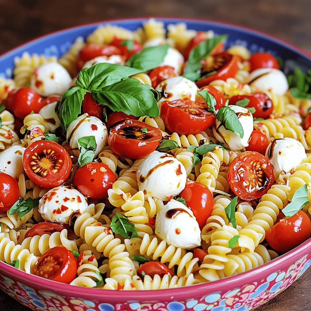 For the Easy Caprese Pasta Salad, you will need these simple ingredients: - 8 oz. rotini or fusilli pasta - 1 pint cherry tomatoes, halved - 8 oz. fresh mozzarella balls (bocconcini), halved - 1 cup fresh basil leaves, roughly torn - 3 tablespoons extra virgin olive oil - 2 tablespoons balsamic glaze (store-bought or homemade) - Salt and pepper to taste - 1 teaspoon garlic powder (optional) - ¼ teaspoon red pepper flakes (for a kick) These ingredients create a fresh and tasty dish. You can find them in most grocery stores. You may want to add some optional ingredients for extra flavor. Here are a few ideas: - Grilled chicken for protein - Avocado for creaminess - Spinach for added greens - Pine nuts for a nice crunch - Parmesan cheese for a rich finish Feel free to mix and match these options. They can make your salad unique and even more delicious. Choosing fresh ingredients is key to a great salad. Here are some tips: - Tomatoes: Look for bright, firm cherry tomatoes. They should smell sweet and fruity. - Mozzarella: Choose mozzarella balls that are white and plump. They should feel slightly soft. - Basil: Select bright green basil leaves. Avoid any that look wilted or brown. - Pasta: Pick a pasta shape you love. Whole grain options can add extra fiber. Fresh ingredients make this dish shine. When you use quality items, your salad will taste even better. Don't rush this step; it's worth it! For the full recipe, please refer to the Caprese Pasta Salad Delight. To start, boil a large pot of salted water. Add 8 oz. of rotini or fusilli pasta. Cook it according to the package instructions until it is al dente. This means the pasta should be firm but not hard. When done, drain the pasta in a colander. Rinse it under cold water. This stops the cooking and cools the pasta. Let it sit until completely cool. Next, grab a small bowl. In this bowl, mix 3 tablespoons of extra virgin olive oil with 2 tablespoons of balsamic glaze. Add salt and pepper to taste. If you want a kick, add ¼ teaspoon of red pepper flakes. You can also include 1 teaspoon of garlic powder for more flavor. Whisk everything together until it blends well. This dressing will make your pasta salad pop! Now, take a large mixing bowl. Combine the cooled pasta, 1 pint of halved cherry tomatoes, 8 oz. of halved fresh mozzarella balls, and 1 cup of roughly torn fresh basil leaves. Pour your dressing over this mix. Gently toss everything together. Make sure all the ingredients are well coated. Cover the bowl and refrigerate for about 30 minutes. This helps the flavors meld together. When ready, give it a final toss and taste for seasoning. Enjoy your tasty Caprese pasta salad! For the full recipe, check the details above. Using fresh herbs can take your Caprese pasta salad to the next level. I love to add fresh basil, as it gives a bright taste. You can also mix in parsley or oregano for more depth. When adding herbs, tear them by hand. This releases more oils and flavor. You can even try adding chives for a mild onion taste. Remember, fresh herbs should be added just before serving. This keeps their flavor vibrant. When serving your Caprese pasta salad, presentation matters. Use a large, colorful bowl to make it pop. I like to add a few whole basil leaves on top. You can also drizzle extra balsamic glaze over the salad. This adds shine and flavor. If you want a fun touch, serve it in small mason jars. This way, each guest gets their own portion. Don't forget to use a large spoon for easy serving! One common mistake is overcooking the pasta. Always cook it al dente. This keeps the pasta firm and prevents it from getting mushy. Another mistake is using bland tomatoes. Choose ripe cherry tomatoes for the best flavor. Also, don’t skip the chilling step. Letting the salad chill for at least 30 minutes allows the flavors to blend. Lastly, taste before serving. Adjust the seasoning if needed. This ensures a delicious dish every time! {{image_2}} You can add many ingredients to your Caprese pasta salad. Here are some ideas: - Avocado: Adds creaminess and healthy fats. - Pine nuts: Bring a nice crunch and a buttery flavor. - Artichoke hearts: Give a tangy twist with a tender bite. - Olives: Add briny flavor and extra depth. Feel free to try any of these. Each adds a new taste and texture to your dish. While rotini and fusilli are great, you can try other pasta shapes. Here are a few suggestions: - Penne: Holds dressing well and adds a hearty texture. - Bow-tie (farfalle): Fun shape that kids love. - Orzo: A pasta rice shape that gives a different feel. Choosing different pasta can change the whole vibe of your salad. Mix it up to find your favorite! The dressing is key to your salad's taste. You can swap it for unique flavors. Here are some ideas: - Lemon vinaigrette: Brightens up the dish and adds freshness. - Pesto: Gives a rich, herb-packed taste that pairs well with tomatoes. - Greek yogurt dressing: Adds creaminess while being lighter. Experiment with these dressings to find a new favorite. Each brings its own flair to your Caprese pasta salad. For the full recipe, check out the Caprese Pasta Salad Delight. To keep your Caprese pasta salad fresh, store it in an airtight container. This helps it stay tasty and prevents it from drying out. Make sure to chill it in the fridge right after serving. Avoid letting it sit out for too long. If you plan to eat it later, separating the dressing from the salad can help keep the pasta firm and the cheese fresh. When stored properly, Caprese pasta salad lasts about 3 to 5 days in the fridge. The tomatoes and basil may lose some freshness over time. To enjoy the best flavor, aim to eat it within the first few days. If the salad looks or smells off, it's best to toss it. I recommend serving your Caprese pasta salad cold. It tastes best that way! If you want to reheat it, do so gently. Use a microwave for quick heating, but be careful not to overcook it. Heat in short bursts and stir often. If you reheat, add a bit of olive oil to keep it moist. Cold salads are refreshing and perfect for hot days! To make this Caprese Pasta Salad vegan, you can replace the mozzarella. Use a plant-based cheese that melts well. You can also leave it out and still enjoy the dish. The tomatoes and basil bring plenty of flavor. Use a good olive oil and balsamic glaze for taste. This keeps your salad fresh and vibrant. Yes, you can prepare this salad in advance. It actually tastes better after sitting. Make it a few hours before serving. Just cover it and place it in the fridge. The flavors mix beautifully as it chills. When you are ready to serve, give it a good toss. Check for seasoning, and adjust if needed. Caprese Pasta Salad goes well with many dishes. It is a great side for grilled chicken or fish. You can also serve it with a fresh loaf of bread. For a light meal, pair it with a simple soup. A classic tomato soup or a light vegetable broth works well. The fresh flavors complement each other nicely. You’ll enjoy a balanced and delicious meal! For more detailed steps and tips, check the Full Recipe. Caprese pasta salad is a simple, tasty dish full of fresh flavors. You can customize it with various ingredients to suit your taste. Remember to choose high-quality items for the best results. Follow the steps to cook the pasta and make the dressing perfectly. Avoid common mistakes to enhance your dish. This salad is great for meals or snacks, and it stores well too. With the right tips, you’ll impress everyone with your creation. Enjoy making it again and again!