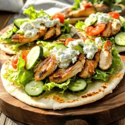 - Chicken and Marinade Components - 1 lb chicken breast, thinly sliced - 3 tablespoons olive oil - 2 tablespoons Greek yogurt - 1 tablespoon lemon juice - 2 cloves garlic, minced - 1 teaspoon dried oregano - ½ teaspoon paprika - Salt and pepper to taste - Fresh Vegetables - 4 pita breads - 1 cup lettuce, shredded - 1 tomato, diced - ½ cucumber, sliced - Optional Toppings - Feta cheese, crumbled - Tzatziki sauce (store-bought or homemade) I choose chicken breast for this recipe. It cooks quickly and stays juicy. The marinade is key. I mix olive oil, Greek yogurt, lemon juice, garlic, oregano, paprika, salt, and pepper. This mix gives the chicken great taste. I let the chicken marinate for at least 30 minutes. This step makes a big difference. For fresh veggies, I use lettuce, tomato, and cucumber. They add crunch. You can also use feta cheese for extra flavor. Tzatziki sauce is a must. It pairs well with the chicken. You can buy it or make it at home. Gather these ingredients to make tasty chicken gyros. Check the full recipe for more details. Start by gathering your ingredients for the marinade. You need olive oil, Greek yogurt, lemon juice, minced garlic, dried oregano, paprika, salt, and pepper. In a mixing bowl, combine these ingredients. Mix them well to form a smooth marinade. Now, take your thinly sliced chicken breast. Add it to the marinade and stir. Make sure each piece gets coated. This step is key for flavor. Cover the bowl and let it chill in the fridge for at least 30 minutes. If you have time, two hours will deepen the taste. After marinating, heat a non-stick skillet or grill to medium-high. Once hot, add the marinated chicken. Cook it for about 6-8 minutes. Flip the chicken occasionally. It should turn golden brown and be cooked through. You can check if it's done by cutting a piece. If it’s no longer pink inside, it’s ready! While the chicken cooks, warm your pita bread in a separate dry pan for 1-2 minutes on each side. You want it soft and easy to fold. Now comes the fun part! Take your warm pita and place some cooked chicken in the center. Next, add your toppings: shredded lettuce, diced tomato, and cucumber slices. If you like cheese, sprinkle some crumbled feta on top. Finally, drizzle tzatziki sauce over everything. This sauce gives it that classic gyros taste. Fold the pita in half or roll it up to hold all the tasty fillings inside. Serve your gyros warm. You can keep extra tzatziki on the side for dipping. Enjoy your homemade chicken gyros, a great dish that brings flavor to the table! For the full recipe, check out the detailed instructions. To make your chicken gyros burst with flavor, focus on the marinade. Use fresh garlic for the best taste. Try adding a splash of vinegar for a tangy kick. If you love heat, consider a pinch of red pepper flakes. Marinate the chicken for at least 30 minutes, but longer is better. This allows the flavors to soak in deeply. You can even marinate overnight for a bold flavor. There are a few ways to cook your chicken for gyros. Here are three popular methods: - Grilling: This gives a smoky flavor and nice grill marks. - Pan-searing: This method keeps the chicken juicy and adds a crisp outside. - Baking: This is an easy, hands-free option, but it may not have the same char. Each method brings a unique taste to your dish. Choose the one you like best! Tender chicken is key for great gyros. Here are some tips to achieve that: - Slice thinly: Cutting the chicken into thin strips helps it cook evenly. - Don’t overcook: Chicken turns dry quickly. Cook it just until it’s no longer pink. - Let it rest: After cooking, let the chicken sit for a few minutes. This helps keep the juices inside. By following these tips, your chicken will be tender and full of flavor. For the complete process, check the Full Recipe. {{image_2}} You can switch ingredients for your chicken gyros. For the chicken, try turkey or even tofu for a plant-based option. Instead of Greek yogurt, use regular yogurt or sour cream. You can also swap olive oil for avocado oil or any other oil you like. If you want a kick, use cayenne pepper instead of paprika. Lastly, feel free to use whole wheat or gluten-free pita bread. Tzatziki is a must for gyros. If you want a twist, mix Greek yogurt with mashed avocado. This gives a creamy texture and a unique flavor. You can also blend Greek yogurt with dill and lemon zest for a fresh taste. For a spicy version, add some jalapeños or hot sauce. These options keep the essence of tzatziki while adding a fun twist. You can cook the chicken in various ways. Grilling gives a smoky flavor and nice char. You can also bake the chicken in the oven for a healthier choice. If you want a quick meal, try sautéing the chicken in a skillet. Each method offers a different taste, so choose what suits you. You can even use a slow cooker for tender chicken that falls apart. Each style makes delicious chicken gyros! To store leftover gyros, wrap each gyro tightly in foil or plastic wrap. This keeps them fresh and prevents them from drying out. Place the wrapped gyros in an airtight container or a resealable bag. Store them in the fridge for up to three days. If you have any leftover chicken, store it separately in a sealed container. When it's time to reheat your gyros, unwrap them to avoid sogginess. You can use a microwave, oven, or skillet. For the microwave, heat on medium for about 1-2 minutes until warm. If using the oven, wrap in foil and heat at 350°F for 10-15 minutes. A skillet works well too; heat over medium for about 5 minutes, turning occasionally. This keeps the gyro crispy. If you want to freeze gyros, it's best to freeze the chicken separately. Cool the cooked chicken completely before placing it in a freezer-safe bag. You can freeze it for up to three months. When ready to eat, thaw in the fridge overnight. Then, reheat it following the same steps as above. You can also freeze the tzatziki sauce separately if needed. Just remember to stir it well before using it again. Yes, you can use frozen chicken. Just remember to thaw it first. You can do this in the fridge overnight or use the microwave. After thawing, slice it thinly. Then, marinate it as you would with fresh chicken. The flavors will seep in, making your gyros tasty. To make tzatziki, you need a few simple ingredients. Combine 1 cup of Greek yogurt with 1 grated cucumber. Add 1 clove of minced garlic, 1 tablespoon of lemon juice, and salt to taste. Mix well and chill it for at least 30 minutes. This will let the flavors blend nicely. Homemade tzatziki is fresh and really elevates your gyros. Chicken gyros pair well with many sides. You can serve them with fries or a simple Greek salad. Rice pilaf or roasted vegetables also complement the dish. For a refreshing drink, try serving it with lemonade or iced tea. These sides will enhance the meal and make it a feast. For the full recipe, check out the details above! In this blog post, we covered all you need for delicious chicken gyros. We discussed key ingredients like chicken, marinade, fresh veggies, and toppings. You learned step-by-step instructions for marinating, cooking, and assembling the gyros. I shared tips for enhancing flavor and various cooking methods. We also explored ingredient variations and how to store leftovers. Remember, you can easily adapt this recipe to suit your taste. Enjoy making gyros that impress your family and friends!