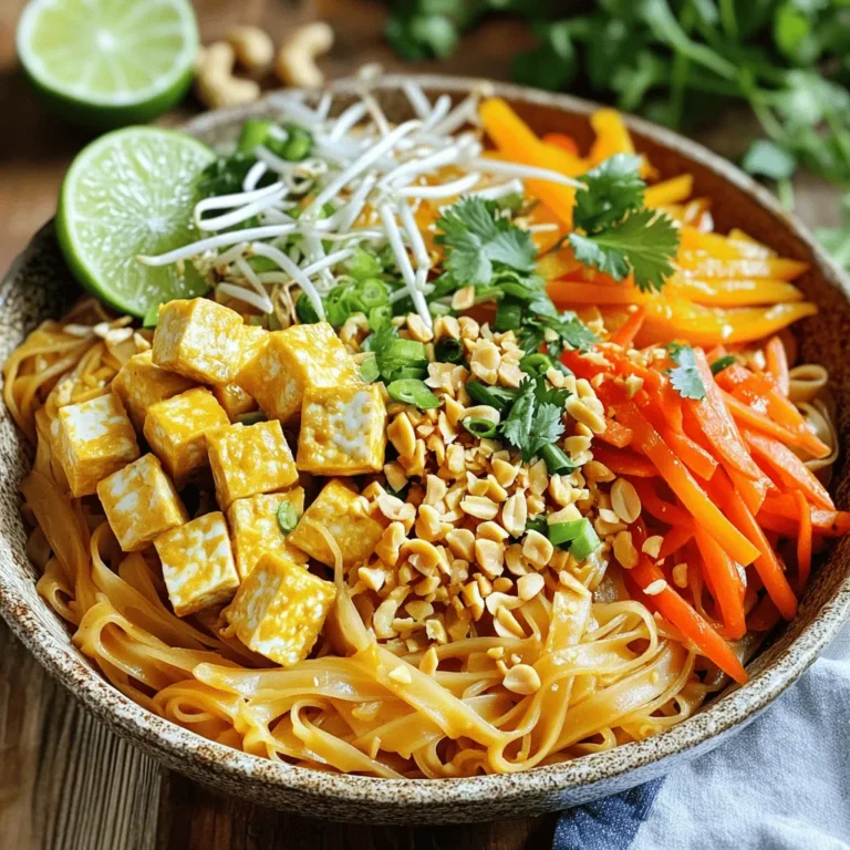 To create Vegan Pad Thai Noodles, you need some key ingredients. Here is what you will need: - 200g rice noodles - 2 tablespoons tamari (or soy sauce) - 1 tablespoon peanut butter - 1 tablespoon maple syrup - 2 tablespoons lime juice - 1 tablespoon sesame oil - 1 cup tofu, cubed - 2 cloves garlic, minced - 1 small red chili, thinly sliced (optional for heat) - 1 cup bean sprouts - 1 carrot, julienned - 1 bell pepper, thinly sliced - ¼ cup green onions, chopped - 2 tablespoons crushed peanuts (for garnish) - Fresh cilantro (for garnish) - Lime wedges (for serving) These ingredients give the dish its classic taste and texture. You can add optional ingredients for more flavor. Here are some ideas: - Sriracha or chili flakes for heat - Broccoli or snap peas for crunch - Fresh basil or mint for a herbaceous note - Sesame seeds for added texture Feel free to mix and match these extras to suit your taste. Vegan Pad Thai is not only tasty but also nutritious. Here’s a quick look at the nutritional benefits: - High in protein from tofu - Packed with vitamins from fresh vegetables - Healthy fats from peanut butter and sesame oil - Low in cholesterol since it's plant-based This dish can fit well into a balanced diet, making it a great choice for everyone. Enjoy the flavors and the health benefits of Vegan Pad Thai Noodles. For the full recipe, check the detailed instructions above. To start, boil water in a large pot. Add the rice noodles. Cook them according to the package instructions. You want them to be al dente. This means they should be soft but still have a slight bite. After cooking, drain them and rinse under cold water. This stops the cooking process and keeps them from sticking. Set the noodles aside while you prepare the sauce and other ingredients. In a bowl, whisk together the tamari, peanut butter, maple syrup, lime juice, and sesame oil. Keep whisking until the mixture is smooth. Taste it! You can adjust the flavors. If you want more tang, add more lime juice. If you prefer it sweeter, add a bit more maple syrup. This sauce gives the dish its rich flavor. Next, heat a non-stick skillet over medium-high heat. Add a little oil to the pan. Once hot, add the cubed tofu. Cook it until it is golden brown and crispy on all sides. This should take about 8 to 10 minutes. Once done, remove the tofu from the skillet and set it aside. In the same skillet, add the minced garlic and sliced chili. Sauté them for about 30 seconds until fragrant. Then, add the julienned carrots and sliced bell pepper. Stir and cook for about 3 to 5 minutes until they are slightly tender. Now it’s time to bring everything together! Add the cooked rice noodles and the prepared sauce to the skillet. Toss everything together until well combined and heated through. This should take about 2 to 3 minutes. Next, gently fold in the bean sprouts and the crispy tofu. Cook for another minute to warm everything through. Now, your Vegan Pad Thai Noodles are ready to be garnished and served! To make your Vegan Pad Thai taste authentic, use tamari or soy sauce. These add a salty, savory flavor. Fresh lime juice brightens the dish. Add it just before serving for the best taste. Peanut butter adds creaminess and depth. Maple syrup brings a hint of sweetness. Balance these flavors to suit your taste. For crispy tofu, start by pressing it to remove excess water. This helps it get crispy. Cut it into cubes and cook it in a non-stick skillet. Use medium-high heat and a little oil. Let the tofu brown on all sides. This takes about 8-10 minutes. A good texture makes your dish shine. Presentation matters. Serve your Vegan Pad Thai in bowls. Top it with green onions and crushed peanuts for crunch. Fresh cilantro adds color and flavor. Don’t forget lime wedges on the side. They add a fresh kick when squeezed on top. For the full recipe, check the details above. {{image_2}} You can change the protein in this dish. Instead of tofu, try tempeh or chickpeas. Both options add unique textures and flavors. Tempeh has a nutty taste, while chickpeas give a hearty bite. You can also add seitan for a chewy, meat-like feel. For a lighter option, use edamame or mushrooms. These choices keep your Vegan Pad Thai Noodles fresh and exciting. If you need a gluten-free dish, swap tamari for coconut aminos. This gives you a similar taste without gluten. Ensure you use gluten-free rice noodles, as most brands are safe. Check the label to confirm. You can also add more fresh veggies like zucchini or bell peppers for extra crunch. This way, you make a tasty meal that fits your needs. Want more heat? Add more sliced chili to your dish. You can also try a dash of sriracha in your sauce. If you prefer less spice, skip the chili altogether. You can add a pinch of brown sugar to balance flavors. Taste the sauce as you mix it to find the perfect heat level for you. Always feel free to tweak the flavors to suit your taste. You can store leftover Vegan Pad Thai noodles in an airtight container. Keep them in the fridge for up to three days. Make sure to let the noodles cool before sealing the container. This helps to avoid extra moisture, which can make the noodles soggy. For longer storage, you can freeze the noodles. Place the cooled Vegan Pad Thai in a freezer-safe container. It can last for up to three months in the freezer. When you want to eat it, thaw it in the fridge overnight before reheating. To reheat, use the microwave or a non-stick skillet. If using the microwave, heat in short bursts and stir often to avoid hot spots. For the skillet, add a splash of water or oil to keep the noodles moist. Heat over medium heat until warmed through. This way, your Vegan Pad Thai noodles stay tasty and fresh! For a full recipe, check out the instructions provided in the article. Yes, you can use rice vermicelli. It cooks faster than regular rice noodles. Just watch the cooking time. The flavor will still shine through. You might want to adjust the sauce a bit to match the thinner noodles. To make Pad Thai sauce without tamarind, mix tamari, peanut butter, maple syrup, and lime juice. This will give you a tasty, tangy sauce. You can also add a bit of vinegar for extra zing. Adjust the sweetness and acidity to your taste. The best vegetables are bell peppers, carrots, and bean sprouts. You can also add broccoli or snap peas for color and crunch. Feel free to use what you like. Just make sure they are cut thinly for even cooking. To make this dish nut-free, skip the peanut butter and crushed peanuts. You can use sunflower seed butter instead. This will keep the creaminess without the nuts. Always check labels to avoid hidden nut ingredients. For garnish, use seeds like sesame or pumpkin instead. For the full recipe, check out the [Full Recipe] section! Vegan Pad Thai offers a mix of flavors and textures. We explored the key ingredients, from noodles to sauce. You learned step-by-step instructions for cooking and combining. Tips for authentic flavors were shared, including tofu tips and serving ideas. Variations let you tweak this dish to your taste, while storage tips ensure freshness. By following this guide, you can create a tasty, plant-based meal that everyone will enjoy. Making this dish at home is easy and fun. Enjoy your cooking adventure!