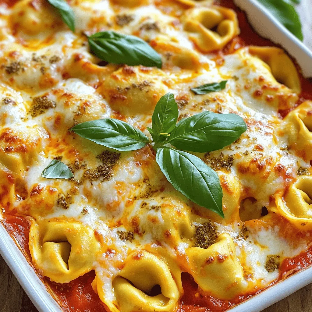 Cheesy baked tortellini is a cozy dish that warms the heart. It combines cheesy goodness with rich marinara sauce. This recipe is simple to follow and offers great flavor. Perfect for family dinners or gatherings, it serves 4 to 6 people. Here’s what you need for your cheesy baked tortellini: - 12 ounces cheese tortellini (fresh or frozen) - 2 cups marinara sauce - 1 cup ricotta cheese - 1 cup shredded mozzarella cheese - 1/2 cup grated Parmesan cheese - 1 teaspoon dried oregano - 1 teaspoon garlic powder - 1/2 teaspoon crushed red pepper flakes (optional) - Fresh basil leaves for garnish Choose high-quality ingredients for the best taste. - Tortellini: Fresh tortellini has a nice texture. Frozen works well too. - Marinara Sauce: Pick a sauce you love. Homemade offers great flavor. - Cheeses: Use whole-milk ricotta for creaminess. Fresh mozzarella melts beautifully. - Herbs: Fresh herbs add flavor but dried options work too. - Red Pepper Flakes: Use these for a little heat, or skip if you prefer mild. This recipe is flexible, so feel free to adapt based on what you have! Start by boiling a large pot of salted water. Add the tortellini and cook them according to the package instructions. This usually takes about 3-5 minutes. You want them to be al dente, meaning they should still have a slight bite. Once done, drain the tortellini and set them aside. This step ensures your dish has a nice texture. In a medium bowl, mix together the ricotta cheese, half of the mozzarella, and the Parmesan cheese. Add the dried oregano and garlic powder for flavor. If you enjoy some heat, toss in the crushed red pepper flakes. Stir until everything is well combined. This cheese mixture adds creaminess and depth to the dish. In a large mixing bowl, combine the cooked tortellini with the marinara sauce. Gently fold in the cheese mixture until the tortellini are fully coated. This ensures every bite is packed with flavor. Next, transfer the mixture to a greased 9x13 inch baking dish. Spread it evenly across the dish. Top with the remaining mozzarella cheese for that perfect cheesy crust. Preheat your oven to 375°F (190°C). Once your oven is ready, cover the baking dish with aluminum foil. Bake it for 20 minutes to allow the flavors to meld. After that, remove the foil and let it bake for an additional 15-20 minutes. Look for the cheese to be bubbly and golden. Once baked, let it cool for a few minutes. Garnish with fresh basil leaves before serving. This adds a lovely touch and bright flavor to your cheesy baked tortellini. Choosing the right cheese makes your baked tortellini shine. I recommend using fresh ricotta for a creamy texture. For mozzarella, opt for whole milk or part-skim. They melt beautifully and add great flavor. Add grated Parmesan for a salty kick. It enhances every bite. If you want a stronger taste, try aged cheeses. They bring depth and richness. To get that perfect baked tortellini, follow these simple steps. First, cook your tortellini until it's al dente. Overcooked pasta turns mushy when baked. Next, mix your cheeses well. This creates a creamy filling that coats each piece. When layering, make sure to spread everything evenly. This ensures even cooking and flavor. Finally, cover with foil during the first bake. This keeps the moisture in and makes the dish tender. Remove the foil near the end for a golden top. If you're short on time, I've got some great tips. Use store-bought marinara sauce; it saves you time. Also, you can use frozen tortellini. They cook up quickly and taste great. To speed things up even more, prep your cheese mixture while the tortellini cooks. You can also assemble the dish ahead of time. Just cover it and keep it in the fridge until you're ready to bake. This makes dinner easy on busy nights. For the full recipe, check out the details above. {{image_2}} You can make cheesy baked tortellini even heartier by adding meat. Ground beef or sausage works well. Brown the meat in a pan before adding it to your dish. Mix it in with the tortellini and sauce for extra flavor. This will give your meal a savory kick. You can also use cooked chicken or turkey for a lighter option. If you want a meat-free dish, try adding veggies. Spinach is a great choice. You can also add zucchini for extra texture. Just sauté the veggies lightly before mixing them in. This keeps them tender while adding color and flavor. A mix of bell peppers can also brighten up the dish. Switching the sauce can change the whole dish. Alfredo sauce gives a creamy twist. You can even use pesto for a fresh herb taste. Both options add depth and richness to your baked tortellini. Feel free to experiment with different flavors to suit your taste. For the full recipe, check out Cheesy Baked Tortellini Delight . After you enjoy your cheesy baked tortellini, store leftovers in an airtight container. This keeps it fresh for up to three days. Make sure to let it cool down before sealing. You want to keep that creamy goodness intact. When you are ready to eat, just open the container and check for any signs of spoilage. You can freeze cheesy baked tortellini for later enjoyment. Portion it out into freezer-safe containers. Be sure to leave some space at the top for expansion. It will stay good for about three months in the freezer. When you want to eat it, just take it out and let it thaw in the fridge overnight. To reheat, you can use the oven or the microwave. If using the oven, preheat it to 350°F (175°C). Place the tortellini in an oven-safe dish, cover it with foil, and heat for about 20 minutes. In the microwave, heat it in short 1-minute bursts, stirring in between. This helps it warm evenly without drying out. Enjoy your tasty meal again! Yes, you can switch up the cheese! Try adding cheddar, gouda, or fontina cheese. Each type will bring its own flavor to the dish. Mix and match to find your favorite combo. Just remember to keep the main cheeses, like mozzarella and ricotta, for that creamy texture. You can store cheesy baked tortellini in the fridge for about three to five days. Make sure to keep it in an airtight container. If you want to keep it longer, consider freezing it. It will stay good for about three months in the freezer. Cheesy baked tortellini pairs well with a fresh salad or garlic bread. A simple green salad adds crunch and freshness. Garlic bread is perfect for soaking up all that tasty sauce. You can even serve it with a side of steamed veggies for a colorful meal. Yes, you can make cheesy baked tortellini ahead of time! Assemble the dish and cover it well. Place it in the fridge for up to 24 hours before baking. When you’re ready, just pop it in the oven. You can even freeze it before baking for a quick meal later. For the full recipe, check out the earlier section. In this blog post, we explored how to make delicious cheesy baked tortellini. We covered ingredients, step-by-step instructions, and useful tips. You learned about variations, storage options, and answers to common questions. Now, you have all the tools needed to impress your family or friends with this meal. Enjoy the process of making cheesy baked tortellini, and don’t be afraid to try new combinations! Happy cooking!