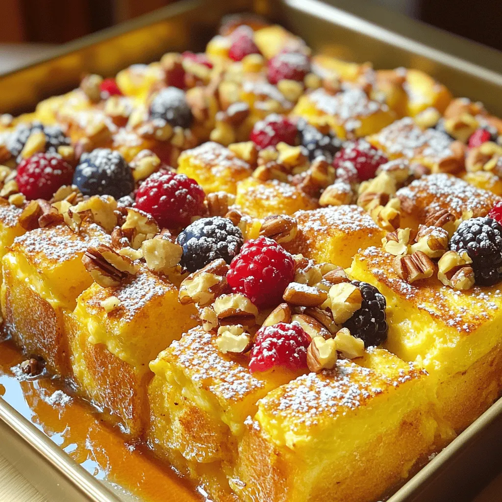 To make a delightful baked French toast casserole, you need a few simple ingredients. These ingredients come together to create a warm, comforting dish that everyone loves. Here’s the list: - 1 loaf of brioche bread, cut into cubes - 6 large eggs - 2 cups whole milk - 1 cup heavy cream - 1/2 cup maple syrup - 2 teaspoons vanilla extract - 1 teaspoon ground cinnamon - 1/2 teaspoon nutmeg - 1/4 teaspoon salt - 1 cup mixed berries (blueberries, strawberries, raspberries) - 1/2 cup chopped nuts (walnuts or pecans) - Powdered sugar for dusting (optional) Each ingredient plays a role in the flavor and texture. The brioche bread gives a soft, rich base. Eggs, milk, and cream create a custard that soaks into the bread. Maple syrup adds sweetness, while vanilla and spices bring warmth. Berries and nuts add freshness and crunch. This combination makes a perfect breakfast or brunch dish. For the full recipe, check out the complete instructions. First, preheat your oven to 350°F (175°C). This step is key for even cooking. Next, grab a 9x13 inch baking dish and grease it with butter or cooking spray. This helps prevent sticking and makes serving easier. Now, let's whisk the egg mixture. In a large bowl, combine 6 large eggs, 2 cups of whole milk, and 1 cup of heavy cream. Add in 1/2 cup of maple syrup, 2 teaspoons of vanilla extract, 1 teaspoon of ground cinnamon, 1/2 teaspoon of nutmeg, and 1/4 teaspoon of salt. Use a whisk to mix everything until it’s smooth. This mixture gives flavor and richness to the casserole. Next, it’s time to layer the bread. Take your loaf of brioche bread and cut it into cubes. Spread the cubed bread evenly in the greased baking dish. This allows each piece to soak up that tasty egg mixture. After layering the bread, add some fun toppings. Sprinkle 1 cup of mixed berries over the bread. You can use blueberries, strawberries, or raspberries. Then, add 1/2 cup of chopped nuts. Walnuts or pecans work well here. These toppings add texture and a burst of flavor. Now for the soaking part. Pour the egg mixture over the bread and toppings. Make sure all the pieces are soaked. Press down gently to help the bread absorb the liquid. Cover the baking dish with aluminum foil and let it sit in the refrigerator for at least 30 minutes. You can leave it overnight for deeper flavor. When you are ready to bake, remove the foil. Place the dish in your preheated oven and bake for 30 to 35 minutes. The top should be golden brown, and the center should be set. After baking, let it cool for a few minutes before serving. Dust with powdered sugar if you like. This recipe is simple and delicious! For the full recipe, check out the details above. To make your baked French toast casserole truly special, focus on soaking times. I suggest soaking the bread for at least 30 minutes. If you can wait, overnight soaking works wonders. It lets the flavors blend fully. Covering the dish during baking is also key. This keeps the moisture in and helps the eggs cook evenly. Serve the casserole warm for the best taste. It’s great on its own, but you can add more. Try drizzling extra maple syrup on top. Fresh whipped cream or yogurt makes a nice touch, too. Garnish with berries and mint for a colorful look. One mistake is over-soaking the bread. If you let it soak too long, it can turn mushy. Another common error is undercooking the casserole. Always check if the center is set. If it’s still jiggly, bake it a bit longer. Following these tips will help you create a perfect dish every time. For the complete recipe, check the Full Recipe link. {{image_2}} You can make your baked French toast casserole even tastier. Try adding other fruits to the mix. Sliced bananas, apples, or peaches work great. You can also use dried fruits like raisins or cranberries for a chewy texture. For a spice twist, think about adding cardamom or ginger. Both spices bring a warm flavor to the dish. A little goes a long way, so start with a pinch. You can always add more next time! If you need gluten-free options, use gluten-free bread. There are many tasty choices available. Just check the labels and find one you love. For vegan alternatives, replace the eggs with flaxseed meal or a vegan egg substitute. Use almond milk or coconut milk instead of regular milk. You can use maple syrup to sweeten the dish, making it perfect for everyone. Mini casseroles are a fun way to serve this dish. Use muffin tins or small ramekins to create individual servings. They bake faster and are easy to share. If you want a more personal touch, consider making individual portions. You can serve each person their own dish, which adds charm to any meal. Plus, it makes serving easy! For the full recipe, check out the detailed instructions above. To keep your baked French toast casserole fresh, store it in the fridge. Place leftovers in an airtight container. This helps prevent drying out. You can also cover the dish tightly with plastic wrap or aluminum foil. Glass or plastic containers with lids work best for storage. If you want to save some for later, freezing is easy. First, let the casserole cool completely. Then, cut it into portions. Wrap each piece tightly in plastic wrap. Place the wrapped pieces in a freezer bag. Squeeze out extra air before sealing. For reheating, thaw the casserole in the fridge overnight. You can warm it in the oven at 350°F (175°C) for about 20 minutes. Store leftover casserole in the fridge for up to 3 days. If frozen, it stays good for about 2 months. Check for signs of spoilage. Look for mold or an off smell. If it looks or smells bad, don’t eat it. Always use your best judgment! The best bread for French toast casserole is brioche. Its soft texture and rich flavor make it perfect. Challah is another great choice. Both breads soak up the egg mixture well, creating a tasty dish. You can also use French bread or sourdough if you prefer. Just make sure to cut it into cubes. Yes, you can make this casserole ahead of time. Prepare it the night before and let it soak in the fridge. Cover it with foil to keep it fresh. When ready to bake, just remove the foil and put it in the oven. This makes it great for brunch or special gatherings. To reheat leftovers, preheat your oven to 350°F (175°C). Place the casserole in an oven-safe dish. Cover it with foil to keep it from drying out. Bake for 15 to 20 minutes or until warmed through. You can also microwave single portions for a quick snack, but the oven gives better results. Yes, you can make this casserole without eggs. Use a mixture of silken tofu and plant-based milk as a substitute. Blend them until smooth for a creamy texture. You can also use a commercial egg replacer. This way, everyone can enjoy this tasty dish, regardless of dietary needs. This blog post shared a simple recipe for a delicious French toast casserole. We covered the ingredients, step-by-step instructions, and useful tips. I explained ways to personalize your casserole and how to store it properly. I hope you find joy in making this dish. Enjoy delightful breakfasts with your loved ones! Happy cooking!