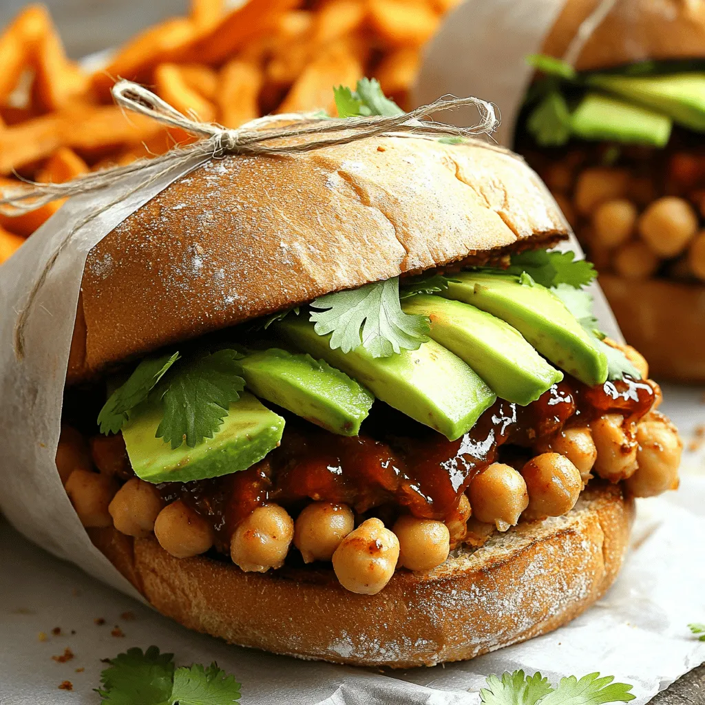 - 1 can chickpeas - 1/2 cup vegan BBQ sauce - 4 whole-grain burger buns - 1 tablespoon olive oil - 1 small red onion, finely chopped - 2 garlic cloves, minced - 1 teaspoon smoked paprika - 1/2 teaspoon cumin - Salt and pepper to taste - 1 avocado, sliced - Fresh cilantro for garnish The base of this dish is simple and easy. Chickpeas are the star. They bring protein and a great texture. For a burst of flavor, we use vegan BBQ sauce. It adds sweetness and tang. Whole-grain burger buns help you enjoy everything together. - Each serving has around 400 calories. - You get about 15 grams of protein. - Fiber content is around 10 grams. These numbers make this sandwich a great choice. It's filling, healthy, and keeps you satisfied. The mix of protein and fiber helps keep your energy up. You will love how tasty and nutritious this meal can be. If you want to know how to make it, check the Full Recipe for all steps. - Heat 1 tablespoon of olive oil in a skillet over medium heat. - Add 1 small finely chopped red onion and 2 minced garlic cloves. Sauté for about 3-4 minutes until the onion turns soft and clear. - Drain and rinse 1 can of chickpeas. Add them to the skillet. - Use a fork or potato masher to mash the chickpeas slightly. Leave some whole for texture. - Stir in 1 teaspoon of smoked paprika, 1/2 teaspoon of cumin, and salt and pepper to taste. Cook for 3 more minutes. - Pour in 1/2 cup of vegan BBQ sauce. Mix well and let it simmer for 5 minutes to heat through and thicken. - Toast 4 whole-grain burger buns until they are golden. - To assemble, scoop the BBQ chickpea mix onto the bottom half of each bun. - Top with sliced avocado and fresh cilantro. Place the top bun on and serve right away. For the complete recipe, check out the Full Recipe section. - Optimal chickpea consistency: You want your chickpeas to be slightly mashed. Leave some whole for texture. This adds creaminess and a nice bite. - Adjusting spice levels: Taste the mixture as you cook. If you like it spicy, add more smoked paprika or a pinch of cayenne pepper. If you prefer it milder, cut the spices by half. - Side dish suggestions: Serve your sandwiches with sweet potato fries or a fresh coleslaw. These sides add color and flavor. They make the meal feel complete. - Garnishing ideas: Top your sandwiches with sliced avocado and fresh cilantro. You can also add pickles for a tangy kick. Wrapping the sandwiches in parchment paper adds a nice touch for picnics. - What to do if the mixture is too dry: If your chickpea mixture feels dry, add a splash of BBQ sauce or a bit of water. This will help it stick together and enhance flavor. - Ways to enhance flavor: If you want a bolder taste, squeeze in some lemon juice or add a dash of hot sauce. Both options will brighten the flavors and give your sandwiches a nice zing. For the complete recipe, check out the Full Recipe section. {{image_2}} You can change the bun type to fit your taste. Try using: - Lettuce leaves for a low-carb option - Gluten-free buns if you need them - Pita bread for a fun twist If you want to switch up the protein, consider these legumes: - Black beans for a different flavor - Lentils for a hearty meal - Kidney beans for added color Adding spices can make a big difference. Here are some ideas: - Chili powder for a kick - Italian herbs for a fresh touch - Curry powder for a unique twist You can also add vegetables to your chickpea mix. Some great options are: - Bell peppers for sweetness - Corn for crunch - Spinach for a pop of color If you have specific dietary needs, here are some options: - Use gluten-free buns to make it safe for everyone - Skip the avocado for a nut-free meal - Choose a BBQ sauce that fits your dietary limits These variations keep your Vegan BBQ Chickpea Sandwiches exciting and accessible. For the full recipe, check the earlier section. To keep your Vegan BBQ chickpea sandwiches fresh, store leftovers in the fridge. Place the chickpea mixture in an airtight container. Seal it well to keep out air. The chickpea mix will stay fresh for about 3 days. If you want to freeze it, scoop the mix into freezer bags. Remove as much air as you can before sealing. It can last in the freezer for up to 2 months. When you are ready to eat, reheat the chickpea mix on the stove. Use a medium heat to warm it up slowly. Stir it often to avoid burning. You can also microwave it in 30-second intervals. Just remember to cover it to keep moisture in. For the best taste and texture, toast the buns lightly before serving again. This helps keep the bread crisp. In the refrigerator, your BBQ chickpea mix lasts up to 3 days. If you freeze it, you can keep it for 2 months. Always check for any off-smells or changes in color before eating. This ensures you enjoy a safe and tasty meal. How do I know when the chickpeas are done? You can tell when the chickpeas are done by their texture. After mashing, they should feel slightly chunky. This gives the sandwich a nice bite. Cook them until heated through and the spices blend well. Can I make the mixture ahead of time? Yes, you can make the chickpea mixture ahead of time. Store it in an airtight container in the fridge. It stays fresh for three days. Just heat it up when you want to serve. Is the BBQ sauce truly vegan? Most store-bought BBQ sauces are vegan, but always check the label. Look for sauces without honey or animal products. There are plenty of tasty vegan options available! Can I use dried chickpeas instead of canned? Yes, you can use dried chickpeas. Just soak them overnight and cook until tender. This takes longer but can add more flavor to your dish. What can I serve with Vegan BBQ Chickpea Sandwiches? These sandwiches pair well with sweet potato fries or a fresh coleslaw. You can also serve them with a salad for a light meal. How can I make this recipe for a large group? To serve a large group, simply double or triple the recipe. Use larger pots and pans for cooking. You can also prepare the mixture a day before and reheat it when ready to serve. These Vegan BBQ Chickpea Sandwiches are simple and tasty. We covered the key ingredients, like chickpeas and BBQ sauce. Then I shared easy steps to prepare and assemble your sandwiches. You learned tips for the best flavor and texture, plus how to store leftovers. Don't forget the variations to make it your own! These tips will help you create a great meal every time. Enjoy your cooking journey with these delicious sandwiches!