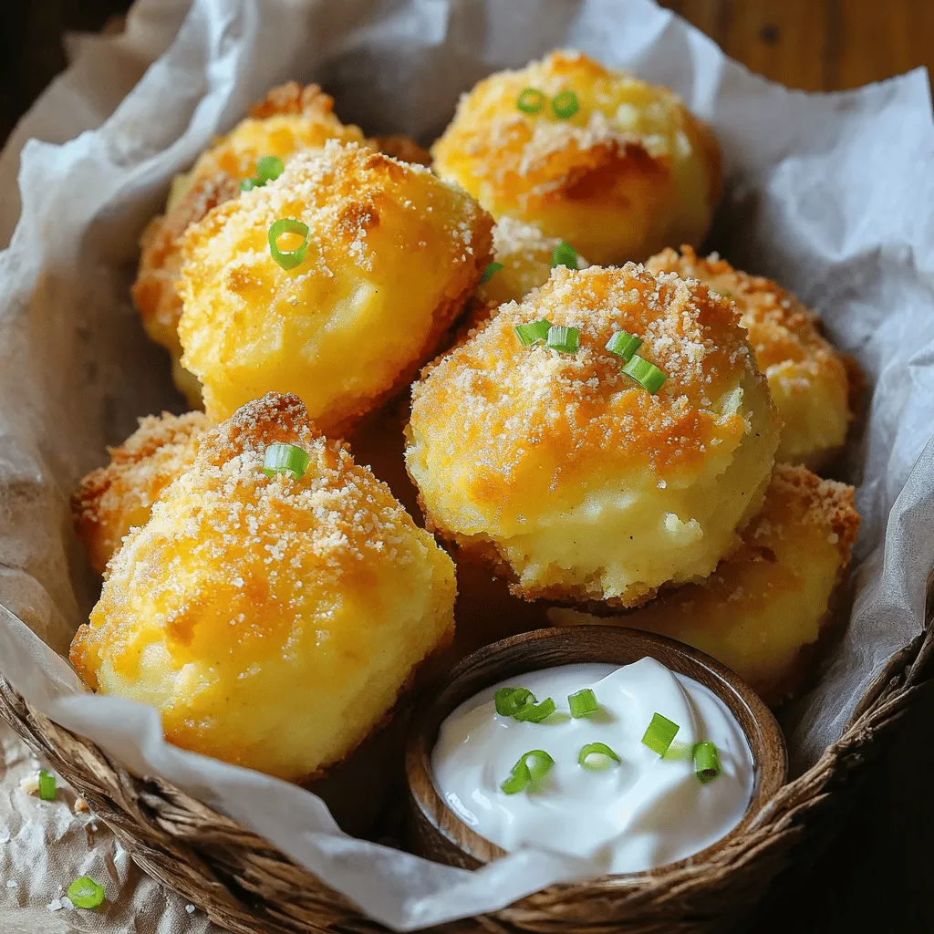 - 2 cups mashed potatoes - 1 cup shredded sharp cheddar cheese - 1/2 cup grated Parmesan cheese - 2 large eggs - 1/2 cup breadcrumbs (plus extra for coating) - 1/4 cup green onions, finely chopped - 1 teaspoon garlic powder - Salt and pepper to taste - Oil spray for frying For these cheesy mashed potato puffs, I love using leftover mashed potatoes. They work best when chilled. The creamy texture blends well with the cheeses. Sharp cheddar gives a tasty kick, while Parmesan adds depth. You will need two large eggs to bind the mixture. This helps keep the puffs from falling apart. The breadcrumbs add a nice crunch. You can use regular or panko breadcrumbs, depending on what you have. Chopped green onions add a fresh flavor. Garlic powder gives a little zing. Don't forget salt and pepper to enhance all the tastes. Lastly, oil spray is important for that golden brown finish. This mix of ingredients makes these puffs so yummy and satisfying. You can find the full recipe above to guide you through making them! - Preheat your oven to 400°F (200°C) and line a baking sheet with parchment paper. This helps the puffs not stick and makes cleanup easy. - In a mixing bowl, combine 2 cups of chilled mashed potatoes, 1 cup of shredded sharp cheddar cheese, 1/2 cup of grated Parmesan cheese, 2 large eggs, 1/2 cup of breadcrumbs, 1/4 cup of finely chopped green onions, 1 teaspoon of garlic powder, and salt and pepper to taste. Stir until well mixed. The mixture should hold together well. - Scoop out a portion of the mixture, about the size of a golf ball. This helps the puffs cook evenly. - Shape the mixture into small balls or puffs. You can use your hands for this. It can be a fun task, and you can even get the kids involved! - Roll each puff in extra breadcrumbs to coat them. This gives them a crispy outside. - Place the coated puffs on the baking sheet, spaced out evenly. Make sure they aren’t touching each other. - Lightly spray the puffs with oil. This helps them brown nicely while baking. - Bake in the preheated oven for about 20-25 minutes. Look for a golden brown color and crispy texture. Enjoy making these cheesy mashed potato puffs! For the full recipe, be sure to check out the detailed steps and tips. Using chilled mashed potatoes is key. Cold potatoes help the puffs hold their shape. Room temperature or warm potatoes can make them too soft. This can lead to puffs that flatten when baked. So, always use leftover mashed potatoes that you kept in the fridge. To achieve a crispy outer layer, roll each puff in breadcrumbs twice. First, coat the puffs gently with breadcrumbs before baking. Then, give them a light spray of oil. This oil helps the breadcrumbs crisp up nicely. Do not skip this step if you want that perfect crunch! For dipping sauces, think about sour cream or spicy ketchup. These add great flavor and balance the cheese. You might also enjoy a zesty ranch or a chipotle mayo. Each sauce brings a new taste to the puffs. When serving, present them in a rustic basket lined with parchment paper. This adds a nice touch. It also makes the puffs easy to grab. For a fun twist, add fresh herbs or a sprinkle of paprika on the top before serving. This gives a pop of color and flavor. One common mistake is overmixing the ingredients. This makes the puffs dense and heavy. Mix just until everything is combined. This keeps them light and airy. Another mistake is underbaking or overbaking the puffs. Check them after 20 minutes. They should be golden brown and crispy. If they are still pale, give them a few more minutes. But don’t overbake! You want them crispy, not dry. {{image_2}} You can easily change the taste of your cheesy mashed potato puffs. Start by adding herbs like parsley or chives. These add fresh flavors and color. You can also spice it up with paprika or cayenne for heat. For cheese, try different types. Mozzarella gives a gooey texture. Feta brings a tangy bite. Mix two or more cheeses for a complex flavor. If you're gluten-free, swap regular breadcrumbs for gluten-free ones. This lets everyone enjoy this dish. You can also make it vegan. Use plant-based cheese and replace eggs with flaxseed meal. Just mix one tablespoon of flaxseed meal with three tablespoons of water. Let it sit until it thickens. These cheesy mashed potato puffs are perfect for many events. Serve them at parties for a fun snack. They are great on game days for your guests. You can even enjoy them at family meals. Everyone loves a tasty, cheesy treat! For the full recipe, check out the details above. To keep your cheesy mashed potato puffs fresh, wait for them to cool first. Then, place them in an airtight container. This helps them stay moist and tasty. Use a glass or plastic container with a tight lid. If you want to keep them longer, you can freeze them. Just make sure to separate them with parchment paper. This stops them from sticking together. When reheating, keep the texture in mind. The oven is best for this snack. Preheat your oven to 350°F (175°C). Place the puffs on a baking sheet for about 10-15 minutes. This method helps them stay crispy. If you use a microwave, they might get soggy. Heat at medium power for 1-2 minutes. Keep an eye on them to avoid overcooking. Enjoy your cheesy mashed potato puffs warm and crispy! Yes, you can use fresh mashed potatoes. However, I suggest chilling them first. Cold mashed potatoes work better in this recipe. They hold their shape and help the puffs stay firm. If you use warm potatoes, your puffs may turn out too soft and mushy. Check the color and texture of the puffs. They should be golden brown on the outside. The texture should be crispy. If they look pale or soft, give them a few more minutes in the oven. Remember, the perfect puff is crunchy outside and soft inside. Yes, you can freeze these puffs. First, let them cool completely. Place them in a single layer on a baking sheet and freeze for about an hour. Then, transfer them to a freezer bag. When you're ready to eat, thaw them in the fridge overnight. Bake them again at 400°F until heated through. Enjoy your tasty snack! For the complete recipe, check out the [Full Recipe]. Cheesy mashed potato puffs are simple and fun to make. We covered the key ingredients and steps, ensuring your puffs are tasty and crispy. Remember, using chilled potatoes helps a lot! Be creative with flavors and serving ideas for any occasion. Lastly, store them correctly to enjoy leftovers later. With these tips, you'll impress everyone with your delicious cheesy puffs. Enjoy your cooking journey and delight in the smiles you'll create!