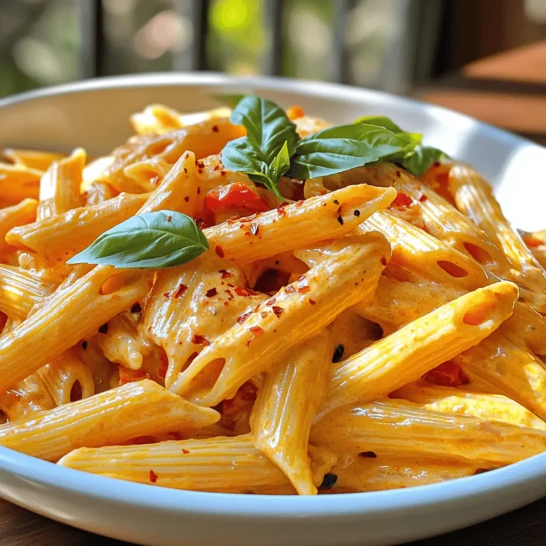 To make creamy roasted red pepper pasta, gather these ingredients: - 3 large red bell peppers - 2 tablespoons olive oil - 3 cloves garlic, minced - 1 cup heavy cream - 1 teaspoon smoked paprika - Salt and pepper to taste - 12 oz pasta (penne or fettuccine) - ½ cup grated Parmesan cheese - Fresh basil leaves, for garnish - Red pepper flakes (optional, for heat) When using red bell peppers, choose firm ones with vibrant skin. This ensures they are fresh and full of flavor. For the heavy cream, opt for a brand that has no additives for the best taste. The garlic should be fresh, not dried, to give your sauce a rich flavor. When measuring pasta, use a scale for accuracy. It helps to get the right amount for four servings. For olive oil, brands like California Olive Ranch or Kirkland offer quality options. If you're looking to cut calories, try using half-and-half instead of heavy cream. For Parmesan, I recommend Grana Padano as a tasty substitute. You can use whole wheat pasta for a healthier option. If you're allergic to dairy, try cashew cream for a vegan twist. And remember, if you want a little heat, add a sprinkle of crushed red pepper flakes! For the full recipe, check out the detailed instructions above. First, gather all your ingredients. You will need three large red bell peppers, olive oil, garlic, heavy cream, smoked paprika, salt, pepper, pasta, Parmesan cheese, and fresh basil. Make sure your kitchen is clean and organized. This helps you cook smoothly. Next, preheat your oven to 425°F (220°C). Cut the red bell peppers in half. Remove the seeds and place them cut side down on a baking sheet. Drizzle one tablespoon of olive oil over the peppers. Roast them in the oven for 25-30 minutes. Look for charred skins and soft peppers. After roasting, let them cool for a bit. Once the peppers are cool, peel off the charred skin. Place the flesh in a blender. Add three cloves of minced garlic, one cup of heavy cream, one teaspoon of smoked paprika, salt, and pepper. Blend everything until the mixture is smooth and creamy. This sauce will make your pasta rich and flavorful. In a large pot, bring salted water to a boil. Add 12 ounces of pasta, either penne or fettuccine. Cook the pasta according to the package instructions until it is al dente. This usually takes about 8-10 minutes. Reserve one cup of pasta water, then drain the rest. This water is great for adjusting your sauce. Return the drained pasta to the pot. Pour the roasted red pepper sauce over the pasta. Stir well to combine everything. If the sauce seems too thick, add the reserved pasta water a little bit at a time. This will help achieve the perfect consistency. Finally, stir in half a cup of grated Parmesan cheese until it melts and blends in. Taste and adjust the seasoning if needed. Serve hot, garnished with fresh basil leaves and a sprinkle of red pepper flakes if you like a kick. For the full recipe, check out the details above. To get a smooth and creamy sauce, blend the roasted red peppers well. After roasting, let them cool before peeling. This will help you get rid of the skins easily. Use high-quality heavy cream for the best flavor. If you want it creamier, add more cheese or cream. You can also add a bit of reserved pasta water to reach your desired texture. To boost flavor, try using fresh herbs like basil or parsley. You can also sprinkle in some red pepper flakes for heat. Adding lemon zest can brighten the dish. If you love garlic, increase the amount of minced garlic. For a smoky taste, use smoked paprika or even a touch of chipotle powder. One mistake is not roasting the peppers long enough. They should be soft and charred for the best taste. Another error is skipping the blending step. This makes the sauce grainy. Make sure the pasta is al dente to hold the sauce well. Lastly, don’t forget to taste and adjust the seasoning before serving. Every ingredient counts in this creamy roasted red pepper pasta. {{image_2}} To make your creamy roasted red pepper pasta heartier, add proteins like chicken or shrimp. Grilled chicken works well. Simply season and cook it before mixing it with the pasta. For shrimp, sauté them in a pan with a bit of olive oil until they turn pink. Once cooked, toss them into the pasta. Both options add flavor and protein, making the meal more filling. If you prefer a vegetarian version, consider adding vegetables. Spinach, mushrooms, or zucchini are great choices. Sauté these veggies until tender. Stir them into the pasta along with the creamy sauce. This not only boosts the nutrition but also adds different textures. You can also use chickpeas for extra protein without meat. For gluten-free pasta lovers, use gluten-free penne or fettuccine. Many brands offer delicious options made from rice, corn, or quinoa. Just cook them according to package instructions. The creamy sauce pairs perfectly with these alternatives. You can still enjoy the rich flavors without the gluten, keeping everyone happy at the table. Explore the full recipe for more ideas and details. After enjoying your creamy roasted red pepper pasta, let any leftovers cool. Place them in an airtight container. This keeps the pasta fresh and tasty. Store it in the fridge for up to three days. Use a separate container for the sauce if you have some left. This helps keep the pasta from getting soggy. To reheat, you can use the stove or the microwave. If using the stove, add a splash of water or broth to the pan. Heat on low, stirring often. This keeps the pasta from drying out. If using the microwave, place your pasta in a microwave-safe dish. Cover it with a damp paper towel. Heat for one to two minutes, stirring halfway through. If you want to save your pasta for later, freezing is a great option. Before freezing, let the pasta cool completely. Divide it into portions and place them in freezer bags. Remove as much air as possible before sealing. You can freeze the pasta for up to three months. To eat, thaw it overnight in the fridge before reheating. Enjoy your creamy roasted red pepper pasta any time with these easy storage tips! For the full recipe, check it out here. It takes about 50 minutes to make this dish. You will spend around 10 minutes prepping and 40 minutes cooking. This includes roasting the peppers and making the sauce. Yes, you can use jarred roasted red peppers. They save time and still taste great. Just drain and rinse them before you blend them into the sauce. This pasta pairs well with many sides. You can serve it with a fresh salad or garlic bread. Grilled chicken or shrimp also works nicely on the side. This recipe is not spicy. The roasted red peppers add a sweet flavor. If you like heat, add red pepper flakes to your dish. To make a vegan version, swap heavy cream with coconut cream or cashew cream. Use nutritional yeast instead of Parmesan cheese for a cheesy flavor. This keeps the dish creamy and delicious. For the full recipe, check out the complete instructions and enjoy your cooking! You learned about making creamy roasted red pepper pasta. We covered key ingredients and shared helpful tips. Explore variations to fit your taste. Storing leftovers is easy, so enjoy it later. Remember, this dish is simple and fun to make. Keep practicing to perfect the creamy texture. I hope you try this recipe soon; it's a crowd-pleaser! Enjoy your cooking journey!