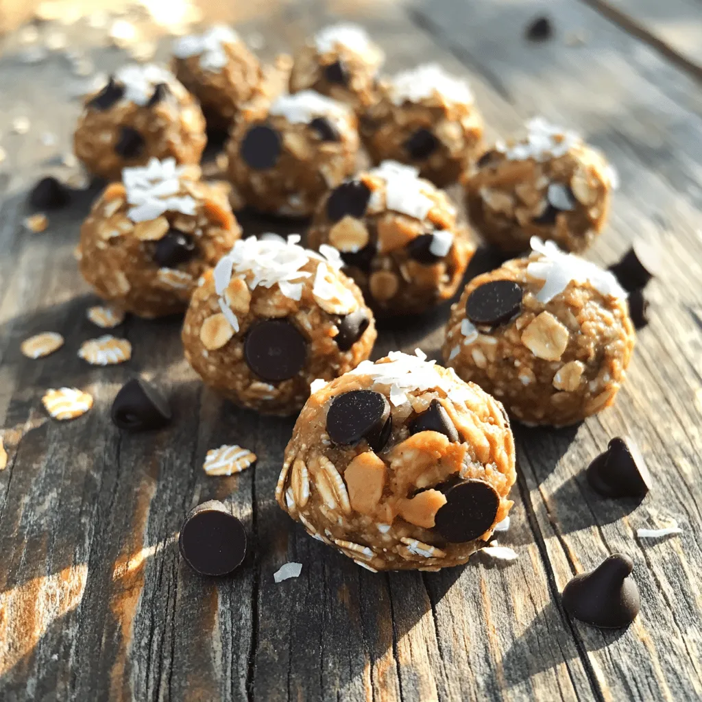 To make these No Bake Energy Bites, gather these key ingredients: - 1 cup rolled oats - 1/2 cup creamy peanut butter (or almond butter for a twist) - 1/4 cup honey (or maple syrup for a vegan option) - 1/2 cup dark chocolate chips (or chopped nuts) - 1/4 cup ground flaxseed - 1/4 cup shredded coconut (unsweetened) - 1 teaspoon vanilla extract - Pinch of salt Each ingredient plays a role. The oats give a nice base and add fiber. Peanut butter adds protein and healthy fats. Honey or maple syrup sweetens the bites while also helping to bind everything together. You can swap ingredients based on preference. Try almond butter instead of peanut butter. This change gives a more nutty flavor and is great for those with allergies. For sweetness, use agave syrup instead of honey if you want a vegan option. If you don’t like chocolate, you can use chopped dried fruit or even seeds for a different twist. Let’s look at the benefits of these ingredients: - Rolled oats provide fiber which helps digestion and keeps you full. - Peanut butter is packed with protein, helping to build muscles. - Honey contains antioxidants and can boost energy. - Dark chocolate chips offer a little indulgence and are rich in iron and magnesium. - Ground flaxseed is high in omega-3 fatty acids and fiber, promoting heart health. - Shredded coconut adds healthy fats and can improve skin health. These No Bake Energy Bites are not just tasty; they are also a healthy snack. They give you energy when you need it. You can find the full recipe above to make these delicious bites easily at home. Start by gathering all your ingredients. You will need rolled oats, nut butter, honey, chocolate chips, flaxseed, coconut, vanilla, and salt. This recipe is simple and quick. You can prepare it in about ten minutes. In a large bowl, mix the oats, flaxseed, and shredded coconut. In a separate bowl, warm the peanut butter and honey in the microwave. This should take about 20-30 seconds. Stir it until it is smooth. Pour this mixture over the dry ingredients. Add the chocolate chips, vanilla, and salt. Mix everything together until it is well combined. If it seems dry, add more peanut butter or honey. Roll the mixture into balls about one inch wide. Place them on a baking sheet or plate. Put the energy bites in the fridge for at least 30 minutes. This helps them firm up. After they chill, serve them as a snack or treat. You can store any leftovers in an airtight container in the fridge for up to a week. Enjoy these tasty bites whenever you need a quick snack boost! For the complete process, check out the Full Recipe. When making no bake energy bites, some common mistakes can ruin your snack. First, don’t skip the chilling step. If you don’t refrigerate the bites, they won’t hold their shape. Second, be careful with the ratios. Too much peanut butter makes them too sticky. Too little honey makes them dry. Always follow the recipe closely to get the best results. To get that perfect texture in your energy bites, use rolled oats. They give a hearty feel. Ground flaxseed adds fiber and helps bind the mix. If your mixture feels dry, add a bit more honey or peanut butter. Mixing well is key. Make sure all ingredients are combined for an even texture. Roll them tightly so they don’t crumble. You can easily enhance the flavors in your energy bites. Try adding a pinch of cinnamon for warmth. A touch of sea salt can elevate the sweetness. For a fruity twist, mix in dried fruits like cranberries or apricots. Experiment with different nut butters too. Almond butter adds a nice nutty taste. For more flavor ideas, check out the Full Recipe. {{image_2}} You can change the flavor of your no bake energy bites easily. Try adding cocoa powder for a rich chocolate taste. You can also use dried fruits like cranberries or apricots for a fruity twist. For a tropical vibe, mix in some chopped pineapple or mango. The options are many, so get creative! Making these bites fit your diet is simple. If you need a vegan version, swap honey for maple syrup. Use almond or sunflower seed butter if you have nut allergies. For gluten-free bites, just ensure your oats are certified gluten-free. These adjustments keep your snacks tasty and safe. Want to boost the nutrition? Consider adding chia seeds for omega-3 fatty acids. You can also toss in protein powder for an extra protein punch. Ground cinnamon can not only taste great but also provide health benefits. Each add-in makes your bites even better while keeping them fun to eat. For the full recipe, check out the No Bake Energy Bites 🥜 section. I find that storing energy bites correctly keeps them fresh and tasty. Use an airtight container to hold your bites. This will prevent them from drying out. Keep the container in the fridge for the best results. If you want to make them last longer, you can freeze them. To freeze energy bites, simply place them in a single layer on a baking sheet. Make sure they are not touching each other. Freeze them for about 30 minutes until firm. After that, transfer the bites to a freezer-safe bag or container. Remove as much air as you can to prevent freezer burn. They can stay good for up to three months in the freezer. Energy bites stored in the fridge will last about one week. Look for any signs of spoilage before eating. If you see mold or an off smell, it’s best to toss them. If the texture feels different, it may also be a sign they are no longer good. Always trust your senses to keep your snacks safe and enjoyable. To make No Bake Energy Bites, follow these easy steps. First, mix rolled oats, ground flaxseed, and shredded coconut in a bowl. In another bowl, warm peanut butter and honey in the microwave until melted. Pour this mix over the dry ingredients. Add chocolate chips and vanilla extract. Stir everything until combined. If it feels dry, add more peanut butter. Roll the mixture into small balls, about one inch wide. Place them on a lined sheet and chill for at least 30 minutes. This lets them firm up. You can find the full recipe above for more details. Yes, you can use different nut butters. Almond butter works great too. Sunflower seed butter is a good choice for nut-free bites. Each nut butter gives a unique flavor and texture. Just remember to keep the measurements the same. This way, your energy bites will still hold together well. You can store No Bake Energy Bites for up to one week. Keep them in an airtight container in the fridge. If you want them to last longer, consider freezing them. They can stay fresh in the freezer for up to three months. Just thaw them in the fridge when you're ready to eat. Energy bites are super versatile! You can enjoy them as a quick snack on the go. They pair well with fruit like apples or bananas. Try crumbling them over yogurt or oatmeal for added crunch. You can even pack them in lunch boxes or take them on hikes. Their bite-sized nature makes them perfect for sharing at parties too! In this blog post, we explored how to make tasty no-bake energy bites. We covered the key ingredients, their benefits, and fun substitutions. You learned easy steps for preparation and tips for the best texture. We discussed flavor variations and storage options to keep your bites fresh. Lastly, I answered common questions to clear any doubts. These energy bites are simple to make and healthy. Enjoy experimenting with flavors and sharing with friends!