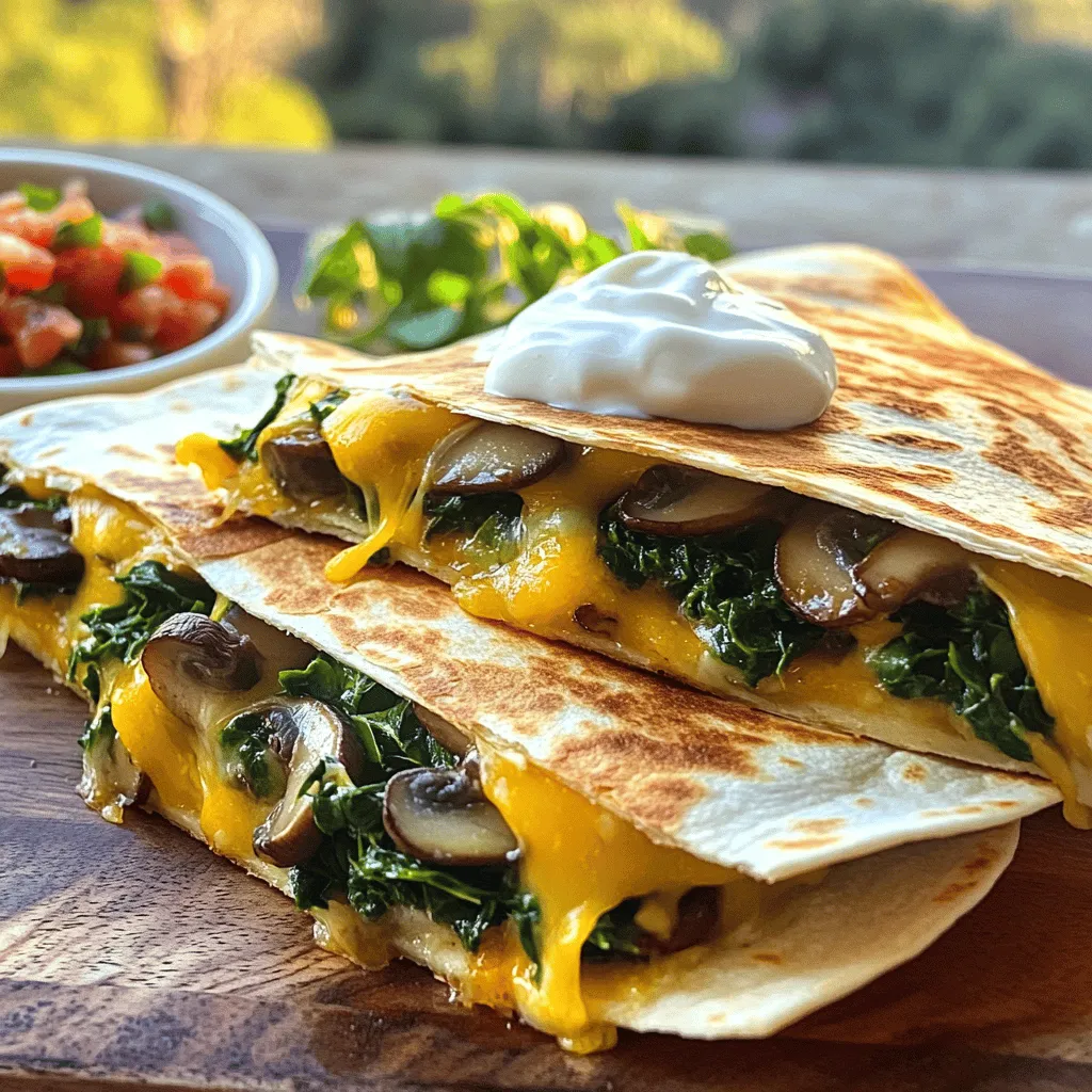 - 2 cups fresh spinach, chopped - 1 cup mushrooms, sliced (preferably cremini or button) - 1 cup shredded cheese (cheddar or a blend) - 4 large flour tortillas - 1 tablespoon olive oil - 2 cloves garlic, minced - 1 teaspoon cumin powder - Salt and pepper to taste - Optional: sour cream and salsa for serving The ingredients for mushroom and spinach quesadillas are simple yet packed with flavor. Fresh spinach adds a bright note, while mushrooms bring a hearty texture. Choosing the right cheese enhances the dish’s richness. For tortillas, I prefer large flour ones. They provide the perfect base for the filling. Olive oil helps sauté the garlic and adds a nice depth to the flavor. Cumin powder introduces a warm, earthy taste that complements the veggies beautifully. Feel free to adjust salt and pepper to suit your taste. For serving, sour cream and salsa add a refreshing kick. You can also explore other toppings to make it your own. To check out the complete recipe, refer to the earlier section. - Sauté Vegetables: Heat the olive oil in a large skillet over medium heat. Add minced garlic and sauté for about 30 seconds until fragrant. - Cook Mushrooms: Next, add sliced mushrooms to the skillet. Cook them until they soften and turn slightly brown, which takes about 5-7 minutes. - Add Spinach: Now, stir in the chopped spinach along with cumin, salt, and pepper. Cook until the spinach wilts, about 2-3 minutes. Remove the skillet from heat and let the mixture cool slightly. - Place tortilla in skillet: Grab a clean, dry skillet and place it over medium heat. - Add Filling and Cheese: Take one tortilla and spread the mushroom-spinach mixture and cheese on half of it. - Fold and Cook: Carefully fold the tortilla in half. Cook it for about 2-3 minutes on each side, until the tortilla is golden brown and the cheese melts. - Cut into wedges: Use a sharp knife to slice the quesadillas into wedges for serving. - Serve Warm: Enjoy these with sour cream and salsa on the side for added flavor. To make the best quesadilla, use a non-stick skillet. This helps prevent sticking and makes flipping easier. You can also play with cheese blends. Try Monterey Jack or pepper jack for a fun twist. Make sure to cook the mushrooms fully. This helps get rid of excess moisture. If you don’t, your quesadilla may become soggy. Also, don’t overload your quesadilla with filling. It can tear and make a mess. Garnish your quesadillas with fresh herbs. This adds color and makes them look fancy. Serve them on a colorful plate to make your meal pop! {{image_2}} You can change the greens in this dish. Substitute spinach with kale or arugula. Both add a unique taste. If you want more protein, add cooked chicken or beans. These swaps make the quesadilla heartier and filling. To spice things up, include chili powder or paprika. These spices give the quesadilla a kick. You can also mix in other vegetables. Try bell peppers or onions for added texture and taste. If you need a gluten-free option, use gluten-free tortillas. They work well and taste great too. For those who avoid dairy, choose dairy-free cheese alternatives. These options keep the quesadilla delicious while meeting dietary needs. - Refrigeration: Store in an airtight container for up to 3 days. - Freezing: Wrap tightly in foil and freeze for up to 2 months. After making your mushroom and spinach quesadillas, you may have some leftovers. I recommend storing them right away to keep them fresh. Use a good airtight container for the fridge. If you want to save them longer, wrap them tightly in foil and pop them in the freezer. They can last up to two months this way. - Microwave: Heat individual quesadillas on high for 30 seconds to 1 minute. - Skillet: Reheat in a skillet over low heat for a crispy texture. When you're ready to enjoy your leftovers, you have a couple of great options. If you're in a hurry, the microwave works well. Just heat each quesadilla for 30 seconds to 1 minute. If you want that crispy texture, the skillet is best. Warm it over low heat and give it a few minutes on each side. - Reheat only what you plan to eat to maintain quality. - Add fresh toppings before serving to enhance flavor. To keep your quesadillas tasting great, only reheat what you want to eat. This helps maintain their quality. Before serving, consider adding fresh toppings like sour cream or salsa. This little touch can really enhance the flavor and make your meal feel fresh. Ensure mushrooms are well cooked and use a non-stick skillet. Cooking the mushrooms well removes extra moisture. This keeps the tortilla crispy. I recommend sautéing them until they are golden brown. Yes, you can assemble them and store them in the refrigerator before cooking. This is great for meal prep. Just stack them with parchment paper in between to avoid sticking. When you are ready, cook them right from the fridge. Cheddar, Monterey Jack, or a blend of Mexican cheeses are preferred for melting. These cheeses create a nice, gooey texture. I often mix different cheeses for added flavor. Don’t be afraid to experiment! Look for a golden brown tortilla and melted cheese; this indicates they're ready. The tortillas should be crispy, and the cheese should ooze out when you cut them. This is the best moment! Absolutely! Grilled chicken or shredded beef can enhance the dish. Adding protein gives a nice balance. You can even use leftover meats for a quick meal. You can find the full recipe for Mushroom and Spinach Quesadillas in the designated section of this article. In this blog post, I shared how to make delicious mushroom and spinach quesadillas. We covered the key ingredients, the step-by-step cooking process, and tips to make them perfect. You learned how to store leftovers and discovered tasty variations. Enjoying fresh, homemade quesadillas is easy with these simple instructions. Experiment with different flavors and find your perfect blend!