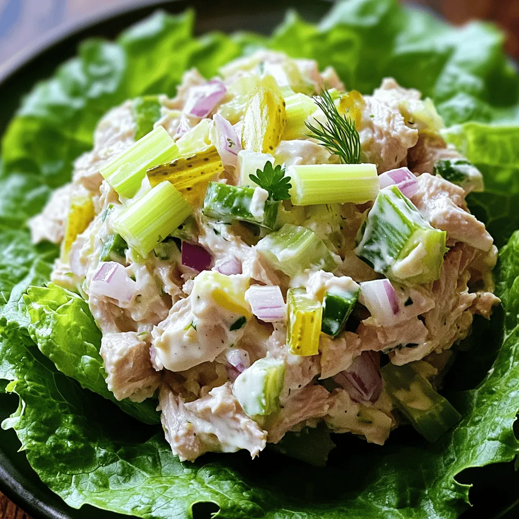 - 2 cans of tuna in water, drained - 1/4 cup mayonnaise - 1 tablespoon Dijon mustard - 1/4 cup celery, finely chopped - 1/4 cup red onion, finely chopped - 1/4 cup chopped dill pickles (or relish) - 1 tablespoon lemon juice - Salt and pepper to taste - Lettuce leaves, for serving The main star of this dish is canned tuna. It’s quick, tasty, and full of protein. I like to use tuna packed in water for a lighter option. Mayonnaise adds creaminess, while Dijon mustard gives a nice tang. Fresh vegetables, like celery and red onion, add crunch and flavor. Dill pickles or relish bring a burst of sweetness that rounds out the taste. Don't forget the lemon juice; it brightens the whole dish! - Fresh herbs like parsley or dill - A pinch of garlic powder or paprika - Chopped bell peppers or cucumbers - Shredded cheese like cheddar or feta You can mix things up with optional add-ins. Fresh herbs add a nice touch and enhance flavor. I often use parsley or dill for a fresh taste. Spices like garlic powder or paprika can give your salad a little kick. If you want more veggies, try adding bell peppers or cucumbers for extra crunch. Cheese is also a fun option! Cheddar or feta can add creaminess that many love. - Slices of whole grain or sourdough bread - A bed of mixed greens or spinach - Crunchy crackers or chips For serving, I love to offer a variety of options. You can make a sandwich with whole grain or sourdough bread. If you prefer something lighter, serve the tuna salad on a bed of mixed greens or spinach. Crackers or chips are great for dipping and add an enjoyable crunch. You can find the full recipe to help you create this meal in minutes! Combining the Ingredients Start by gathering your ingredients. Open and drain the tuna. In a large bowl, mix the drained tuna with 1/4 cup of mayonnaise and 1 tablespoon of Dijon mustard. Next, add 1/4 cup of finely chopped celery, 1/4 cup of red onion, and 1/4 cup of chopped dill pickles. Squeeze in 1 tablespoon of lemon juice. This mix gives your salad great flavor. Mixing Techniques for Best Flavor Use a fork to gently combine everything. Avoid smashing the tuna too much. You want to keep some texture. Mix until all ingredients are evenly coated with the mayonnaise and mustard. Taste the mixture and add salt and pepper as you like. This step ensures each bite is tasty. Serving Suggestions Once your tuna salad is mixed, you can serve it in different ways. One option is to scoop it onto crisp lettuce leaves for a fresh bite. You can also spread it on bread for a classic sandwich. If you want something crunchy, try serving it with crackers or chips. The choice is yours! Importance of Chilling Chilling your tuna salad is key. After mixing, place it in the fridge for at least 15 minutes. This helps the flavors blend together. A cold salad tastes fresh and bright. Serving on Lettuce or Bread When you're ready to serve, you can use lettuce or bread. For a light meal, serve it on fresh lettuce leaves. If you prefer a heartier option, make a sandwich with your favorite bread. Either way, it makes a satisfying meal. Creative Presentation Ideas Want to impress your guests? Try serving the tuna salad in small cups or bowls. You can add a slice of lemon or a sprig of dill on top for flair. These little touches make your dish look extra special. For a fun twist, use colorful plates or platters to create a feast for the eyes. For the full recipe, check out the details provided earlier. To make a great tuna salad, focus on texture. I like to mix different ingredients. For a crunchy bite, add finely chopped celery and red onion. This adds a fresh feel. You want the tuna to be creamy but not mushy. A good balance of mayo and Dijon mustard helps. For flavor, ensure you have a nice mix. The saltiness of the pickles adds zing. The lemon juice brightens up the taste. Always taste and adjust before serving. This gives you a well-rounded dish. Prepping ingredients ahead of time saves you minutes. Chop your veggies in advance. Store them in the fridge. This way, they are ready when you want to make your tuna salad. You can also use leftover ingredients. If you have cooked vegetables or even beans, toss them in. They add extra nutrition and flavor. Plus, it's a smart way to reduce food waste. Adjust your tuna salad for dietary needs. If you're avoiding mayo, try Greek yogurt. It gives a creamy texture and adds protein. For a low-carb option, skip the bread and serve on lettuce. To make it kid-friendly, cut down on strong flavors. You can use less onion and pickles. A touch of sweet relish can make it more appealing to kids. This way, everyone enjoys your tasty meal. {{image_2}} You can change up your tuna salad easily. One fun option is a Mediterranean tuna salad. To make this, add chopped olives, sun-dried tomatoes, and feta cheese. The flavors really shine through. Another idea is a spicy tuna salad. Mix in sriracha or chopped jalapeños for a kick. It adds heat and excitement to your meal. Want to make your tuna salad healthier? Adding avocado is a great choice. It makes the salad creamy and gives you healthy fats. Simply mash the avocado and mix it into the salad. You can also use Greek yogurt instead of mayonnaise. This swap cuts calories and adds protein. It gives the salad a nice tangy flavor too. Seasonal ingredients can make your tuna salad fresh and fun. In summer, add diced tomatoes and corn for a light, bright taste. These ingredients make your dish feel refreshing and perfect for warm days. For a holiday twist, include cranberries and chopped nuts. This gives the salad a festive feel and a crunch. Serve it as a side at your holiday table for a special touch. For the full recipe, refer to the Quick and Easy Tuna Salad. To keep your tuna salad fresh, use airtight containers. These containers prevent air from getting in. This helps stop the salad from getting dry or spoiled. Always store your tuna salad in the fridge. Make sure the lid is on tight. This will keep it tasty for longer. How long does tuna salad last in the fridge? It usually stays good for about 3 to 5 days. Keep an eye on it. If it looks or smells off, throw it away. You can also freeze tuna salad. Put it in a freezer-safe container. It can last for up to 3 months in the freezer. When ready to eat, thaw it in the fridge overnight. You can get creative with leftover tuna salad. Spread it on toast for a quick snack. Mix it into pasta for a hearty meal. You can also use it as a filling for wraps. If you meal prep, divide the salad into portions. This makes it easy to grab during busy days. Check out the Full Recipe for more ideas! You can store tuna salad in the fridge for up to three days. Make sure to keep it in an airtight container. This helps keep it fresh and safe to eat. Signs of Spoilage: - If the salad smells sour or off, it is best to discard it. - Look for changes in color or texture. If it looks slimy, do not eat it. Yes, you can use other fish like salmon or sardines. Both can add a nice twist to your salad. Flavor Considerations: - Different fish have unique tastes. Salmon adds a rich flavor, while sardines have a stronger taste. Choose what you enjoy most. Tuna salad pairs well with many sides. You can serve it with fresh veggies, chips, or bread. Side Dish Suggestions: - Carrot sticks or cucumber slices are great for crunch. - Crackers or tortilla chips add a fun crunch. Pairing Ideas: - Serve it on lettuce for a light meal. - You can make a tuna sandwich with your favorite bread. For a complete guide on making this dish, check out the Full Recipe! In this article, we covered how to make a great tuna salad. We looked at the main ingredients, optional add-ins, and perfect serving ideas. I shared tips for chilling, texture, and flavor balance. You learned about fun variations and how to store your salad. In summary, tuna salad is versatile and easy to personalize. Feel free to get creative and make it your own. Enjoy your tasty creation!