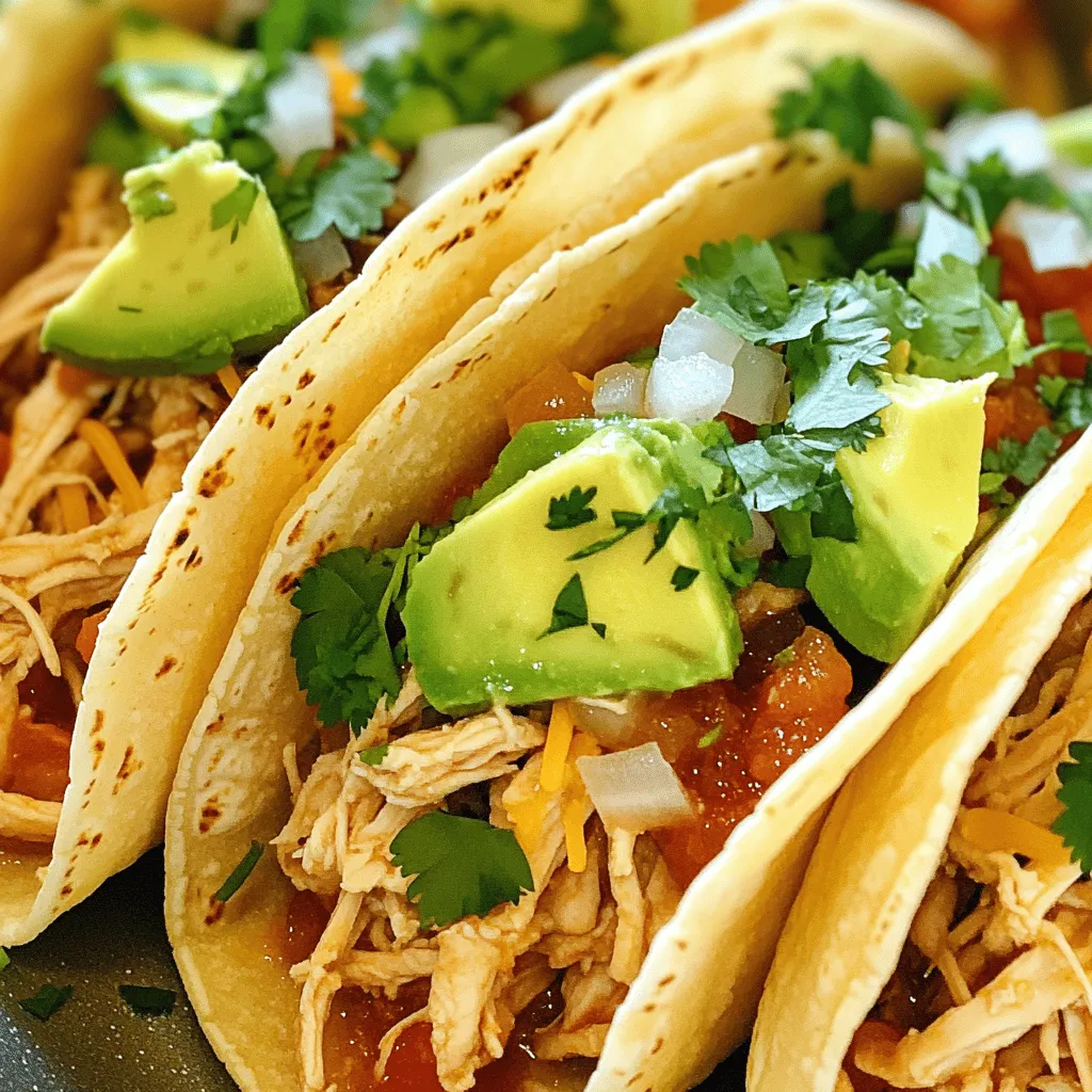 To make slow cooker chicken tacos, you need fresh and tasty ingredients. Here’s what you will need: - 2 lbs boneless, skinless chicken thighs - 1 cup diced tomatoes (canned or fresh) - 1 medium onion, finely chopped - 2 cloves garlic, minced - 1 tablespoon chili powder - 1 teaspoon cumin - 1 teaspoon smoked paprika - 1 teaspoon oregano - 1 jalapeño, finely chopped (optional) - 2 cups low-sodium chicken broth - Salt and pepper to taste - Fresh cilantro, chopped (for garnish) - Corn or flour tortillas (for serving) - Avocado slices (for serving) - Shredded cheese (for serving) The key to great chicken tacos is the right mix of spices. Chili powder brings heat. Cumin adds earthy notes. Smoked paprika gives a nice depth of flavor. Oregano ties it all together with a hint of freshness. The combination of these spices creates a flavor profile that’s hard to beat. Tomatoes add moisture and balance the spices. Onions and garlic give a rich base for the sauce. Chicken broth helps to keep everything juicy and tender while cooking. Together, these ingredients make a tasty taco filling. Toppings can elevate your tacos. You can add fresh cilantro for color and taste. Avocado slices bring creaminess. Shredded cheese adds richness and flavor. If you like a kick, consider adding hot sauce or salsa on top. Feel free to get creative with your toppings. Everyone loves a personalized taco! For the full recipe, you can refer to the cooking instructions provided above. To start, gather all your ingredients. You will need 2 lbs of boneless, skinless chicken thighs. Place them in the bottom of the slow cooker. This cut of chicken stays juicy and tender. Next, in a bowl, mix 1 cup of diced tomatoes, 1 medium chopped onion, and 2 minced garlic cloves. Add 1 tablespoon of chili powder, 1 teaspoon of cumin, 1 teaspoon of smoked paprika, and 1 teaspoon of oregano. If you like heat, toss in 1 finely chopped jalapeño. Season with salt and pepper. Pour this tasty mix over the chicken in the slow cooker. Don’t forget to add 2 cups of low-sodium chicken broth. This helps keep the chicken moist while cooking. Now, cover your slow cooker. Set it to low for 6 to 8 hours or high for 3 to 4 hours. The chicken should be very tender when it’s done. You want to be able to shred it easily. If you have time, slow cooking on low makes the flavors richer. When the chicken is ready, take two forks and shred it right in the slow cooker. Mix the shredded chicken with the sauce for great flavor. Warm up corn or flour tortillas in a skillet for a few seconds on each side. This makes them soft and tasty. Spoon the shredded chicken onto the tortillas. Top them with fresh chopped cilantro, avocado slices, and shredded cheese. Enjoy your delicious slow cooker chicken tacos! For more details, check the Full Recipe. To get the right taste in your slow cooker chicken tacos, you need a mix of spices. Use chili powder for heat and cumin for warmth. Smoked paprika adds a nice depth. Do not forget salt and pepper; they bring out all the other flavors. If you like it spicy, add more jalapeño or even some hot sauce. Letting the chicken soak in these flavors all day is key. A good slow cooker makes all the difference. I recommend models with a capacity of at least 6 quarts. This size works well for big meals. Look for a programmable slow cooker. It allows you to set cooking times and temperatures easily. A slow cooker with a locking lid is also a smart choice. It helps prevent spills and keeps everything warm. You can easily adjust this recipe for different diets. If you want a leaner option, use chicken breast instead of thighs. For a vegetarian version, swap in beans or lentils. You can also use vegetable broth instead of chicken broth. Dairy-free cheese can replace shredded cheese for a vegan taco. Each change can still give you tasty tacos. {{image_2}} You can swap chicken with other proteins. Ground turkey works well. It has a mild flavor that absorbs spices nicely. Pork shoulder is another great choice. Cook it low and slow for a tender result. Beef chuck also makes tasty tacos. Just remember, adjust cooking times based on the protein you choose. Change the spices for new flavors. If you crave heat, add more chili powder or fresh jalapeños. For a smoky taste, try chipotle peppers in adobo sauce. If you want something mild, reduce the spices to suit your taste. You can also experiment with different herbs. Fresh cilantro, parsley, or even mint can brighten your dish. Tacos can be served in many styles. Use corn or flour tortillas based on your choice. For a crunchy option, use taco shells. You can create a taco bar for fun. Set out toppings like diced onions, fresh cilantro, and avocado. Let everyone build their own taco. Serve with lime wedges for an extra zesty kick. You can find the full recipe to get started on these delicious tacos! After enjoying your slow cooker chicken tacos, store the leftovers in an airtight container. Make sure to let the chicken cool down first. You can keep it in the fridge for up to 4 days. Label the container with the date so you know when to use it. This way, you can enjoy your delicious tacos later without worry. When you're ready to eat the leftovers, reheating is easy. You can use the microwave or the stove. If using a microwave, place the chicken in a bowl and cover it. Heat in short bursts, stirring in between. If you choose the stove, warm it in a pan over low heat. Stir often until it's heated through. This keeps the chicken moist and tasty. If you want to save your chicken taco mixture for later, you can freeze it. First, let the mixture cool completely. Then, place it in a freezer-safe bag or container. Squeeze out as much air as possible to prevent freezer burn. The mixture will stay good in the freezer for up to 3 months. When you're ready to use it, just thaw in the fridge overnight. Reheat as described before to enjoy a quick meal! Yes, you can use frozen chicken. Just remember to add extra time. If using frozen chicken thighs, cook on low for 8 to 10 hours. The key is to ensure the chicken is fully cooked and safe to eat. Always check the internal temperature. It should reach 165°F (75°C) to be safe. Frozen chicken works great in a slow cooker, and the flavors will still soak in. You can store leftovers in the fridge for about 3 to 4 days. Make sure to place them in an airtight container. If you want to keep them longer, freezing is a good option. The chicken can last up to 3 months in the freezer. When you’re ready to eat, just thaw in the fridge overnight. Reheat it gently on the stove or in the microwave. A few sides work great with chicken tacos. Here are some ideas: - Mexican rice: This adds flavor and makes a nice base for your tacos. - Refried beans: Creamy and filling, they complement the tacos perfectly. - Corn salad: Fresh corn salad adds a crunchy, sweet touch. - Guacamole: Creamy and rich, guacamole is a classic dip you can't skip. - Pico de gallo: Fresh tomatoes, onion, and cilantro make a bright topping. Feel free to mix and match to find your favorite combinations! This blog post covered key steps to make delicious slow cooker chicken tacos. We explored essential ingredients for taste and optional toppings to enhance your dish. I shared easy prep and cooking methods, plus tips for shredding and serving. You learned how to balance flavors and find substitutes. Finally, I provided storage advice and answered common questions about this recipe. Through all this, I hope you feel ready to make these tasty tacos and enjoy them. Cooking like this should be simple and fun!