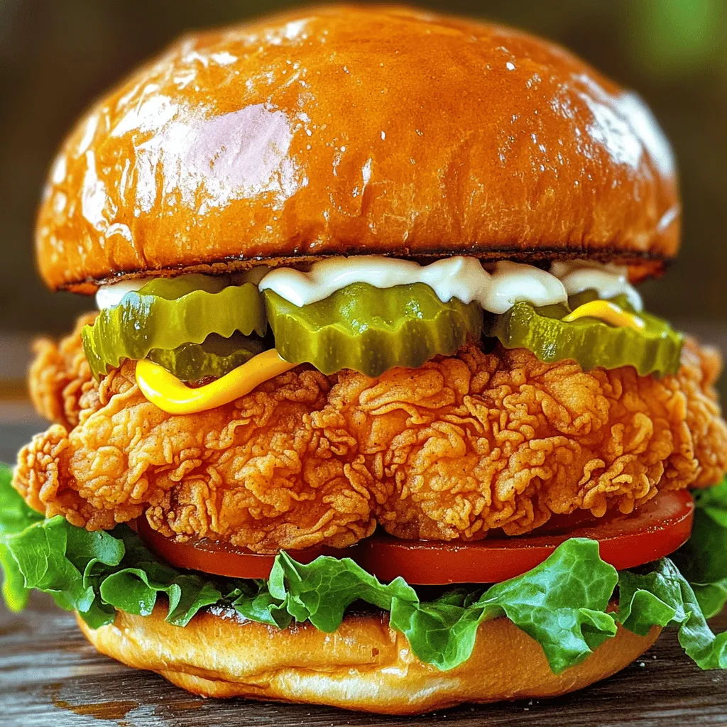 - Chicken and Marinade Components - 2 boneless chicken thighs - 1 cup buttermilk - Coating and Seasoning Ingredients - 1 cup all-purpose flour - 1 teaspoon paprika - 1 teaspoon garlic powder - 1 teaspoon onion powder - 1 teaspoon cayenne pepper (adjust for heat) - Salt and pepper, to taste - Vegetable oil, for frying - Bun and Topping Ingredients - 2 brioche buns - Lettuce leaves - Sliced tomatoes - Dill pickles - Sauce: 2 tablespoons mayonnaise mixed with 1 teaspoon mustard and a dash of hot sauce To create a great crispy fried chicken sandwich, you need a few key ingredients. First, you will want to start with chicken thighs. They are juicy and full of flavor. Marinating them in buttermilk makes them tender and adds great taste. For the coating, all-purpose flour works best. It gives a nice crunch when fried. The seasonings add depth to the flavor. Paprika, garlic powder, onion powder, and cayenne pepper give it a kick. Adjust the cayenne for your spice level. Next, you need fresh brioche buns. These will hold everything together. Don’t forget your toppings! Crisp lettuce, ripe tomatoes, and dill pickles add freshness and crunch. Finally, the sauce brings it all together. The blend of mayonnaise, mustard, and a bit of hot sauce adds creaminess and a zing. This combination of ingredients makes for a delicious crispy fried chicken sandwich. You can find the full recipe above to guide you through each step. Marinating the Chicken in Buttermilk First, take your two boneless chicken thighs. Place them in a bowl. Pour in one cup of buttermilk. Make sure the chicken is fully covered. This helps to tenderize the meat and adds flavor. Let it marinate in the fridge for at least one hour. For even better taste, marinate overnight. Coating the Chicken with the Seasoned Flour Next, prepare your coating. In another shallow dish, mix one cup of all-purpose flour with one teaspoon each of paprika, garlic powder, onion powder, cayenne pepper, salt, and pepper. Stir well until combined. After marinating, take the chicken out of the buttermilk. Let any extra buttermilk drip off. Dredge the chicken in the seasoned flour. Press to ensure the flour sticks well. Heating the Oil to the Right Temperature Now it’s time to fry! Pour enough vegetable oil into a deep frying pan to cover the bottom. Heat the oil over medium-high heat. You want it to reach 350°F (175°C). This temperature is key to getting that perfect crispiness. Frying the Chicken to Achieve Crispiness Carefully place the coated chicken into the hot oil. Fry each piece for about 6-8 minutes on one side. When golden brown, flip it over. Cook until it’s golden on both sides and the inside reaches 165°F (74°C). Remove the chicken and place it on a wire rack or paper towels to drain any excess oil. Toasting Brioche Buns While the chicken cools, let’s toast the buns. Take your brioche buns and place them on a skillet. Toast them until they turn golden brown. This adds a nice crunch and flavor to your sandwich. Adding Toppings and Sauce Now, it’s time to build your sandwich! Spread a sauce made with two tablespoons of mayonnaise, one teaspoon of mustard, and a dash of hot sauce on the bottom bun. Add the crispy chicken, lettuce leaves, sliced tomatoes, and dill pickles. Finally, place the top bun over everything. Enjoy your crispy fried chicken sandwich hot and fresh! For the full recipe, check out the details above. Importance of Buttermilk Marinade Buttermilk is key for juicy chicken. It tenderizes the meat and adds flavor. The acid helps break down proteins, making the chicken softer. A good soak for at least one hour gives the best result. For even more taste, marinate overnight. Techniques for Frying Frying at the right heat is crucial. Aim for 350°F (175°C). If the oil is too hot, the chicken burns. If it’s too cool, the chicken becomes greasy. Always check the temperature with a thermometer. Fry in batches to avoid crowding the pan. This keeps the oil hot and the chicken crispy. Best Side Dishes to Pair with the Sandwich Try coleslaw for a crunchy side. It complements the sandwich nicely. French fries are always a hit too. Sweet potato fries add a fun twist. A simple salad can balance the meal, providing freshness. Ideal Beverages to Complement the Meal I recommend iced tea for a classic touch. Lemonade offers a refreshing contrast. If you prefer something stronger, a light lager beer works well. Pair your meal with any drink you enjoy! {{image_2}} You can use different types of chicken for your sandwich. I often choose chicken thighs for their juicy flavor. Chicken breasts are a leaner option and work well too. Both give great results, but thighs usually stay moist longer when cooked. For those needing gluten-free options, you can use gluten-free flour. Almond flour or chickpea flour also creates a crunchy coating. Just ensure your seasonings are gluten-free as well. If you want a spicy kick, add more cayenne pepper or try hot paprika. You can also mix in spices like cumin or chili powder for extra depth. For a healthier sauce, consider Greek yogurt instead of mayonnaise. You can also add fresh herbs like dill or chives for flavor. This keeps your sandwich tasty while cutting down on calories. These variations allow you to customize your crispy fried chicken sandwich. Feel free to play around with these ideas to match your taste! For the full recipe, check out the Crispy Fried Chicken Sandwich section. To keep your crispy fried chicken sandwich fresh, follow these tips: - Refrigeration: Place leftover sandwiches in an airtight container. This keeps moisture out and helps maintain freshness. Store them in the fridge for up to three days. - Freezing Instructions: If you want to save your sandwich longer, wrap it tightly in plastic wrap and then in foil. This helps avoid freezer burn. You can freeze it for up to a month. - Oven vs. Microwave for Best Results: The oven is best for reheating. Preheat your oven to 350°F (175°C). Place the sandwich on a baking sheet. Heat for about 10-15 minutes. This method keeps the bread and chicken crispy. The microwave is faster but can make the bread soggy. If using a microwave, try heating in short bursts of 30 seconds. - Maintaining Crispiness When Reheating: To keep your sandwich crispy, use a wire rack in the oven. This allows heat to circulate around the sandwich. Avoid covering it with foil, as that traps steam and makes it soggy. Yes, you can prepare the chicken ahead. Marinate it in buttermilk the night before. This adds flavor and helps keep it moist. You can also coat the chicken in flour before frying it. Just store it in the fridge until you are ready to cook. The best way to check is with a meat thermometer. Insert it into the thickest part of the chicken. It should read at least 165°F (74°C). If you don’t have a thermometer, cut into the chicken. The meat should be opaque and the juices should run clear. You can make a quick substitute for buttermilk. Mix 1 cup of milk with 1 tablespoon of vinegar or lemon juice. Let it sit for about 5 minutes. This will give you a similar tangy flavor needed for the marinade. Yes, you can bake the chicken for a healthier option. Preheat your oven to 400°F (200°C). Place the coated chicken on a baking sheet. Bake for about 25-30 minutes until golden and cooked through. This will give you crispy edges without frying. In this blog post, we explored how to create a delicious chicken sandwich. We covered the important ingredients, from the marinated chicken to the toppings. I shared step-by-step cooking techniques and tips for perfect crispiness. You learned about variations and how to store leftovers properly. Remember, each tip helps you craft a meal your friends and family will love. Enjoy your cooking and get creative with flavors!