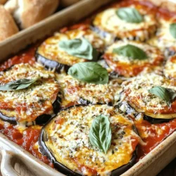 - 2 large eggplants, sliced into 1/4-inch rounds - 1 teaspoon salt - 2 cups marinara sauce (homemade or store-bought) - 1 ½ cups ricotta cheese - 2 cups shredded mozzarella cheese - 1 cup grated Parmesan cheese - 1 teaspoon dried oregano - 1 teaspoon garlic powder - Fresh basil leaves, for garnish - Olive oil spray or 2 tablespoons olive oil When making Baked Eggplant Parmesan, quality ingredients are key. I love using fresh eggplants for their texture and flavor. The salt helps draw moisture from the eggplant, which makes it less bitter. You can choose between homemade or store-bought marinara sauce, but I always say homemade is best if you have the time. For the cheeses, ricotta brings a creamy texture. Mozzarella offers that gooey stretch we all love, and Parmesan adds a salty kick. Don't forget the herbs! Dried oregano and garlic powder really enhance the overall taste. For garnish, fresh basil leaves brighten the dish. Lastly, olive oil spray or regular olive oil gives a nice golden finish to the eggplant. All these ingredients come together to create a rich and hearty meal that you will enjoy. If you're eager to dive into this delicious recipe, you can find the Full Recipe linked here. - Baking sheets - Parchment paper - Colander - Mixing bowls These tools make the cooking process smooth and easy. Using parchment paper on your baking sheets prevents sticking. A colander is perfect for draining the salted eggplant. Mixing bowls help combine the cheese and herbs well. With the right tools, you can focus more on the fun of cooking! - Preheat oven to 375°F (190°C). - Prepare baking sheets with parchment paper. - Sprinkle salt on eggplant slices and rest in a colander for 30 minutes. - Rinse and pat dry eggplant slices. First, you want to set the stage for your dish. Preheating the oven is key. It helps cook the eggplant evenly. While the oven warms up, prepare your baking sheets. Parchment paper keeps the eggplant from sticking. This makes cleanup easier, too. Next, let’s tackle the eggplant. Sprinkle the slices with salt. This step draws out moisture and any bitterness. Place them in a colander and let them sit for 30 minutes. After that, rinse the slices under cold water. Pat them dry with paper towels. You want them as dry as possible for the best texture. - Layer marinara sauce, eggplant, ricotta mixture, and cheeses. - Repeat the layering process. Now it’s time to build your dish. In a baking dish, spread a layer of marinara sauce. Next, add half of the baked eggplant slices. Then, spread half of the ricotta mixture on top. Don’t forget to sprinkle mozzarella and Parmesan cheese next. Repeat this layering until your dish is full. - Cover with foil and bake for 25 minutes. - Uncover and bake for an additional 15 minutes. Once assembled, cover your dish with foil. This keeps the moisture in while it bakes. Bake it for 25 minutes. After that, remove the foil. Bake for another 15 minutes. You want the cheese to be bubbly and golden. Follow these steps for a delicious Baked Eggplant Parmesan. Check out the Full Recipe for more details. - How to properly salt and dry eggplant: Start by slicing the eggplant into 1/4-inch rounds. Sprinkle salt evenly on both sides. This step helps draw out moisture and bitterness. Let the slices rest in a colander for about 30 minutes. Afterward, rinse them under cold water and pat dry with paper towels. This ensures your dish won’t be soggy. - Achieving the right cheese-to-sauce ratio: Balance is key. For the best flavor, use equal parts ricotta, mozzarella, and Parmesan. A good rule is to layer 1 cup of marinara, half the ricotta, and a mix of mozzarella and Parmesan for each layer. This will keep every bite cheesy and delicious. - Best sides to pair with Baked Eggplant Parmesan: This dish shines with a fresh green salad. A simple mix of arugula, cherry tomatoes, and a light vinaigrette works well. You can also serve it with crusty bread or garlic bread for a hearty meal. - Presentation tips for a stunning dish: Serve the Baked Eggplant Parmesan hot. Garnish it with fresh basil leaves. A sprinkle of grated Parmesan on top adds a nice touch. Use a large spoon to serve, so everyone gets a good mix of layers. - Over-salting eggplant: Be careful not to add too much salt. A teaspoon is usually enough for two large eggplants. If you over-salt, it can make the dish taste too salty and unbalanced. - Skipping the resting period: After baking, let the dish cool for 10 minutes. This helps the layers set and makes it easier to serve. Skipping this step can lead to a messy presentation. {{image_2}} You can make Baked Eggplant Parmesan even more delicious with some easy swaps. Adding spinach gives it a fresh taste and packs in nutrients. You can also toss in some sautéed mushrooms. They add a nice earthy flavor. For cheese lovers, try using different cheeses. Goat cheese brings a tangy twist. Feta cheese adds a salty kick. Mixing these cheeses with ricotta can make your dish special. If you need to make Baked Eggplant Parmesan gluten-free, look for gluten-free breadcrumbs. They work great in place of regular ones. You can even use ground nuts for a tasty crunch. For a vegan version, try cashew cheese or almond-based cheese. These options melt nicely and keep the dish creamy. You can also skip the ricotta and use a mix of tofu and spices for a similar texture. These variations allow you to enjoy this meal in many ways, keeping it fun and fresh. For a full recipe, check out the details above. To keep your Baked Eggplant Parmesan fresh, let it cool completely. Then, cover it tightly with plastic wrap or aluminum foil. Store it in the fridge. This dish stays good for about 3 to 4 days. If you want to keep it longer, consider freezing it. To reheat, the oven is the best choice. Preheat it to 350°F (175°C). Place the dish in the oven for about 20 minutes. This method keeps the cheese melty and the eggplant soft. You can also use a microwave. Heat in short bursts of 1 minute, checking in between. For long-term storage, freezing is great. First, slice the dish into portions. Wrap each piece in plastic wrap, then in foil. Label and date them. They can last up to 3 months in the freezer. When ready to eat, thaw in the fridge overnight before reheating. Can I make Baked Eggplant Parmesan ahead of time? Yes, you can! Prepare the dish up to the baking step. Cover it and store it in the fridge for up to two days. When you're ready, bake it straight from the fridge. It may take a little longer to heat through. What can I substitute for ricotta cheese? If you need a ricotta substitute, try cottage cheese or cream cheese. You can also use silken tofu for a dairy-free option. Blend it until smooth for a similar texture. Is it possible to make this dish dairy-free? Absolutely! Use vegan cheese or a nut-based ricotta made from blended cashews. This keeps the creamy texture and flavors without the dairy. How can I tell when the eggplant is cooked through? Look for a golden brown color and a soft texture. You can pierce the eggplant with a fork. If it goes in easily, the eggplant is cooked. The eggplant should feel tender but not mushy. For the detailed recipe, check the Full Recipe. We covered the key steps for making Baked Eggplant Parmesan. Start by preparing the ingredients, salting the eggplant, and layering your dish. Remember to follow the baking times for the best results. Use these tips to avoid mistakes and customize the dish to your liking. Whether you keep it classic or try new ingredients, it’s a fun meal. Enjoy your cooking adventure with Baked Eggplant Parmesan!