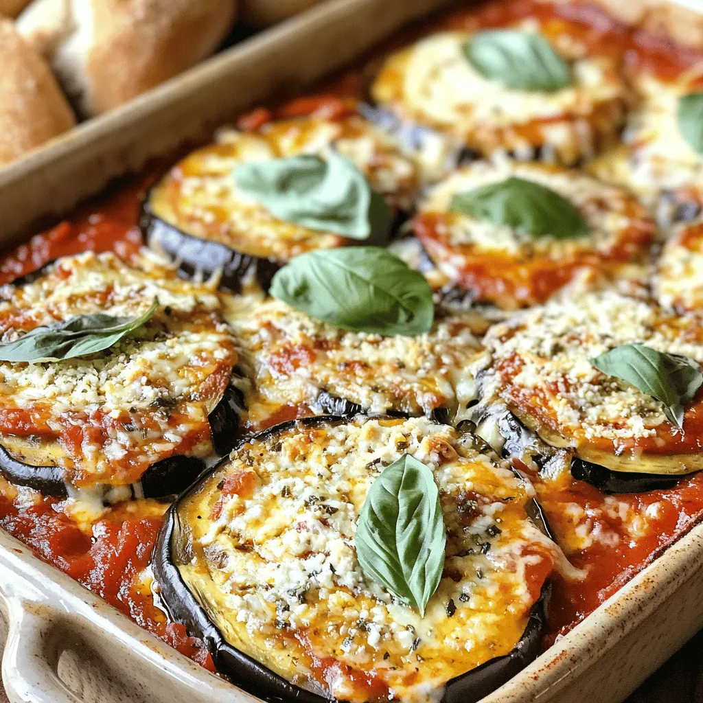 - 2 large eggplants, sliced into 1/4-inch rounds - 1 teaspoon salt - 2 cups marinara sauce (homemade or store-bought) - 1 ½ cups ricotta cheese - 2 cups shredded mozzarella cheese - 1 cup grated Parmesan cheese - 1 teaspoon dried oregano - 1 teaspoon garlic powder - Fresh basil leaves, for garnish - Olive oil spray or 2 tablespoons olive oil When making Baked Eggplant Parmesan, quality ingredients are key. I love using fresh eggplants for their texture and flavor. The salt helps draw moisture from the eggplant, which makes it less bitter. You can choose between homemade or store-bought marinara sauce, but I always say homemade is best if you have the time. For the cheeses, ricotta brings a creamy texture. Mozzarella offers that gooey stretch we all love, and Parmesan adds a salty kick. Don't forget the herbs! Dried oregano and garlic powder really enhance the overall taste. For garnish, fresh basil leaves brighten the dish. Lastly, olive oil spray or regular olive oil gives a nice golden finish to the eggplant. All these ingredients come together to create a rich and hearty meal that you will enjoy. If you're eager to dive into this delicious recipe, you can find the Full Recipe linked here. - Baking sheets - Parchment paper - Colander - Mixing bowls These tools make the cooking process smooth and easy. Using parchment paper on your baking sheets prevents sticking. A colander is perfect for draining the salted eggplant. Mixing bowls help combine the cheese and herbs well. With the right tools, you can focus more on the fun of cooking! - Preheat oven to 375°F (190°C). - Prepare baking sheets with parchment paper. - Sprinkle salt on eggplant slices and rest in a colander for 30 minutes. - Rinse and pat dry eggplant slices. First, you want to set the stage for your dish. Preheating the oven is key. It helps cook the eggplant evenly. While the oven warms up, prepare your baking sheets. Parchment paper keeps the eggplant from sticking. This makes cleanup easier, too. Next, let’s tackle the eggplant. Sprinkle the slices with salt. This step draws out moisture and any bitterness. Place them in a colander and let them sit for 30 minutes. After that, rinse the slices under cold water. Pat them dry with paper towels. You want them as dry as possible for the best texture. - Layer marinara sauce, eggplant, ricotta mixture, and cheeses. - Repeat the layering process. Now it’s time to build your dish. In a baking dish, spread a layer of marinara sauce. Next, add half of the baked eggplant slices. Then, spread half of the ricotta mixture on top. Don’t forget to sprinkle mozzarella and Parmesan cheese next. Repeat this layering until your dish is full. - Cover with foil and bake for 25 minutes. - Uncover and bake for an additional 15 minutes. Once assembled, cover your dish with foil. This keeps the moisture in while it bakes. Bake it for 25 minutes. After that, remove the foil. Bake for another 15 minutes. You want the cheese to be bubbly and golden. Follow these steps for a delicious Baked Eggplant Parmesan. Check out the Full Recipe for more details. - How to properly salt and dry eggplant: Start by slicing the eggplant into 1/4-inch rounds. Sprinkle salt evenly on both sides. This step helps draw out moisture and bitterness. Let the slices rest in a colander for about 30 minutes. Afterward, rinse them under cold water and pat dry with paper towels. This ensures your dish won’t be soggy. - Achieving the right cheese-to-sauce ratio: Balance is key. For the best flavor, use equal parts ricotta, mozzarella, and Parmesan. A good rule is to layer 1 cup of marinara, half the ricotta, and a mix of mozzarella and Parmesan for each layer. This will keep every bite cheesy and delicious. - Best sides to pair with Baked Eggplant Parmesan: This dish shines with a fresh green salad. A simple mix of arugula, cherry tomatoes, and a light vinaigrette works well. You can also serve it with crusty bread or garlic bread for a hearty meal. - Presentation tips for a stunning dish: Serve the Baked Eggplant Parmesan hot. Garnish it with fresh basil leaves. A sprinkle of grated Parmesan on top adds a nice touch. Use a large spoon to serve, so everyone gets a good mix of layers. - Over-salting eggplant: Be careful not to add too much salt. A teaspoon is usually enough for two large eggplants. If you over-salt, it can make the dish taste too salty and unbalanced. - Skipping the resting period: After baking, let the dish cool for 10 minutes. This helps the layers set and makes it easier to serve. Skipping this step can lead to a messy presentation. {{image_2}} You can make Baked Eggplant Parmesan even more delicious with some easy swaps. Adding spinach gives it a fresh taste and packs in nutrients. You can also toss in some sautéed mushrooms. They add a nice earthy flavor. For cheese lovers, try using different cheeses. Goat cheese brings a tangy twist. Feta cheese adds a salty kick. Mixing these cheeses with ricotta can make your dish special. If you need to make Baked Eggplant Parmesan gluten-free, look for gluten-free breadcrumbs. They work great in place of regular ones. You can even use ground nuts for a tasty crunch. For a vegan version, try cashew cheese or almond-based cheese. These options melt nicely and keep the dish creamy. You can also skip the ricotta and use a mix of tofu and spices for a similar texture. These variations allow you to enjoy this meal in many ways, keeping it fun and fresh. For a full recipe, check out the details above. To keep your Baked Eggplant Parmesan fresh, let it cool completely. Then, cover it tightly with plastic wrap or aluminum foil. Store it in the fridge. This dish stays good for about 3 to 4 days. If you want to keep it longer, consider freezing it. To reheat, the oven is the best choice. Preheat it to 350°F (175°C). Place the dish in the oven for about 20 minutes. This method keeps the cheese melty and the eggplant soft. You can also use a microwave. Heat in short bursts of 1 minute, checking in between. For long-term storage, freezing is great. First, slice the dish into portions. Wrap each piece in plastic wrap, then in foil. Label and date them. They can last up to 3 months in the freezer. When ready to eat, thaw in the fridge overnight before reheating. Can I make Baked Eggplant Parmesan ahead of time? Yes, you can! Prepare the dish up to the baking step. Cover it and store it in the fridge for up to two days. When you're ready, bake it straight from the fridge. It may take a little longer to heat through. What can I substitute for ricotta cheese? If you need a ricotta substitute, try cottage cheese or cream cheese. You can also use silken tofu for a dairy-free option. Blend it until smooth for a similar texture. Is it possible to make this dish dairy-free? Absolutely! Use vegan cheese or a nut-based ricotta made from blended cashews. This keeps the creamy texture and flavors without the dairy. How can I tell when the eggplant is cooked through? Look for a golden brown color and a soft texture. You can pierce the eggplant with a fork. If it goes in easily, the eggplant is cooked. The eggplant should feel tender but not mushy. For the detailed recipe, check the Full Recipe. We covered the key steps for making Baked Eggplant Parmesan. Start by preparing the ingredients, salting the eggplant, and layering your dish. Remember to follow the baking times for the best results. Use these tips to avoid mistakes and customize the dish to your liking. Whether you keep it classic or try new ingredients, it’s a fun meal. Enjoy your cooking adventure with Baked Eggplant Parmesan!
