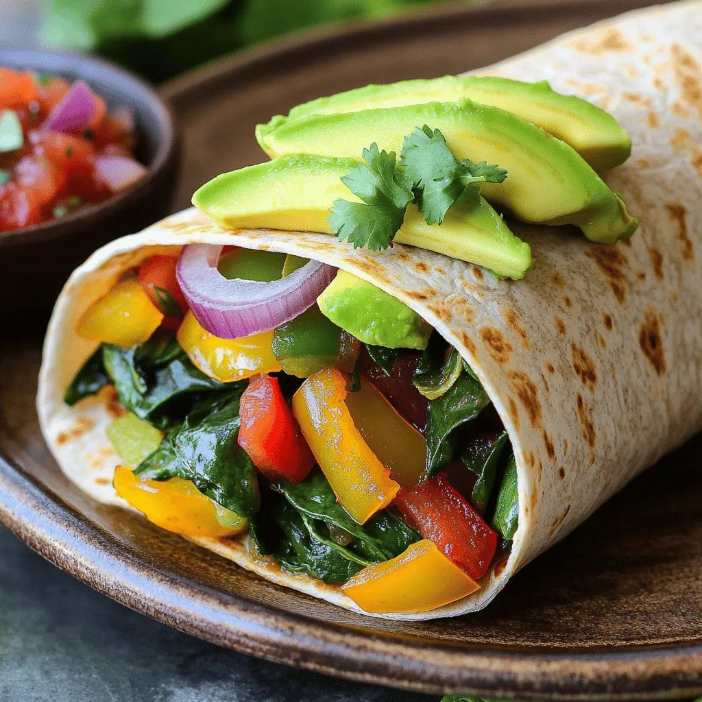 - 1 large whole wheat tortilla - 1/2 cup black beans, rinsed and drained - 1 small bell pepper, diced (any color) - 1/4 cup red onion, finely chopped - 1 cup fresh spinach - 2 eggs, beaten The large whole wheat tortilla serves as the base. It gives you fiber and helps keep you full. Black beans add protein and a nice texture. Rinse them well to remove excess sodium. The fresh veggies, like bell pepper, red onion, and spinach, bring color and nutrients to your meal. Diced bell pepper adds crispness, while red onion gives a hint of sweetness. Spinach packs a nutrient punch and cooks quickly. - 1/4 teaspoon cumin - 1/4 teaspoon smoked paprika - Salt and pepper to taste - 1/4 avocado, sliced (optional) - Fresh cilantro for garnish (optional) - Salsa (optional, for serving) Cumin and smoked paprika enhance the flavor of your burrito. They add warmth and depth that make each bite delightful. Adjust the salt and pepper to suit your taste. Avocado adds creaminess and healthy fats. Fresh cilantro brightens the dish, while salsa adds a spicy kick if you like heat. Each ingredient in the burrito brings health benefits. Whole wheat tortillas provide fiber, which aids digestion. Black beans are high in protein and iron. Bell peppers are rich in vitamins A and C. Red onions have antioxidants, and spinach is low in calories but high in nutrients. Eating a healthy breakfast like this burrito fuels your body. It gives you energy for the day ahead. Skipping breakfast can lead to cravings later. Enjoying this burrito helps you stay satisfied and focused. For the full recipe, check out the details above for the perfect start to your day! - Sautéing vegetables in the skillet: Heat a non-stick skillet over medium heat. Add a splash of olive oil. Toss in the diced bell pepper and red onion. Cook them for about 3-4 minutes until soft. Next, add the corn and spinach. Stir until the spinach wilts, which takes about 1-2 minutes. - Incorporating the eggs: Push the veggie mix to one side of the skillet. Pour the beaten eggs into the empty space. Season with cumin, smoked paprika, salt, and pepper. Scramble the eggs until they are fully cooked. Mix them together with the veggies in the skillet. - Preparing the tortilla: In another skillet, warm the whole wheat tortilla for about 20 seconds on each side. This makes it soft and easy to roll. - Layering ingredients on the tortilla: Place the warmed tortilla flat on a clean surface. In the center, layer the black beans, followed by the veggie and egg mix. Top it off with slices of avocado. - Folding techniques for the perfect roll: Fold the sides of the tortilla inward, then roll it up from the bottom. Tuck in the filling as you go to keep everything inside. - Optional steps for toasting: Place the burrito seam-side down in the skillet. For extra crispiness, toast it for 1-2 minutes on each side. This adds a nice crunch. - Best serving practices: Slice the burrito in half before serving. Garnish with fresh cilantro and serve with salsa if you like. Enjoy your Healthy Veggie Breakfast Burrito packed with flavor! For the full recipe, check out the details above. To get the best scrambled eggs, beat them well before cooking. This adds air and makes them fluffy. Cook them over medium heat. Stir gently to keep them soft. Remove them from the heat just before they finish cooking. They will continue to cook from the residual heat. For sautéing veggies, use a non-stick skillet. Start with a little olive oil. Heat it over medium heat. Add diced bell peppers and red onion. Cook until soft, about 3-4 minutes. Then add corn and spinach. Stir often to avoid burning. Cook until the spinach wilts, about 1-2 minutes. This keeps the veggies bright and fresh. Make ahead by prepping the veggies and beans. You can store them in the fridge for up to three days. Just make sure to keep them in an airtight container. This saves time on busy mornings. For reheating, heat the burrito in a skillet. This keeps it crispy. You can also use the microwave. Just cover it with a damp paper towel to keep it moist. Heat for about 30 seconds, then check if it's warm. Pair your burrito with sides for a full meal. Fresh fruit or yogurt works great. You can also serve it with a small salad. This adds color and nutrients. For a complete breakfast spread, think about adding a smoothie or a drink. A green smoothie or fresh juice pairs well. You can also add a small bowl of salsa for dipping. These ideas make your meal fun and filling. For the full recipe, check out the Healthy Veggie Breakfast Burrito. {{image_2}} You can swap in many vegetables for your burrito. Try zucchini, mushrooms, or kale. These options add flavor and texture. Seasonal swaps work great too. In spring, add asparagus or peas. In winter, use roasted root veggies like sweet potatoes or carrots. This keeps your breakfast fresh and exciting. Want a protein boost? Try adding tofu or tempeh. Both are excellent sources of plant protein. Just sauté them with your veggies for a hearty meal. You can also use vegetarian sausage. Many brands offer tasty options that fit perfectly in your burrito. Choose what you love best! Feel free to get creative with spices. Add chili powder, garlic powder, or even a dash of turmeric. Fresh herbs like cilantro or parsley enhance the flavors, too. For a spicy kick, drizzle your burrito with hot sauce or sriracha. These simple tweaks turn your breakfast burrito into a flavorful feast. For the full recipe, check out the Healthy Veggie Breakfast Burrito 🥑. To keep your burritos fresh, wrap them tightly in foil or plastic wrap. You can also place them in an airtight container. This method helps to prevent drying out. Store them in the fridge for up to 3 days. If you want to keep them longer, freeze them for up to 3 months. Thaw frozen burritos in the fridge before reheating. When it’s time to enjoy your burrito, you have two great options. The microwave is quick and easy. Wrap the burrito in a damp paper towel. Heat for 1-2 minutes, checking to ensure it’s warm throughout. For a crispier texture, use a skillet. Heat on medium for about 3-4 minutes on each side. This method keeps the tortilla from getting soggy. Batch cooking is a smart way to start your day. Use glass or plastic containers with lids for easy storage. Portion out the burritos for quick access. You can make several at once and freeze them for busy mornings. Just grab one, reheat, and you’re ready to go! This prep makes healthy eating simple and fun. For the full recipe, refer to the Healthy Veggie Breakfast Burrito section. Yes, you can easily make this burrito vegan! For the eggs, use firm tofu. Crumble the tofu and sauté it in the skillet like scrambled eggs. To replace dairy, skip the avocado or use a dairy-free alternative like cashew cream. Nutritional yeast adds a cheesy flavor without dairy. To make this burrito gluten-free, choose corn tortillas or gluten-free wraps. You can find these options in most grocery stores. Always check the label to ensure they are certified gluten-free. This way, you can enjoy a tasty breakfast without worrying about gluten. Pair your burrito with fresh fruit like berries or sliced oranges. A simple green salad with lemon dressing also works well. Greek yogurt or a small bowl of salsa adds a nice touch, too. These sides are quick to prepare and healthy! You've learned how to make a healthy veggie breakfast burrito from scratch. We covered key ingredients, preparation steps, and tips for the perfect texture and flavor. Don't forget the nutritional benefits of a wholesome breakfast. With numerous variations, you can customize this dish to fit your taste. Whether you meal prep or serve fresh, you now have all the tools to enjoy a delicious start to your day. Embrace creativity in your kitchen, and make breakfast exciting!