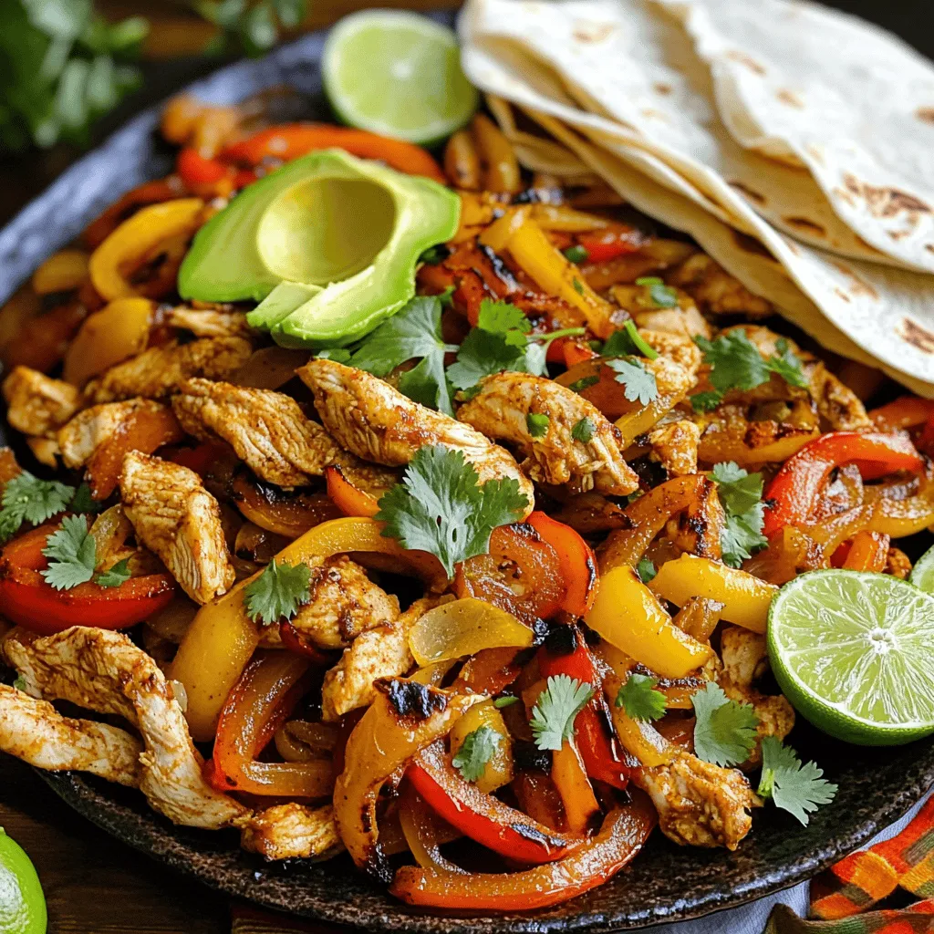 To make tasty chicken fajitas, you need fresh and vibrant ingredients. Here’s what you will need: - 1 pound boneless, skinless chicken breast, sliced into thin strips - 1 red bell pepper, sliced - 1 yellow bell pepper, sliced - 1 medium onion, sliced - 3 cloves garlic, minced - 2 tablespoons olive oil - 1 tablespoon chili powder - 1 teaspoon cumin - 1 teaspoon paprika - ½ teaspoon salt - ½ teaspoon black pepper - Juice of 1 lime - Flour or corn tortillas, for serving - Fresh cilantro, chopped, for garnish - Avocado slices and sour cream, for serving These ingredients create a colorful and flavorful dish. Each element adds to the overall taste, making your meal special. You can customize your chicken fajitas with some fun add-ins. Here are a few ideas: - Sliced jalapeños for heat - Black beans for extra protein - Corn for a sweet crunch - Shredded cheese for richness - Sour cream or guacamole for creaminess Feel free to mix and match these options. They can transform your dish and suit your taste. To cook your chicken fajitas, you will need a few basic tools: - A large bowl for marinating the chicken - A skillet or cast-iron pan for cooking - A spatula or wooden spoon for stirring - A cutting board and knife for slicing vegetables With these tools, you can easily prepare your meal. Make sure to have everything ready before you start cooking. This will help you enjoy the process and create a delicious dish. For the full recipe, refer to the earlier section. Start by gathering your chicken and spices. In a large bowl, mix sliced chicken, lime juice, olive oil, chili powder, cumin, paprika, salt, and black pepper. Make sure every piece of chicken is coated well. Cover the bowl and let it sit. I suggest waiting at least 15 minutes. If you have more time, let it marinate for up to 2 hours in the fridge. This step adds great flavor. Next, heat a large skillet over medium-high heat. Add the marinated chicken to the hot skillet in a single layer. Cook for about 5 to 7 minutes. Stir occasionally so that it cooks evenly. You want the chicken to be fully cooked and have a nice char. Once done, take the chicken out and keep it warm on a plate. In the same skillet, you can add a bit more olive oil if needed. Toss in the sliced onion and bell peppers. Sauté these for about 4 to 5 minutes. You want them to be tender and slightly caramelized. This brings out their natural sweetness and adds more flavor to your fajitas. Now, add the cooked chicken back into the skillet with the veggies. Mix everything well so the flavors combine. Cook together for an extra 1 to 2 minutes. This helps the chicken soak up the taste of the vegetables. You’ll love how it all comes together. To serve, warm the tortillas in a separate pan or microwave. Place the sizzling chicken and veggie mix on the tortillas. Top with chopped fresh cilantro, slices of avocado, and a dollop of sour cream. You can find the full recipe for more details. Make it a fun meal by letting everyone build their own fajitas! For juicy chicken, cut it into thin strips. This helps it cook fast. Marinate the chicken for at least 15 minutes. The longer you marinate, the more flavor it gets. When cooking, heat the skillet until it's hot. This gives the chicken a nice sear. Cook it in a single layer to avoid steaming. Stir only when needed to get a good char. I love using bell peppers and onions in my fajitas. They add color and sweetness. Red and yellow bell peppers taste great together. You can also add green bell peppers for a bit of crunch. If you want more flavor, try adding mushrooms or zucchini. These veggies cook well and soak up the spices. To boost flavor, add fresh herbs like cilantro. A pinch of lime juice brightens the dish. You can also sprinkle in some chili flakes for heat. If you like smoky flavors, try adding smoked paprika. For a sweeter touch, a bit of honey or agave works well. Mix and match these ideas to find your perfect taste. For the full recipe, check out the link above. {{image_2}} You can easily make vegetarian fajitas. Just swap the chicken for veggies. Use mushrooms, zucchini, or eggplant. These options give great flavor and texture. You can still use the same spices. Marinate your vegetables just like the chicken for a tasty result. This way, you get all the yum without meat! Chicken is not the only choice. You can use beef, shrimp, or even tofu. Each protein brings its own unique taste. Beef fajitas are rich and hearty, while shrimp is light and fresh. Just adjust cooking times. For shrimp, cook for only 3-4 minutes. Tofu can soak up the marinade well. Use firm tofu for the best results! If you love heat, make spicy chicken fajitas. Add jalapeños or cayenne pepper to the marinade. You can also use hot sauce in the mix. For more spice, serve with salsa or pickled peppers. Adjust the heat to your liking. If you want a kick, add some crushed red pepper to the veggies while cooking. You’ll have a sizzling dish that will wake up your taste buds! For more ideas, check out the Full Recipe. To store leftover fajitas, let them cool down first. Place the chicken and veggies in an airtight container. If you have extra tortillas, keep them in a separate bag. This keeps them fresh and prevents sogginess. Store the container in the fridge. Use the leftovers within three days for the best taste. When you're ready to eat the leftovers, reheat them on the stove for best results. Use a skillet over medium heat. Add a splash of oil and toss in the chicken and veggies. Heat for about five minutes, stirring until hot. You can also use the microwave. Place the fajitas in a microwave-safe dish, cover, and heat for one to two minutes. Stir halfway through for even heating. You can freeze the chicken fajitas for later use. First, make sure they are cool. Pack the chicken and veggies in freezer bags. Squeeze out as much air as possible. Label the bags with the date. They will keep well for up to three months. When you’re ready to use them, thaw in the fridge overnight. Then, reheat as mentioned above. Enjoy your quick and easy meal anytime! Yes, you can make Easy Chicken Fajitas in advance. Prepare the chicken and veggies, then store them separately in the fridge. You can marinate the chicken for up to two hours before cooking. This helps the flavors soak in better. When you are ready to eat, just sauté the veggies and heat the chicken. This method saves you time on busy days. To spice up your fajitas, add chopped jalapeños or a pinch of cayenne pepper to the marinade. You can also use hot salsa as a topping. If you enjoy heat, try a spicier chili powder or add crushed red pepper flakes. Adjust the heat level to suit your taste. Spice makes the dish exciting and full of flavor. Flour tortillas are soft and hold well, making them a popular choice. They are great for wrapping your fajitas. Corn tortillas are a good option if you prefer a gluten-free choice. They have a nice texture and flavor. Choose the size that fits your meal best, whether small or large. Each type adds its own touch to your dish. For the full recipe, check the detailed instructions above. You’ve learned about the main ingredients for easy chicken fajitas and how to cook them. We covered marinating, cooking, and serving. You now have tips for perfect chicken, vegetable choices, and flavor boosts. Don’t forget the variations for vegetarian or spicy options. With the right storage, your leftovers will stay fresh. Keep these tips in mind as you cook. I hope you enjoy making delicious fajitas at home. Trust me, they will be a hit!