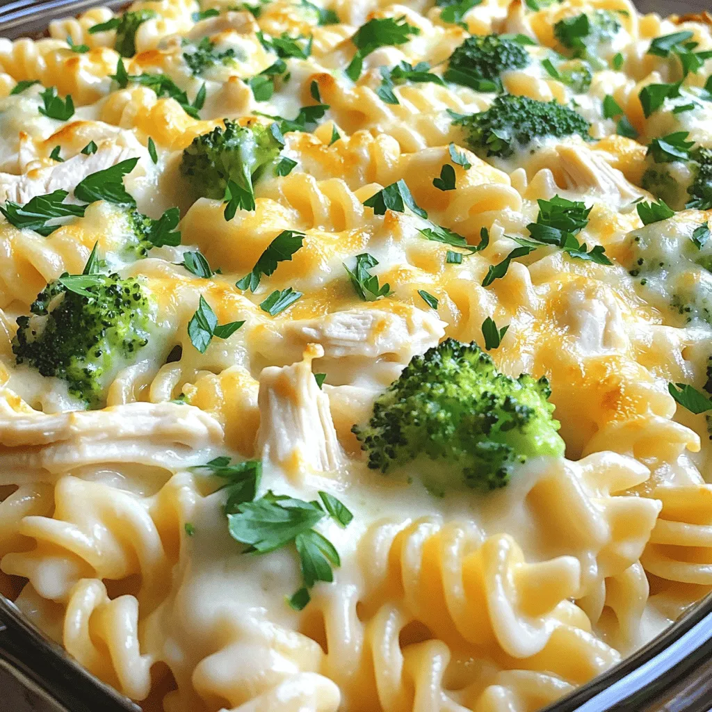 To make a tasty Chicken Alfredo Bake, gather these simple ingredients: - 2 cups cooked rotini pasta - 2 cups cooked chicken breast, shredded - 1 cup broccoli florets, blanched - 1 cup Alfredo sauce (store-bought or homemade) - 1 cup mozzarella cheese, shredded - 1/2 cup parmesan cheese, grated - 1 teaspoon garlic powder - 1 teaspoon Italian seasoning - Salt and pepper to taste - Fresh parsley for garnish (optional) These ingredients create a creamy dish that is both filling and comforting. If you want to mix things up, you can change a few ingredients. Here are some ideas: - Pasta: Use penne or rotini for a different texture. - Chicken: Swap cooked chicken for turkey or cooked sausage. - Veggies: Add spinach, bell peppers, or mushrooms for extra flavor. - Sauce: Try using a cheese sauce instead of Alfredo for a twist. - Cheese: Substitute cheddar or gouda for a sharper taste. These substitutions can help you tailor the recipe to your taste or what you have at home. This Chicken Alfredo Bake is delicious but also packed with nutrients. Here’s a quick breakdown of what you get per serving: - Calories: Approximately 500 - Protein: 35g - Carbohydrates: 45g - Fat: 20g - Fiber: 3g This dish offers a good balance of protein and carbs, making it a well-rounded meal. Always check for specific dietary needs when preparing. First, gather your ingredients. You will need cooked rotini pasta, shredded chicken, and blanched broccoli. It helps to have everything ready before you start. Preheat your oven to 375°F (190°C). Grease a 9x13 inch baking dish with cooking spray or butter. This step makes for easy cleanup later. In a large bowl, add the cooked rotini, shredded chicken, and broccoli. Pour in the Alfredo sauce. Mix it all together until each piece is coated. This keeps every bite creamy and flavorful. Next, add garlic powder, Italian seasoning, salt, and pepper. Stir well to combine. Make sure the flavors spread evenly throughout the mixture. Now, transfer the mixture to your greased baking dish. Spread it out evenly. This helps it cook better. Sprinkle shredded mozzarella and grated parmesan cheese on top. Bake in the oven for about 25-30 minutes. You want the cheese to be bubbly and golden brown. Once it is done, take it out and let it cool for 5 minutes. Garnish with fresh parsley if you like. Enjoy your savory Chicken Alfredo Bake! For the complete recipe, check the Full Recipe. To get the creamiest Alfredo, always use a good-quality sauce. You can make your own for a fresh taste. If you choose store-bought, look for one with real cream. Add a splash of milk or cream to thin it out. This helps it coat the pasta better. Mix in some extra cheese for added creaminess. Parmesan and mozzarella work well together. To avoid soggy pasta, cook it al dente. This means it should be firm to the bite. Drain the pasta well and do not rinse it. Rinsing removes starch, which helps the sauce stick. Also, mix the pasta with sauce right before baking. This keeps it from soaking too much sauce during cooking. For perfectly baked cheese, use a mix of mozzarella and parmesan. Mozzarella melts beautifully, while parmesan gives a nice crust. Sprinkle a good amount on top to create that golden layer. For an extra touch, broil the dish for a minute at the end. Keep an eye on it to prevent burning. This trick adds a lovely crunch to your Chicken Alfredo Bake. You can find the Full Recipe at the beginning of this article. {{image_2}} You can add more color and nutrition to your Chicken Alfredo Bake. Try mixing in vegetables like spinach, bell peppers, or zucchini. They not only boost the health factor but also add a nice crunch and flavor. Just chop them up and toss them into the mixture with the chicken and pasta. Blanching the veggies first helps keep their bright color and crispness. If you need a gluten-free option, swap the pasta for gluten-free rotini or penne. Many brands offer gluten-free pasta that tastes great. For the sauce, check that your Alfredo sauce is gluten-free, or make your own using gluten-free ingredients. This way, everyone can enjoy this creamy dish. While rotini works well, you can experiment with other pasta shapes. Penne or fusilli can hold the sauce nicely. They also change the texture and taste of your bake. You could even try farfalle for a fun look. Each type of pasta brings its own unique flavor to the dish. Be bold and explore new combinations for a tasty twist on the classic recipe. For the full recipe, check out the detailed steps above. To keep your Chicken Alfredo Bake fresh, store it in an airtight container. Make sure it cools to room temperature first. Place it in the fridge if you plan to eat it within three days. If you want to keep it for longer, freezing is a great option. When you're ready to enjoy leftovers, reheat them gently. I suggest using the oven for the best texture. Preheat to 350°F (175°C). Place your Chicken Alfredo Bake in an oven-safe dish and cover it with foil to prevent drying out. Heat for about 20 minutes, or until it's warm all the way through. You can also use the microwave for convenience. Just heat in short bursts, stirring in between to ensure even warming. Freezing is a smart way to save your Chicken Alfredo Bake. First, let it cool completely. Then, wrap it tightly in plastic wrap and foil or place it in a freezer-safe container. Be sure to label it with the date. It can last up to three months in the freezer. When you’re ready to eat, thaw it in the fridge overnight before reheating. This method keeps it tasty and prevents freezer burn. For more details, check out the Full Recipe for Chicken Alfredo Bake. You can prepare the Chicken Alfredo Bake a day in advance. Cook the pasta and chicken as usual. Then, mix them with the broccoli and Alfredo sauce. Place this mixture in your baking dish, but don’t add the cheese yet. Cover the dish with plastic wrap and store it in the fridge. When you are ready to bake, just sprinkle the cheese on top. Bake it according to the recipe. This method saves time on busy days. Yes, you can use different cheeses! Cheddar cheese adds a nice sharp flavor. Gouda offers a smoky taste that many love. You might also enjoy using cream cheese for extra creaminess. Just remember to adjust the amounts to keep the right texture. Mixing cheeses can create a fun twist on the classic recipe. Several side dishes work well with Chicken Alfredo Bake. A fresh green salad adds a nice crunch. Garlic bread can soak up the creamy sauce. You could also serve steamed veggies for a healthy balance. For a fun touch, try a fruit salad to contrast the rich flavors. Each side enhances the meal and keeps it exciting. In this post, I covered how to make a Chicken Alfredo Bake, from ingredients to tips. I shared ingredient lists, options for substitutions, and the nutritional value. You learned step-by-step instructions and tips for creamy results and baked cheese. I also provided variations like adding vegetables and gluten-free options. Finally, I explained storage and reheating techniques. With this info, you can create a tasty dish that fits your needs perfectly. Enjoy your cooking adventure with Chicken Alfredo Bake!