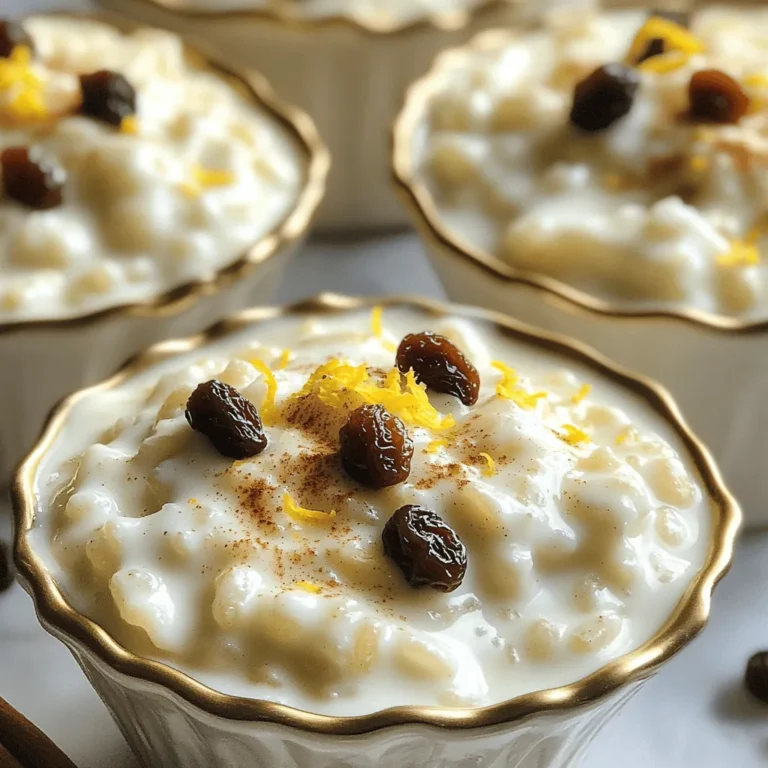 - 1 cup jasmine or arborio rice - 4 cups whole milk - 1/2 cup granulated sugar - 1/4 teaspoon salt - 1 tablespoon vanilla extract - 2 large egg yolks - 1/2 teaspoon ground cinnamon - 1/4 cup raisins (optional) - Zest of 1 lemon Rice pudding is simple, but the choice of ingredients makes all the difference. I love using jasmine or arborio rice. Both provide a creamy texture. Whole milk gives the pudding its richness. You can also try a mix of milk and cream for a more decadent treat. Granulated sugar adds sweetness. If you're looking for a twist, consider using honey or maple syrup. The salt helps balance the flavors. Vanilla extract brings warmth, while egg yolks add a silkiness. Cinnamon gives rice pudding a warm spice. Raisins add a chewy surprise, but you can skip them if you prefer. Lastly, lemon zest brightens the flavor. It adds a fresh note that cuts through the creaminess. This combination creates a comforting dish that feels like a warm hug. Check the Full Recipe for more details. - Rinse the rice under cold water. This helps to remove extra starch. - Drain the rice thoroughly. This step ensures the rice cooks evenly. - Combine milk, sugar, and salt in a saucepan. Use a medium heat for this. - Bring to a gentle simmer. Watch closely to prevent boiling over. - Add rinsed rice to the simmering milk mixture. Reduce the heat to low. - In a small bowl, whisk the egg yolks and set aside. This will help thicken the pudding later. - Gradually add a bit of the hot rice mixture to the egg yolks. Whisk constantly to temper the yolks. This prevents curdling. - Slowly pour the tempered egg mixture back into the pot. Stir continuously to combine everything. - Cook for an additional 5 minutes. This helps the pudding thicken. - Stir in the vanilla extract, ground cinnamon, lemon zest, and raisins if you like. - Let the rice pudding cool slightly before serving. You can enjoy it warm or chilled. For the full recipe, be sure to check out the details above. To make great rice pudding, keep a gentle simmer. This slow cooking helps the rice soak up the milk. It gives you soft, creamy rice. If the heat is too high, the rice may burn or turn mushy. Stirring frequently is key. I recommend stirring every few minutes. This helps the rice cook evenly. It also prevents the rice from sticking to the pot. Garnishing your rice pudding makes it look special. Serve it in small bowls or cups. A sprinkle of cinnamon on top adds color and flavor. You can also add a few raisins for extra sweetness. You can enjoy rice pudding warm or chilled. Warm pudding is comforting on a cold day. Chilled pudding is refreshing in summer. Choose what you like best! If your pudding is too runny, don’t worry. You can fix this easily. Just cook it a little longer over low heat. Stir often until it thickens to your liking. If the rice is overcooked, it may be mushy. To fix this, try adding a bit of extra milk. Stir gently to help the rice absorb the milk. You can also add a touch of cinnamon to enhance the flavor. For the full recipe, check out the [Full Recipe]. {{image_2}} You can add different spices to your rice pudding. Nutmeg gives a warm, cozy touch. It pairs well with the creamy base. You might also try adding cardamom for a fragrant twist. Incorporating fruit is another fun option. Peaches add sweetness and a juicy bite. Berries, like strawberries or blueberries, bring a fresh pop of flavor. You can fold them in before serving. This makes the dish colorful and exciting. If you want a healthier twist, use honey or maple syrup. These sweeteners add depth to the flavor. They also provide a natural sweetness that many love. For those watching sugar, try low-sugar or sugar-free options. Many brands offer sugar substitutes that work well. Just remember to check the conversion for best results. Rice pudding can easily fit many diets. For gluten-free needs, stick with rice and milk. Both ingredients are naturally gluten-free. If you prefer vegan options, swap the milk for almond or coconut milk. You can replace the egg yolks with cornstarch or a flaxseed mixture. This way, you keep the creamy texture without animal products. To keep rice pudding fresh, store it in the fridge. Use an airtight container to avoid drying out. Cover the top with plastic wrap if you don't have one. This step helps keep the pudding creamy. Do not leave it out for long. Always refrigerate it after serving. If you want to save some for later, you can freeze it. Pour the pudding into a freezer-safe container. Leave some space at the top, as it will expand when frozen. Label the container with the date. It can last up to three months in the freezer. In the fridge, rice pudding lasts about four days. Check for a change in smell or texture if you’re unsure. Signs of spoilage include mold or an off taste. If you see any of these signs, toss it out. Always trust your senses when it comes to food safety. Yes, you can make rice pudding in advance. It is a great option for meal prep. I recommend cooking it and letting it cool completely. Then, store it in an airtight container in the fridge. Rice pudding stays fresh for about three to four days. Before serving, just reheat it gently. You can add a splash of milk to restore creaminess. For rice pudding, both jasmine and arborio rice work well. Jasmine rice gives a floral aroma and a soft texture. Arborio rice is starchier, making the pudding extra creamy. If you want a richer taste, choose arborio rice. However, if you prefer lighter rice pudding, jasmine rice is your best bet. Rice pudding can be served both hot and cold. Traditionally, it is enjoyed warm, especially in colder months. Some people love it cold, especially during summer. I like to serve it warm with a sprinkle of cinnamon. It’s all about personal choice! To thicken rice pudding, you can use a few techniques. One way is to cook it longer until it reaches your desired thickness. Another method is to add more egg yolks, which enriches the texture. If you prefer a very thick pudding, you can also mix in cornstarch. Just make sure to dissolve it in a little milk first. In this post, I covered how to make creamy rice pudding using simple ingredients. We talked about preparation, cooking steps, and helpful tips. Remember to be gentle while cooking to achieve the best texture. You can also customize flavors with spices or fruits. Store your pudding properly to extend freshness. With these instructions, you can enjoy rice pudding warm or chilled. Dive into this delicious treat and make it your own!