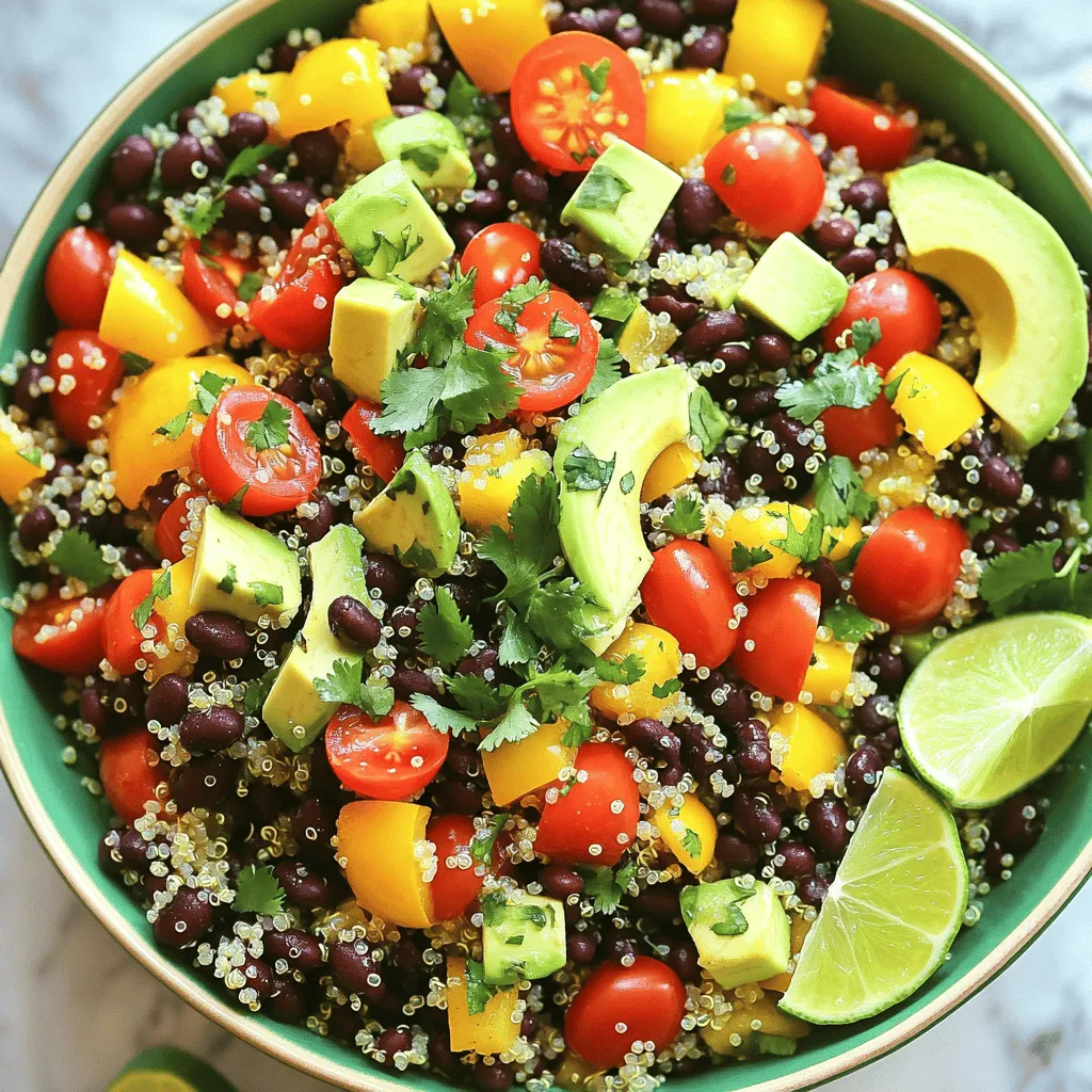 - 1 cup quinoa, rinsed - 2 cups vegetable broth or water - 1 can (15 oz) black beans, rinsed and drained - 1 bell pepper (red or yellow), diced - 1 small red onion, finely chopped - 1 cup cherry tomatoes, halved - 1 avocado, diced - 1/4 cup fresh cilantro, chopped - 2 tablespoons lime juice - 1 tablespoon olive oil - 1 teaspoon cumin - 1 teaspoon chili powder - Salt and pepper to taste This quinoa and black bean salad is packed with colors and flavors. Each ingredient shines in this dish. Quinoa is a star here, providing a great base. It is rich in protein and fiber. Cook it in vegetable broth for added flavor. The black beans add creaminess and protein, making the dish heartier. Next, the bell pepper and red onion give crunch and sweetness. They add bright colors, making the salad appealing. Cherry tomatoes bring a juicy burst. The diced avocado adds a smooth texture, balancing the crunch. Fresh cilantro adds a pop of flavor, brightening each bite. For the dressing, lime juice and olive oil play key roles. They tie all the ingredients together. Cumin and chili powder add warmth and spice. This mix creates a refreshing and satisfying salad. - Caloric breakdown: This salad offers a nutritious balance, low in calories yet high in flavor. - Protein content: Quinoa and black beans provide ample protein, making it filling. - Dietary considerations: This salad is vegan and gluten-free, making it a safe choice for many diets. This dish is not just tasty but also healthy. It supports a balanced diet and is great for meal prep. You can enjoy it as a main dish or a side. For the full recipe, check out the complete preparation steps. First, rinse 1 cup of quinoa under cold water. This step removes any bitter taste. In a medium pot, combine the rinsed quinoa with 2 cups of vegetable broth or water. Bring the mixture to a boil over high heat. Once boiling, reduce the heat to low, cover the pot, and let it simmer. Cook for about 15 minutes until the quinoa is fluffy and the liquid is absorbed. While the quinoa cooks, focus on the vegetables. Dice 1 bell pepper into small pieces. I like to use red or yellow for color. Next, finely chop 1 small red onion. Halve 1 cup of cherry tomatoes and set them aside. These fresh veggies add crunch and flavor to the salad. In a large mixing bowl, combine the drained black beans, diced bell pepper, red onion, and halved cherry tomatoes. Stir in 1/4 cup of chopped cilantro for a fresh touch. In a small bowl, whisk together 2 tablespoons of lime juice, 1 tablespoon of olive oil, 1 teaspoon of cumin, 1 teaspoon of chili powder, and a pinch of salt and pepper. Once the quinoa cools for a few minutes, add it to the vegetable mix. Drizzle the lime dressing over the top and gently toss everything together. Finally, fold in 1 diced avocado for creaminess. You can adjust the seasoning if needed. For the full recipe, check out the detailed instructions above! To achieve fluffy quinoa, rinse it well before cooking. This removes the bitter coating called saponin. Use a fine mesh strainer for best results. Combine one cup of rinsed quinoa with two cups of vegetable broth or water. Bring it to a boil, then reduce the heat and cover. Simmer for about 15 minutes. The quinoa should absorb all the liquid and be tender. Common mistakes include not rinsing the quinoa or overcooking it. Avoiding these errors helps maintain a light texture. For more flavor, adjust the seasoning to your taste. I recommend adding a pinch of salt during cooking. You can also mix in garlic powder or onion powder for depth. Experiment with fresh herbs like basil or parsley to switch things up. Additional herbs and spices include smoked paprika or coriander. These add a warm kick. Try adding a splash of hot sauce if you enjoy some heat. Serve your salad in a large, colorful bowl. This makes it inviting and fun. For visual appeal, layer the ingredients instead of mixing them all at once. This showcases the bright colors of the veggies. Using garnishes like extra cilantro or lime wedges enhances the look and taste. A sprinkle of feta cheese or seeds can also add a nice touch. Enjoy your salad chilled or at room temperature for the best flavors. For the full recipe, check out the detailed instructions. {{image_2}} You can make this quinoa and black bean salad heartier by adding proteins. Chicken, shrimp, or tofu work great. For chicken, use about 1 cup of cooked, diced chicken breast. For shrimp, 1 cup of cooked shrimp adds a nice touch. If you prefer tofu, use 1 cup of firm tofu, diced and sautéed. These additions not only boost protein but also enhance flavors. Changing up the veggies based on the season keeps this salad fresh. In spring, add peas or asparagus for a crisp bite. In summer, use corn or zucchini for sweetness. In fall, consider roasted sweet potatoes for warmth. Winter calls for hearty greens like kale or Brussels sprouts. These swaps improve nutrition and keep your meals exciting. Adjusting spice levels can tailor this salad to your taste. If you love heat, add more chili powder or a pinch of cayenne. For a milder flavor, reduce the spices. You can also play with dressings. Try a balsamic vinaigrette or a creamy avocado dressing for a twist. Each change brings a new flavor dimension to your salad, making it a unique experience each time. To keep your quinoa and black bean salad fresh, store it in the fridge. Use an airtight container. Glass or plastic containers work well. Make sure to cool the salad before sealing it. This keeps moisture out and helps it stay crisp. In the fridge, your salad lasts about 3 to 5 days. After that, it may lose its taste and texture. Look for signs of spoilage, like a sour smell or slimy texture. If you see these signs, it's best to toss the salad. You can freeze this salad, but some ingredients may not hold up well. If you want to freeze it, leave out the avocado and fresh herbs. They can get mushy when thawed. Use a freezer-safe container and store it for up to 3 months. When ready to eat, thaw it in the fridge overnight. Then add fresh avocado and herbs before serving. For the full recipe, check out the [Full Recipe]. Yes, you can make quinoa and black bean salad ahead of time. It stays fresh and tasty in the fridge. Here are some tips for prepping in advance: - Cook the quinoa: Make the quinoa a day before. It cools and stores well. - Chop the veggies: Dice the bell pepper, onion, and tomatoes ahead. Store them in the fridge. - Mix the dressing: Whisk the lime juice, olive oil, and spices in advance. Keep it in a jar. - Combine before serving: Mix everything together just before you eat. This keeps the avocado fresh. Yes, quinoa and black bean salad is very healthy. Here are some key nutritional benefits: - Protein-rich: Quinoa and black beans provide a great source of protein. They help build and repair muscles. - High in fiber: This salad is full of fiber, which aids digestion and keeps you full longer. - Vitamins and minerals: The fresh veggies add vitamins A and C, along with potassium. - Heart-healthy fats: The avocado gives you healthy fats that are good for your heart. Pairing side dishes can enhance your meal. Here are some great options: - Grilled chicken: A simple grilled chicken breast complements the salad's flavors. - Corn on the cob: Fresh corn adds sweetness and crunch. - Guacamole and chips: This classic snack pairs well and adds creaminess. - Fruit salad: A light, fruity side adds a refreshing touch. This blog post covered how to make a tasty quinoa and black bean salad. We listed the fresh ingredients and their health benefits. You learned how to cook quinoa and prepare veggies. The tips shared helped you perfect the texture and enhance flavor. I also offered ways to store your salad and variations you can try. This salad is not just healthy; it’s also fun to make and enjoy. Grab your ingredients and get started! You’ll love the results.