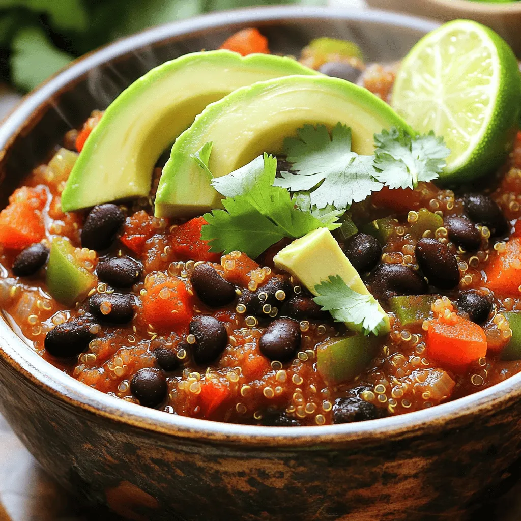 To make a delicious quinoa and black bean chili, gather these items: - 1 cup quinoa, rinsed - 2 cans (15 oz each) black beans, drained and rinsed - 1 can (14 oz) diced tomatoes (with juices) - 1 red bell pepper, diced - 1 green bell pepper, diced - 1 medium onion, chopped - 3 cloves garlic, minced - 2 cups vegetable broth - 1 tablespoon olive oil - 1 tablespoon chili powder - 1 teaspoon cumin - 1 teaspoon smoked paprika - Salt and pepper to taste - Optional toppings: avocado slices, fresh cilantro, lime wedges Using fresh ingredients makes a big difference in your dish. Fresh veggies add flavor and texture. They also boost the nutrition of your meal. Fresh herbs, like cilantro, bring bright notes and enhance the chili's taste. When you use fresh ingredients, you create a more vibrant and tasty dish. This can elevate your cooking and impress your family or guests. Do you need to swap some ingredients? No worries! Here are some easy substitutions: - For quinoa, you can use brown rice or barley if desired. - Canned beans can be replaced with cooked dried beans. Just soak and cook them first. - If you lack bell peppers, try zucchini or corn for a different texture. - Use chicken broth instead of vegetable broth for a non-vegan option. - If you're out of chili powder, mix paprika, cumin, and cayenne for a similar taste. Feel free to get creative with your choices. Cooking should be fun and personal! For the full recipe, check the section above. To make this quinoa and black bean chili, start by heating olive oil in a large pot over medium heat. Once hot, add chopped onion. Cook it for about five minutes. The onion should look soft and clear. Next, add minced garlic and stir for one minute. You want to smell the garlic now! Then, toss in the diced red and green bell peppers. Cook them for three to four minutes until they start to soften. The colors will brighten your dish. Now, it's time to add the star ingredients. Stir in rinsed quinoa, black beans, diced tomatoes with their juices, and vegetable broth. Also, add the chili powder, cumin, and smoked paprika. Mix everything well. Bring this mixture to a boil. Once boiling, reduce the heat to low. Cover the pot and let it simmer for about 20 to 25 minutes. This allows the quinoa to cook and soak up the flavors. When time is up, check that the quinoa is fluffy and most of the liquid is gone. Season with salt and pepper to taste. Timing is key in this recipe. If you cook the onion too long, it may burn. This can ruin the taste. You want it soft, not brown. Cooking the garlic for just one minute helps keep its flavor bright. If you add the peppers too soon, they may overcook and lose their crunch. When simmering, keep an eye on the pot. If it boils too hard, it can stick to the bottom. A gentle simmer allows the quinoa to cook well without burning. To get perfect quinoa, rinse it before using. This removes the bitter outer coating. Always use the correct ratio of liquid to quinoa. For every cup of quinoa, use two cups of broth. This will help it cook evenly and absorb flavors. Check the quinoa after 20 minutes of cooking. It should be fluffy and not mushy. If it looks dry, add a bit more broth. If you follow these tips, your quinoa will be just right! Try this full recipe for a tasty meal that is sure to please. When making quinoa and black bean chili, watch out for a few common issues. One pitfall is overcooking the quinoa. It should be fluffy, not mushy. Make sure to simmer it just until it absorbs the broth. Another mistake is not rinsing the black beans. Rinsing helps remove excess sodium and keeps your chili fresh. Finally, don’t skip the spices. They add depth and warmth. If you skip them, your chili may taste flat. To boost the flavor in your chili, try adding fresh herbs. Cilantro adds brightness, while lime gives a zesty kick. For spice lovers, consider adding fresh jalapeños or a dash of hot sauce. If you want a smoky flavor, increase the smoked paprika. Taste your chili as you cook. Adjust the spices to find the perfect balance for your taste buds. Using the right tools can save time and energy. A sharp knife makes chopping veggies easy and quick. A large pot is essential for combining all ingredients without spilling. If you have an immersion blender, use it to puree part of the chili for a creamier texture. It’s also handy for blending sauces. Lastly, a good measuring cup ensures you get the right amount of broth and spices. These tools will help you create a delicious dish with ease. For the full recipe, check out the complete guide for making this tasty quinoa and black bean chili. {{image_2}} You can easily add meat to your quinoa and black bean chili. Ground turkey or beef works great. Just cook the meat before adding the other ingredients. This adds more flavor and protein. You can also use chicken if you prefer. Make sure to drain any fat after cooking. This keeps the chili light and healthy. If you want a vegetarian or vegan chili, this recipe fits perfectly. It is already meat-free. To boost protein, add more beans or lentils. You can also use plant-based meat substitutes for a unique twist. This chili is filling enough to keep you satisfied without meat. Pair it with rice or serve it in a bowl for a hearty meal. Spices and herbs can change the flavor of your chili. You can add cayenne pepper for heat or oregano for earthiness. Fresh herbs like cilantro or parsley brighten the dish. Experiment with different spice blends to find your favorite. If you like a smokier taste, try adding more smoked paprika. Each variation makes the chili unique and exciting. Try the Full Recipe to enjoy this easy and delicious dish! After enjoying your quinoa and black bean chili, store any leftovers in an airtight container. Make sure the chili cools to room temperature before sealing it. This helps prevent condensation, which can make your dish watery. Store it in the fridge and eat it within three to five days for the best taste. When you’re ready to enjoy your leftovers, reheat the chili on the stovetop for the best flavor. Use medium heat and stir often. This helps heat it evenly. You can also microwave it in a bowl. Just cover it loosely and heat in short bursts, stirring in between. Add a splash of vegetable broth if it seems too thick. If you want to keep your chili longer, freezing is a great option. Pour the cooled chili into freezer-safe containers. Leave some space at the top since it will expand when frozen. It can last up to three months in the freezer. When you’re ready to eat it, thaw it overnight in the fridge before reheating. For the full recipe, check the earlier sections. Quinoa and black bean chili lasts about 5 to 7 days in the fridge. Store it in an airtight container. This helps keep the chili fresh and safe to eat. When you want to enjoy it again, just heat it up on the stove or in the microwave. Yes, you can prepare this recipe in advance. You can make the chili and store it for later. Just let it cool before putting it in the fridge. This makes it easy to have a healthy meal ready when you need it. You can even freeze it for up to 3 months. Quinoa and black beans are packed with nutrition. They both offer protein, fiber, and important vitamins and minerals. Quinoa is a complete protein, which means it has all nine essential amino acids. Black beans are rich in antioxidants and help with digestion. Together, they make a healthy and filling dish. If you want to learn more about making this dish, check out the Full Recipe. This blog post covers how to make Quinoa and Black Bean Chili. We looked at the must-have ingredients and their fresh alternatives. I shared a step-by-step process to ensure great flavor and texture. I also gave tips to avoid common mistakes while cooking. Lastly, we discussed how to store leftovers and even adapt the recipe for different diets. With these insights, you can cook a delicious chili that everyone will love. Enjoy making your meal and sharing it with others!