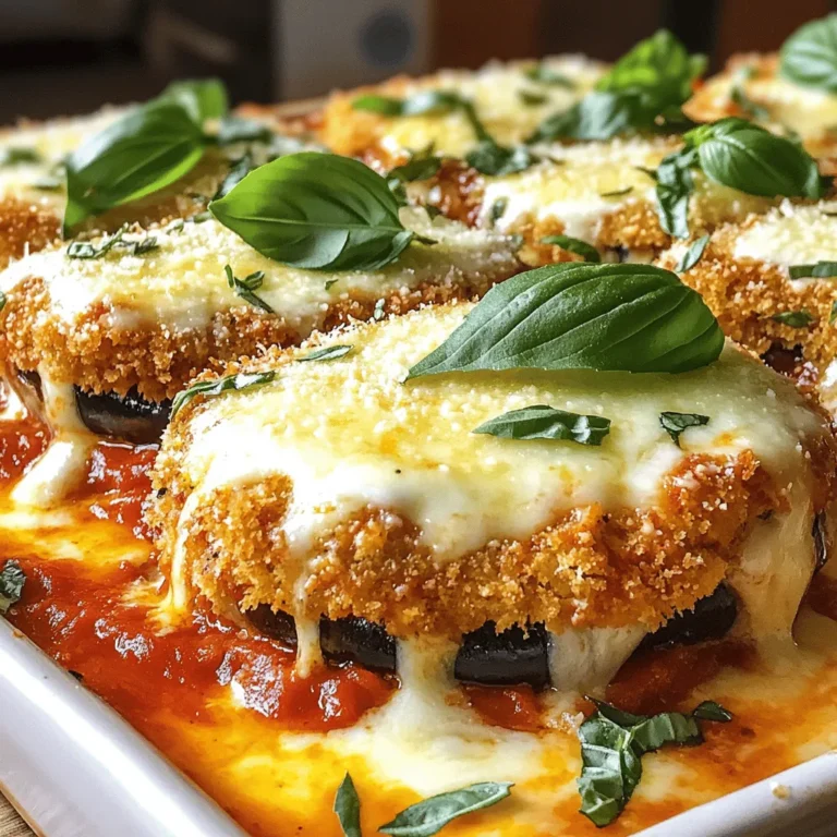 To make a great Eggplant Parmesan, you need the right ingredients. Here’s what you’ll need: - 2 large eggplants, sliced into 1/4 inch rounds - 2 cups marinara sauce (homemade or store-bought) - 2 cups shredded mozzarella cheese - 1 cup grated Parmesan cheese - 1 cup all-purpose flour - 3 large eggs, beaten - 2 cups breadcrumbs (Italian seasoned preferred) - Olive oil for frying The eggplants are the star of this dish. They add flavor and texture. The marinara sauce brings a rich, tangy taste. Mozzarella melts beautifully, while Parmesan adds a sharp kick. Breadcrumbs give the dish a crispy outer layer. To make your Eggplant Parmesan even better, consider these optional ingredients: - Fresh basil leaves, for garnish - Dried oregano and dried basil for seasoning Fresh basil adds a nice pop of flavor. You can also season the breadcrumbs with herbs. This will add depth to each bite. Feel free to mix and match based on your taste. For a complete guide, refer to the Full Recipe. First, we need to prepare the eggplants. Start by slicing the eggplants into 1/4 inch rounds. Sprinkle 2 teaspoons of salt over the slices. Lay them in a colander for about 30 minutes to drain. This step helps remove excess moisture and bitterness. After 30 minutes, rinse the eggplant slices under cold water. Then, pat them dry with paper towels. This is key to a perfect texture. Now it's time to set up the breading station. You will need three shallow dishes for this process. Place 1 cup of all-purpose flour in the first dish. In the second dish, add 3 large beaten eggs. For the third dish, mix 2 cups of breadcrumbs with 1 tablespoon of dried oregano, 1 tablespoon of dried basil, and a pinch of salt. Dip each eggplant slice first into the flour. Then, coat it with the egg, and finally, press it into the breadcrumbs. This method ensures an even coating. Next, we move to frying. Heat olive oil in a large skillet over medium heat. Fry the breaded eggplant slices in batches. Cook them for about 3-4 minutes on each side until they turn golden brown. This step gives the eggplant a nice crunch. After frying, place the slices on paper towels to absorb any excess oil. This helps keep them crispy. Now, we can assemble our dish. Preheat your oven to 375°F (190°C). In a baking dish, spread a thin layer of marinara sauce on the bottom. Layer half of the fried eggplant slices on top of the sauce. Sprinkle half of the shredded mozzarella cheese and half of the grated Parmesan cheese over the eggplant. Add another layer of marinara sauce. Repeat this with the remaining eggplant, marinara, mozzarella, and Parmesan. Finally, top it off with a last layer of mozzarella. Cover the dish with aluminum foil and bake for 25 minutes. Remove the foil and bake for an additional 15 minutes. This will make the cheese bubbly and golden. To make great eggplant parmesan, avoid soggy eggplants. Soggy slices ruin the dish. Salting helps prevent this. - How to prevent soggy eggplants: Start by slicing the eggplants. Sprinkle salt on each slice. Lay them in a colander for 30 minutes. This draws out moisture. Rinse the slices after and pat them dry. - Importance of salting: Salting also helps with bitterness. Eggplants can be bitter if not salted. This step makes your dish taste great. You can easily boost the flavor of your eggplant parmesan. Small changes can make a big difference. - Suggestions for seasoning the breadcrumbs: Mix dried herbs into your breadcrumbs. Use oregano, basil, or garlic powder. This adds a lovely taste. - Cheese alternatives and combinations: Try using different cheeses. Blend mozzarella with provolone or ricotta. This gives a creamy and rich texture. Getting the bake just right is key. You want everything to cook evenly. - Techniques for even cooking: Use a large baking dish. Layer the ingredients evenly. This helps heat spread throughout the dish. - Checking for doneness: Look for bubbling cheese and a golden top. This shows your eggplant parmesan is ready. Let it cool before slicing for the best results. For a more detailed cooking guide, refer to the Full Recipe. {{image_2}} You can make a tasty Eggplant Parmesan without cheese. Use cashew cream or tofu instead. Both add creaminess and flavor. For a vegan option, skip the eggs in the breading. Instead, use a mix of water and ground flaxseed. This will help the breadcrumbs stick to the eggplant. To enhance your dish, try adding vegetables. Sliced zucchini or bell peppers work well. They add texture and taste. You can also mix different sauces. A pesto or roasted red pepper sauce adds a unique twist. Experiment with these to find your favorite. Eggplant Parmesan pairs well with many side dishes. A simple green salad adds freshness. Garlic bread is a classic choice too. For a complete meal, serve with a nice red wine. Chianti or Merlot complement the flavors perfectly. Enjoy your meal with these delightful pairings! For the full recipe, check out the Full Recipe section. To keep your Eggplant Parmesan fresh, place leftovers in an airtight container. Store it in the fridge for up to three days. If you want to keep it longer, freeze it. Wrap the dish tightly in plastic wrap and foil. It can last up to three months in the freezer. When ready to eat, thaw it in the fridge overnight before reheating. Reheating Eggplant Parmesan can be tricky. You want to keep it crispy. The best method is to use the oven. Preheat the oven to 350°F (175°C). Place the dish in the oven for about 15-20 minutes. Cover it with foil to prevent drying out. Remove the foil in the last few minutes to crisp the top. Preparing Eggplant Parmesan in advance can save time. You can bread and fry the eggplant ahead of time. Layer the eggplant with sauce and cheese in a baking dish. Cover it tightly and store it in the fridge. When you are ready to bake, it will only take about 30 minutes in the oven. This makes dinner easy, and you can enjoy a homemade meal with little fuss. You can easily make this dish gluten-free. Use gluten-free breadcrumbs instead of regular ones. For the flour, almond flour or chickpea flour works well. These options add great flavor and texture. Just make sure to check labels to be sure they are gluten-free. Yes! You can replace eggplant with zucchini or portobello mushrooms. Both options have a nice texture. They soak up flavors well and bake nicely. Try different vegetables for fun new tastes. Serve your dish hot from the oven for the best taste. Let it cool slightly before slicing. Garnish with fresh basil leaves for a pop of color. Pair it with a salad or garlic bread. For detailed steps, refer to the Full Recipe to guide you through the process. Eggplant Parmesan is a delightful dish that blends rich flavors and textures. We discussed the essential and optional ingredients, and I provided step-by-step instructions to make it. I shared tips to avoid common mistakes and variations to cater to different diets. Storing leftovers and reheating methods were also covered, ensuring you enjoy this dish multiple times. With these insights, you can create a delicious Eggplant Parmesan that impresses at any meal. Remember, cooking is about experimenting and having fun!
