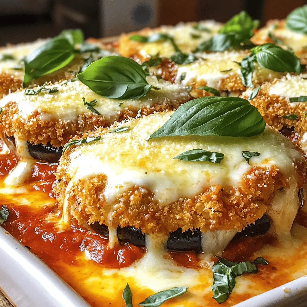 To make a great Eggplant Parmesan, you need the right ingredients. Here’s what you’ll need: - 2 large eggplants, sliced into 1/4 inch rounds - 2 cups marinara sauce (homemade or store-bought) - 2 cups shredded mozzarella cheese - 1 cup grated Parmesan cheese - 1 cup all-purpose flour - 3 large eggs, beaten - 2 cups breadcrumbs (Italian seasoned preferred) - Olive oil for frying The eggplants are the star of this dish. They add flavor and texture. The marinara sauce brings a rich, tangy taste. Mozzarella melts beautifully, while Parmesan adds a sharp kick. Breadcrumbs give the dish a crispy outer layer. To make your Eggplant Parmesan even better, consider these optional ingredients: - Fresh basil leaves, for garnish - Dried oregano and dried basil for seasoning Fresh basil adds a nice pop of flavor. You can also season the breadcrumbs with herbs. This will add depth to each bite. Feel free to mix and match based on your taste. For a complete guide, refer to the Full Recipe. First, we need to prepare the eggplants. Start by slicing the eggplants into 1/4 inch rounds. Sprinkle 2 teaspoons of salt over the slices. Lay them in a colander for about 30 minutes to drain. This step helps remove excess moisture and bitterness. After 30 minutes, rinse the eggplant slices under cold water. Then, pat them dry with paper towels. This is key to a perfect texture. Now it's time to set up the breading station. You will need three shallow dishes for this process. Place 1 cup of all-purpose flour in the first dish. In the second dish, add 3 large beaten eggs. For the third dish, mix 2 cups of breadcrumbs with 1 tablespoon of dried oregano, 1 tablespoon of dried basil, and a pinch of salt. Dip each eggplant slice first into the flour. Then, coat it with the egg, and finally, press it into the breadcrumbs. This method ensures an even coating. Next, we move to frying. Heat olive oil in a large skillet over medium heat. Fry the breaded eggplant slices in batches. Cook them for about 3-4 minutes on each side until they turn golden brown. This step gives the eggplant a nice crunch. After frying, place the slices on paper towels to absorb any excess oil. This helps keep them crispy. Now, we can assemble our dish. Preheat your oven to 375°F (190°C). In a baking dish, spread a thin layer of marinara sauce on the bottom. Layer half of the fried eggplant slices on top of the sauce. Sprinkle half of the shredded mozzarella cheese and half of the grated Parmesan cheese over the eggplant. Add another layer of marinara sauce. Repeat this with the remaining eggplant, marinara, mozzarella, and Parmesan. Finally, top it off with a last layer of mozzarella. Cover the dish with aluminum foil and bake for 25 minutes. Remove the foil and bake for an additional 15 minutes. This will make the cheese bubbly and golden. To make great eggplant parmesan, avoid soggy eggplants. Soggy slices ruin the dish. Salting helps prevent this. - How to prevent soggy eggplants: Start by slicing the eggplants. Sprinkle salt on each slice. Lay them in a colander for 30 minutes. This draws out moisture. Rinse the slices after and pat them dry. - Importance of salting: Salting also helps with bitterness. Eggplants can be bitter if not salted. This step makes your dish taste great. You can easily boost the flavor of your eggplant parmesan. Small changes can make a big difference. - Suggestions for seasoning the breadcrumbs: Mix dried herbs into your breadcrumbs. Use oregano, basil, or garlic powder. This adds a lovely taste. - Cheese alternatives and combinations: Try using different cheeses. Blend mozzarella with provolone or ricotta. This gives a creamy and rich texture. Getting the bake just right is key. You want everything to cook evenly. - Techniques for even cooking: Use a large baking dish. Layer the ingredients evenly. This helps heat spread throughout the dish. - Checking for doneness: Look for bubbling cheese and a golden top. This shows your eggplant parmesan is ready. Let it cool before slicing for the best results. For a more detailed cooking guide, refer to the Full Recipe. {{image_2}} You can make a tasty Eggplant Parmesan without cheese. Use cashew cream or tofu instead. Both add creaminess and flavor. For a vegan option, skip the eggs in the breading. Instead, use a mix of water and ground flaxseed. This will help the breadcrumbs stick to the eggplant. To enhance your dish, try adding vegetables. Sliced zucchini or bell peppers work well. They add texture and taste. You can also mix different sauces. A pesto or roasted red pepper sauce adds a unique twist. Experiment with these to find your favorite. Eggplant Parmesan pairs well with many side dishes. A simple green salad adds freshness. Garlic bread is a classic choice too. For a complete meal, serve with a nice red wine. Chianti or Merlot complement the flavors perfectly. Enjoy your meal with these delightful pairings! For the full recipe, check out the Full Recipe section. To keep your Eggplant Parmesan fresh, place leftovers in an airtight container. Store it in the fridge for up to three days. If you want to keep it longer, freeze it. Wrap the dish tightly in plastic wrap and foil. It can last up to three months in the freezer. When ready to eat, thaw it in the fridge overnight before reheating. Reheating Eggplant Parmesan can be tricky. You want to keep it crispy. The best method is to use the oven. Preheat the oven to 350°F (175°C). Place the dish in the oven for about 15-20 minutes. Cover it with foil to prevent drying out. Remove the foil in the last few minutes to crisp the top. Preparing Eggplant Parmesan in advance can save time. You can bread and fry the eggplant ahead of time. Layer the eggplant with sauce and cheese in a baking dish. Cover it tightly and store it in the fridge. When you are ready to bake, it will only take about 30 minutes in the oven. This makes dinner easy, and you can enjoy a homemade meal with little fuss. You can easily make this dish gluten-free. Use gluten-free breadcrumbs instead of regular ones. For the flour, almond flour or chickpea flour works well. These options add great flavor and texture. Just make sure to check labels to be sure they are gluten-free. Yes! You can replace eggplant with zucchini or portobello mushrooms. Both options have a nice texture. They soak up flavors well and bake nicely. Try different vegetables for fun new tastes. Serve your dish hot from the oven for the best taste. Let it cool slightly before slicing. Garnish with fresh basil leaves for a pop of color. Pair it with a salad or garlic bread. For detailed steps, refer to the Full Recipe to guide you through the process. Eggplant Parmesan is a delightful dish that blends rich flavors and textures. We discussed the essential and optional ingredients, and I provided step-by-step instructions to make it. I shared tips to avoid common mistakes and variations to cater to different diets. Storing leftovers and reheating methods were also covered, ensuring you enjoy this dish multiple times. With these insights, you can create a delicious Eggplant Parmesan that impresses at any meal. Remember, cooking is about experimenting and having fun!