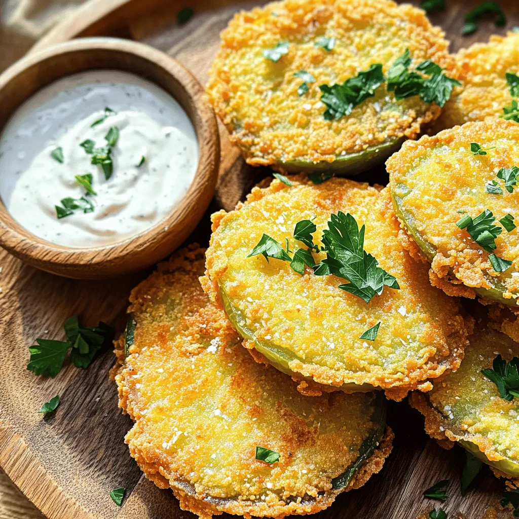 To make crispy fried green tomatoes, you will need the following ingredients: - 4 medium green tomatoes, sliced into 1/4-inch thick rounds - 1 cup all-purpose flour - 1 cup cornmeal - 1 teaspoon paprika - 1 teaspoon garlic powder - 1 teaspoon salt - 1/2 teaspoon black pepper - 2 large eggs, beaten - 1/2 cup buttermilk (or milk with 1 tablespoon vinegar mixed in, let sit for 5 mins) - Oil for frying (such as vegetable or canola oil) Green tomatoes are firm and tart. They are not fully ripe, which gives them their unique taste. Choose tomatoes that feel heavy for their size. Look for smooth skin and no soft spots. These qualities ensure you get a perfect crunch when frying. The combination of flour and cornmeal creates a crispy coating. The flour adds structure, while the cornmeal gives texture and flavor. If you prefer gluten-free options, you can use gluten-free flour instead of all-purpose flour. For a lighter dish, try baking instead of frying. You can also use almond milk or oat milk in place of buttermilk for a dairy-free option. If you want extra flavor, add some cayenne pepper to the flour mix for a spicy kick. These swaps help you enjoy crispy fried green tomatoes in a way that fits your needs! For the complete recipe, check out the Full Recipe. First, wash your green tomatoes well. Then, slice them into 1/4-inch thick rounds. Lay these slices on paper towels and sprinkle a little salt on top. This helps draw out moisture. Let them sit for about 10 minutes. After that, pat them dry with more paper towels. This step makes them crispier when fried. Now it’s time to set up your breading station. In one bowl, mix the flour, paprika, garlic powder, salt, and black pepper. In another bowl, whisk the beaten eggs and buttermilk together until smooth. In a third bowl, put the cornmeal. Take each tomato slice and dip it first in the flour mixture. Shake off any extra flour. Next, dip it in the egg mixture and let the excess drip off. Finally, coat it in the cornmeal. Press gently to make sure it sticks. Repeat this for all the slices. For frying, heat about 1/4 inch of oil in a large skillet over medium-high heat. Once the oil is hot, carefully add a few tomato slices. Don’t crowd the pan. Fry them for about 3-4 minutes on each side until they are golden brown. When done, remove them and place on a plate lined with paper towels to absorb any extra oil. Keep frying until all slices are cooked. To get that perfect crust, make sure your oil is hot enough before frying. If the oil is too cool, the tomatoes will soak up oil and become soggy. You can test the heat by dropping a small piece of batter into the oil. If it sizzles, it’s ready. Also, don’t rush the cooking. Let each slice fry long enough to become golden. This gives you a nice crunch. Finally, pat the fried slices with paper towels right after frying. This helps remove excess oil for that crispy finish. For the full recipe, follow the detailed steps above and enjoy your crispy fried green tomatoes! To enhance the flavor of your crispy fried green tomatoes, consider these simple tips: - Salt the tomatoes: After slicing, sprinkle salt and let them sit. This step removes excess moisture and intensifies the tomato flavor. - Add spices: Mix different spices into your flour. Try cayenne for heat or thyme for a herbal note. - Double dip: For extra crunch, dip each slice back into the egg mixture and cornmeal again. Frying can be tricky. Avoid these common pitfalls: - Crowding the pan: Fry only a few slices at a time. Overcrowding cools the oil and leads to soggy tomatoes. - Wrong oil temperature: If the oil is too cold, the tomatoes absorb oil. If too hot, they burn. Aim for 350°F. - Not drying tomatoes: Failing to dry the salted tomatoes can lead to excessive oil absorption. Using the right tools makes a big difference. Here’s what I recommend: - Cast iron skillet: This retains heat well and provides even cooking. - Thermometer: A kitchen thermometer helps you check the oil's temperature. - Slotted spatula: This tool lets you remove the tomatoes easily while draining excess oil. These tips will help you create crispy fried green tomatoes that are packed with flavor and texture. For the full recipe, refer back to the earlier section. Enjoy your cooking! {{image_2}} To kick up the flavor, try a spicy version. Add cayenne pepper to the flour mixture. Use about half a teaspoon for a gentle heat. If you want more spice, feel free to add more. You can also mix in some chopped jalapeños into the buttermilk. It adds a nice kick! Fry these just like the classic recipe. The heat pairs well with the tartness of the green tomatoes. If you want a healthier option, bake your green tomatoes instead of frying. Preheat your oven to 425°F. After coating the tomato slices, place them on a baking sheet lined with parchment paper. Lightly spray them with cooking oil for crispiness. Bake for about 20 minutes, flipping halfway through. You'll still get a nice crunch without all the oil. Serve these with your favorite dipping sauce for a guilt-free treat. Crispy fried green tomatoes are great on their own, but they shine with dips and sides. Serve them with ranch dressing or a spicy remoulade for dipping. A tangy yogurt sauce also works well. For sides, think coleslaw, cornbread, or a fresh salad. They balance the crispy texture and add freshness. You can even stack them on a sandwich with bacon and lettuce for a tasty twist. Explore these options to elevate your snack! After enjoying your crispy fried green tomatoes, let leftovers cool completely. Place them in an airtight container. Make sure to separate layers with parchment paper to keep them crisp. Store the container in the fridge. They will stay fresh for up to three days. To reheat and keep that crunchy texture, the oven works best. Preheat your oven to 375°F (190°C). Place the tomatoes on a baking sheet lined with foil. Heat them for about 10-15 minutes. You can also use an air fryer. Set it to 350°F (175°C) and cook for 5-7 minutes. This will bring back their crunch. If you have more than you can eat, freezing is an option. First, let the fried tomatoes cool. Then, arrange them in a single layer on a baking sheet. Freeze them for about two hours. Once frozen, transfer them to a freezer bag. Squeeze out any air before sealing. They can last up to three months in the freezer, but for best taste, eat them within a month. Green tomatoes are unripe tomatoes. They are firm and tart, unlike ripe tomatoes, which are soft and sweet. The main difference lies in their color and taste. Green tomatoes have a bright green hue. Ripe tomatoes range from red to yellow. You can use green tomatoes in many dishes. They add a unique flavor that brings excitement to your meals. Yes, you can! While cornmeal gives a great crunch, you can try other coatings. Panko breadcrumbs create a nice texture. You can also use crushed crackers or even seasoned flour. Each option brings a different flavor and crunch. Feel free to experiment and find your favorite! Making crispy fried green tomatoes gluten-free is easy. Simply swap all-purpose flour for a gluten-free flour blend. Brands like almond flour or chickpea flour work well too. Just ensure that all other ingredients, like cornmeal, are gluten-free. This way, everyone can enjoy this tasty treat! - Full Recipe Reference for Crispy Fried Green Tomatoes This blog post covered everything you need to know about crispy fried green tomatoes. We explored the essential ingredients, preparation steps, and cooking tips for a perfect dish. We also shared tasty variations and how to store leftovers properly. With this knowledge, you can now enjoy making this delicious Southern treat at home. Remember, practice makes perfect, and soon you'll impress everyone with your fried green tomatoes!