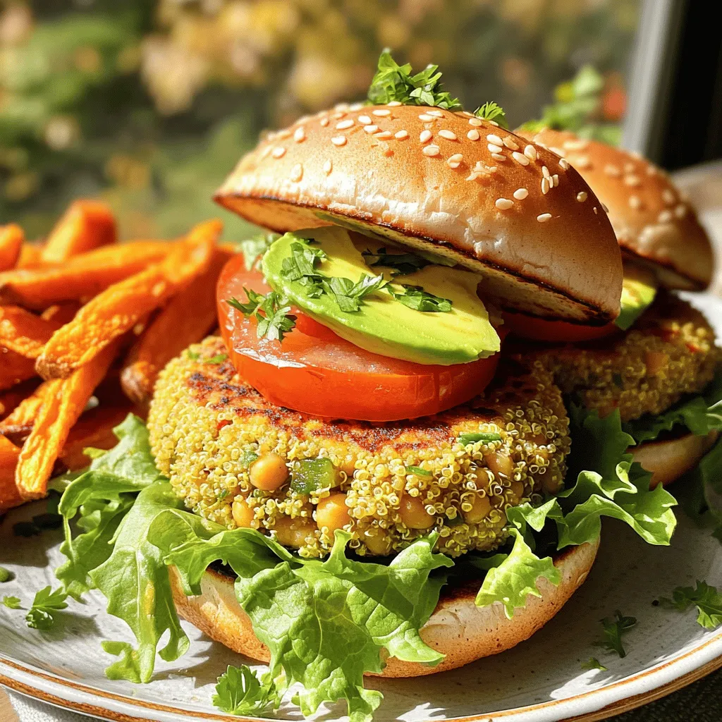 To make my homemade veggie burgers, gather these simple ingredients: - 1 cup cooked quinoa - 1 can (15 oz) chickpeas, drained and rinsed - 1 small onion, finely chopped - 2 cloves garlic, minced - 1 medium carrot, grated - 1/2 bell pepper, finely diced (any color) - 1/4 cup breadcrumbs (use gluten-free if needed) - 1 tablespoon tahini - 1 tablespoon soy sauce (or tamari for gluten-free) - 1 teaspoon cumin - 1 teaspoon smoked paprika - Salt and pepper to taste - 2 tablespoons olive oil (for cooking) - 4 whole grain burger buns - Lettuce, tomato, and avocado for toppings These ingredients work great together. The chickpeas give protein and texture. Quinoa adds a nice nutty flavor. The veggies bring freshness and crunch. To prepare these burgers, you will need: - A large mixing bowl - A fork or potato masher - A frying pan - A spatula - Measuring cups and spoons Having these tools makes the process easy and fun. You can mash, mix, and cook without hassle. Feel free to get creative! Here are some tasty options to add: - Sliced pickles - Avocado spread - Mustard or ketchup - Sliced red onion - Fresh herbs like cilantro or parsley These toppings can change the flavor of your burger. You can mix and match to find your favorite combination. For the full recipe, check the details above. Start by cooking your quinoa. Use one cup of water for each half cup of quinoa. Bring it to a boil, then simmer until fluffy. Next, take a can of chickpeas. Drain and rinse them well. Use a fork or potato masher to mash the chickpeas in a large bowl. It’s okay to leave some chunks for texture. Add in the cooked quinoa. This mix gives your burger a hearty base. Now, let’s add flavor! Chop one small onion finely and mince two cloves of garlic. Grate one medium carrot and finely dice half a bell pepper. Toss all these into the bowl with chickpeas and quinoa. Stir well. Then, add in the breadcrumbs, one tablespoon of tahini, and one tablespoon of soy sauce. Sprinkle in one teaspoon of cumin and smoked paprika. Don’t forget to season with salt and pepper. Mix until everything is combined. If the mixture is too wet, add more breadcrumbs. Divide the mixture into four equal parts. Shape each part into a burger patty. Make sure they are not too thick. Heat two tablespoons of olive oil in a frying pan over medium heat. Once hot, cook the patties for four to five minutes on each side. Look for a nice golden brown color and crisp edges. This step is key for flavor! While the patties cook, toast four whole grain burger buns. You can use an oven or a skillet for this. Once the buns are ready, it’s time to assemble! Place a patty on each bun. Top it with fresh lettuce, tomato slices, and creamy avocado. Feel free to add any other toppings you love. Enjoy your homemade veggie burger with a side of sweet potato fries or a fresh salad. For more details on the recipe, check the Full Recipe. To get the right texture, mix your ingredients well. You want a blend that holds together but still has some bite. I like to mash the chickpeas just enough to leave some larger pieces. This adds a nice texture. If your mixture feels too wet, add more breadcrumbs. This helps create a firm patty. You can also mix in some grated zucchini or mashed sweet potatoes for extra moisture. These ingredients can keep your burgers from being dry. Both grilling and pan-frying work well for these veggie burgers. Grilling gives a smoky flavor. It also creates nice grill marks. For grilling, preheat your grill and use a bit of oil on the grates. This helps prevent sticking. On the other hand, pan-frying is easier and quicker. Just heat your oil in a pan over medium heat. Cook each patty for about 4-5 minutes on each side. This makes them golden and crispy. Choose the method that fits your kitchen best. These veggie burgers taste great with fresh toppings. I love adding lettuce, tomato, and avocado. You can also try pickles or grilled onions for extra flavor. Serve your burgers on whole grain buns for a healthy twist. Pair them with sweet potato fries or a fresh salad on the side. This makes for a colorful and fun meal. For a special touch, sprinkle some herbs on your plate. It adds beauty and freshness to your dish. You can find the full recipe to explore all these ideas. {{image_2}} You can easily change the taste of your veggie burgers. Try adding different herbs and spices. Fresh basil or oregano can give a nice twist. You can also use different grains like brown rice or farro instead of quinoa. This change adds a new flavor and texture. For a spicy kick, add diced jalapeños or hot sauce. You can also mix in grated cheese for extra creaminess. If you want to keep it vegan, use flaxseed meal instead of eggs. Mix one tablespoon of flaxseed with three tablespoons of water. Let it sit for five minutes to thicken. This will help bind your burgers. To make it gluten-free, use gluten-free breadcrumbs or oats. Oats blend well and can add a nice texture while keeping the burger firm. Chickpeas are great, but you can also use black beans or lentils. Each bean brings a unique flavor. Black beans create a rich, hearty taste, while lentils add a mild flavor. Just mash them well before mixing with other ingredients. You may need to adjust spices based on your bean choice. Feel free to explore and find your favorite mix. For more ideas and a full recipe, check out the [Full Recipe]. To store leftover patties, let them cool first. Place them in an airtight container. You can keep them in the fridge for up to four days. This way, they stay fresh and safe to eat. Always check for any signs of spoilage before using. To freeze your veggie burgers, first, cool them completely. Wrap each patty in plastic wrap. Place the wrapped patties in a freezer-safe bag. Make sure to squeeze out the air. These patties can last in the freezer for up to three months. When you want to eat them, just thaw in the fridge overnight. When you are ready to eat your frozen or stored patties, reheat them for the best taste. You can use a skillet or an oven. If using a skillet, heat over medium heat for about 5 minutes on each side. If using an oven, bake at 350°F for 15-20 minutes. This keeps the patties nice and crispy while warming them through. Enjoy your tasty veggie burgers with your favorite toppings! For the full recipe, check out the Chickpea & Quinoa Veggie Burgers. To stop veggie burgers from breaking, use cooked quinoa and mashed chickpeas. They help bind the mix. Adding breadcrumbs also helps with texture. If your mix feels too wet, add more breadcrumbs until it holds together. Don't forget to shape the patties firmly. Yes, you can prepare the patties ahead of time. Shape them and store them in the fridge for up to 24 hours. You can also freeze them for longer storage. Just make sure to separate each patty with parchment paper. When ready, cook them straight from the freezer. You can use oats, crushed nuts, or ground flaxseed instead of breadcrumbs. These options still give your burger the right texture. For a gluten-free option, use gluten-free breadcrumbs or crushed cornflakes. Yes, homemade veggie burgers can be healthier. You control the ingredients, so you can avoid preservatives and extra salt. Plus, you can pack them with fresh veggies and grains. This recipe, like the one for Chickpea & Quinoa Veggie Burgers, uses wholesome, natural ingredients. You now have the steps to make tasty homemade veggie burgers from scratch. Start with fresh ingredients and the right tools. Mix, shape, and cook your patties with care. Experiment with flavors and toppings to suit your taste. Remember, storing them properly helps save time later. Homemade veggie burgers not only taste great but can be healthier too. Try these tips and recipes to become a veggie burger pro! Enjoy every bite!