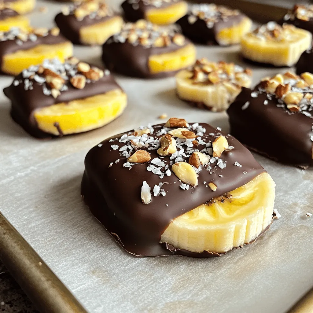 - 2 ripe bananas - 1 cup dark chocolate chips - 1 tablespoon coconut oil - 1/4 cup chopped nuts - Sea salt for sprinkling - Optional: 1/4 cup shredded coconut To make chocolate covered banana bites, you need simple and fresh ingredients. First, use two ripe bananas. The riper the bananas, the sweeter they are. Next, gather one cup of dark chocolate chips. Dark chocolate gives the bites a rich flavor. You will also need one tablespoon of coconut oil. This oil helps the chocolate melt smoothly and gives a nice shine. For some crunch, add a quarter cup of chopped nuts. You can choose walnuts, almonds, or pistachios. They add texture and taste. A sprinkle of sea salt is key for balance. It enhances the sweet and rich chocolate. If you want to be extra fancy, add a quarter cup of shredded coconut. It gives a tropical twist to your treats. These ingredients are easy to find. They come together to make a delightful, simple treat. This recipe is perfect for sharing or enjoying as a snack. Check out the Full Recipe for more details. Start by peeling the bananas. I like to use ripe bananas for the best taste. Cut them into bite-sized rounds, about half an inch thick. This size makes them easy to eat and perfect for dipping. Once sliced, arrange the banana pieces on a baking sheet lined with parchment paper. This will keep them from sticking later. In a microwave-safe bowl, combine one cup of dark chocolate chips and one tablespoon of coconut oil. The coconut oil helps the chocolate melt smoothly. Heat the bowl in the microwave in 30-second intervals. Stir the mixture after each interval. Keep doing this until the chocolate is fully melted and smooth. This step is key for a nice coating. You will need a fork or a toothpick for dipping. Use the fork to dip each banana slice into the melted chocolate. Make sure to coat each piece fully. When you lift it out, let any extra chocolate drip off. This way, you achieve a nice, even coat. Now comes the fun part! You can add toppings like chopped nuts or shredded coconut. Do this right after coating the bananas. The chocolate should still be soft, so the toppings stick well. I suggest using walnuts, almonds, or pistachios for a crunchy finish. To set the bites, place the baking sheet in the freezer. Let it sit for about 15 to 20 minutes. This helps the chocolate harden quickly. Once set, the bites will be ready to enjoy! You can also store them in an airtight container in the freezer for up to a week. For an extra touch, sprinkle a little sea salt on top for more flavor. For more in-depth instructions, you can check the Full Recipe. To avoid clumping, keep the chocolate smooth. Stir often while melting. If you notice it getting thick, add a little more coconut oil. This helps it stay liquid. When dipping, use a fork or toothpick. Dip each banana slice fully. Make sure no spots are left bare. Let the excess chocolate drip off before placing it on the baking sheet. You can spice it up! Adding cinnamon gives a warm flavor. A pinch of chili powder can add a fun kick. You can also use flavored chocolate. Think about adding orange or mint chocolate for a twist. These small changes make your bites even more exciting. Make your banana bites stand out! Try stacking them in a small tower for fun. Use a colorful plate to catch the eye. For parties, arrange them on a wooden board. Add some fresh fruit around the bites to make it pretty. You can also garnish with a drizzle of melted chocolate. This adds a nice touch and looks great. {{image_2}} You can change up your chocolate covered banana bites by using different nuts. I love walnuts, almonds, and pistachios. Each nut adds its own flavor and crunch. If you want a nut-free option, consider seeds like sunflower or pumpkin seeds. These seeds give a nice crunch and are safe for those with nut allergies. When it comes to chocolate, you have choices! Milk chocolate is sweet and creamy. Dark chocolate has a rich taste and is less sweet. White chocolate is sweet too, but it lacks cocoa flavor. You can also try flavored chocolates, like mint or orange. These add a twist to your bites and make them more exciting. Bananas are great, but other fruits work well too! Try strawberries, apples, or pineapple. Each fruit brings its own taste and texture. You can create a fun fruit platter with chocolate covered banana bites and other fruits. This makes a colorful and tasty snack for parties or just for you! Store your chocolate covered banana bites in an airtight container. This keeps them fresh and prevents freezer burn. I recommend using a glass container or a heavy-duty plastic one. Keep them in the freezer for the best taste and texture. The cold environment helps maintain the chocolate's crunch. Avoid storing them at room temperature, as they will melt and become messy. These treats stay fresh for about a week in the freezer. To keep them at their best, avoid repeated thawing. If you notice any change in color or texture, they may be spoiled. Signs of spoilage include a dull look or a strong odor. When in doubt, throw them out. Enjoy your bites when they are fresh! Yes, you can use other types of chocolate. Each kind has a unique taste. Dark chocolate is rich and slightly bitter. Milk chocolate is sweet and creamy. White chocolate is sweet but lacks cocoa flavor. The coating properties also change. Dark chocolate hardens well, while milk chocolate may stay softer. Choose the type you love best! To make these bites vegan, swap the chocolate chips. Use dairy-free chocolate chips instead. Coconut oil is already vegan, so keep it. Make sure the nuts are also vegan. You can add more toppings like dried fruits or seeds. Enjoy a tasty vegan treat without any hassle! Yes, you can prepare these banana bites in advance. Make them and freeze them right away. They freeze well for up to a week. When you want to serve, just take them out. Let them sit for a few minutes before enjoying. This way, they will be ready for any occasion! Yes, you can melt chocolate without a microwave. Use a double boiler for this method. Fill a pot with water and heat it. Place a heat-safe bowl on top, making sure it doesn't touch the water. Add the chocolate and stir until it melts. This method works well and prevents burning. Chocolate-covered banana bites are a fun and easy treat. You learned how to make them with simple ingredients like bananas and dark chocolate. I shared steps to melt chocolate, dip the bananas, and add tasty toppings. We also explored storage tips and fun variations to customize your bites. Enjoy these delicious snacks at home or share them at a party. They’re sure to be a hit! Get ready to impress your friends with this tasty treat.