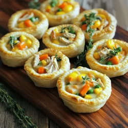 To make these mini chicken pot pies, gather these simple ingredients: - 2 cups cooked chicken, shredded - 1 cup frozen mixed vegetables (carrots, peas, corn) - ½ cup onion, finely chopped - 2 cloves garlic, minced - 2 cups chicken broth - 1 cup heavy cream - ¼ cup all-purpose flour - 1 teaspoon dried thyme - 1 teaspoon rosemary - Salt and pepper to taste - 1 package refrigerated pie crusts (or homemade if preferred) - 1 egg, beaten (for egg wash) Using high-quality ingredients makes a big difference. I always choose fresh chicken. It adds great flavor. Frozen mixed vegetables are fine too. They save time and still taste good. For the broth, homemade offers the best taste, but store-bought works well. Choose a heavy cream that is rich. It gives the filling a creamy texture. If you want to switch things up, here are some options: - Use rotisserie chicken for ease. It saves time and is very tasty. - Swap out vegetables. You can use green beans, mushrooms, or bell peppers. - For a lighter version, try using half-and-half instead of heavy cream. - If you need gluten-free options, use gluten-free pie crusts. These tips help you customize your mini chicken pot pies. Enjoy your cooking! Check out the Full Recipe for more details. To start, gather your ingredients. You need cooked chicken, frozen veggies, onion, garlic, and broth. First, heat a splash of oil in a large skillet. Add the chopped onion and minced garlic. Sauté them for about 3-4 minutes until soft. Next, stir in the shredded chicken and frozen mixed vegetables. Cook this mixture until it is warmed through. Then, sprinkle the flour over the chicken mix. Stir well to coat everything, cooking for another minute to eliminate the raw flour taste. Gradually add the chicken broth and heavy cream. Keep stirring until the filling thickens and bubbles. Finally, add thyme, rosemary, salt, and pepper. Remove the filling from heat and let it cool slightly. Now, let’s prepare the crust. Roll out your pie crusts on a clean surface. Cut them into circles to fit your muffin tin. Place the circles into the muffin cups to form mini pie shells. Once the shells are ready, spoon the chicken filling into each one, filling them generously. You can use any leftover pie crust to cut out shapes for the tops. These can be leaves or simple circles to add a nice touch. Time to bake! Preheat your oven to 400°F (200°C). After assembling the pot pies, brush the tops with a beaten egg. This gives them a beautiful golden finish. Place the muffin tin in the oven and bake for 20-25 minutes. Keep an eye on them until they turn golden brown and bubbly. When done, allow the mini pot pies to cool for a few minutes before serving. Enjoy your delicious Mini Chicken Pot Pies! For a full recipe, check out the Full Recipe section. To make your mini chicken pot pies shine, use fresh ingredients. Fresh herbs like thyme and rosemary bring bold flavors. Cook the chicken well and shred it into bite-sized pieces. This helps it mix nicely with the veggies. A blend of frozen mixed vegetables adds color and nutrition. - Cook chicken thoroughly before shredding. - Use fresh herbs for a brighter taste. - Keep the filling thick but creamy. Avoid using too much flour. This can make the filling too thick and pasty. Also, don’t skip letting the filling cool before you assemble. Hot filling can make the crust soggy. Lastly, ensure you seal the edges of the pie crust well. This keeps the filling inside. - Don’t add too much flour. - Let the filling cool before assembly. - Seal edges tightly to avoid leaks. To boost flavors, add a splash of lemon juice or splash of white wine. This can brighten the dish. You can also mix in a bit of mustard for a tangy twist. For a richer taste, try using homemade chicken broth instead of store-bought. - Add lemon juice for brightness. - Mix in mustard for a tangy edge. - Use homemade broth for depth of flavor. For the full recipe, check out the [Full Recipe]. Enjoy creating these delightful mini chicken pot pies! {{image_2}} You can make a great vegetarian version of mini pot pies. Use mushrooms, lentils, or chickpeas instead of chicken. These ingredients add texture and flavor. Swap the chicken broth for vegetable broth. This keeps it hearty and satisfying. You can add more veggies too. Think spinach, bell peppers, or zucchini for color and taste. You get a comforting dish that everyone will love. Mix things up with different proteins. Try turkey or even beef for a twist. Each protein brings its own flavor. Use shredded pork for a smoky touch. You can also go with seafood. Shrimp and crab work well. Just ensure to adjust the cook times for proteins that need it. This way, you can create many tasty mini pot pies. If you need a gluten-free option, there are many choices. You can buy gluten-free pie crusts at most stores. Or make your own with gluten-free flour blends. Almond or coconut flour can also work. They add unique flavors too. Just remember that gluten-free crusts can be more delicate. Handle them with care to avoid breakage. Your mini pot pies will still shine with these crusts. For the full recipe, check out the detailed instructions and tips! To keep your mini chicken pot pies fresh, place them in an airtight container. Make sure they cool completely before sealing. This helps prevent sogginess. Store them in the fridge if you plan to eat them within three days. If you want to keep them longer, consider freezing. To freeze mini chicken pot pies, let them cool first. Then, wrap each pie tightly in plastic wrap. Next, place them in a freezer-safe bag or container. Label the bag with the date. This way, you know how long they’ve been in the freezer. They can last up to three months in the freezer. When you're ready to enjoy the frozen mini chicken pot pies, remove them from the freezer. For best results, thaw them in the fridge overnight. To reheat, place them in a preheated oven at 350°F (175°C) for about 20 minutes. Check that they are heated through. You want the filling hot and the crust crispy. For quick reheating, you can use a microwave, but the crust might not be as crunchy. Enjoy them warm! For the full recipe, check out the ingredient and cooking instructions above. Yes, you can make mini chicken pot pies ahead of time. Prepare the filling and assemble the pies. Then, cover them well and store them in the fridge. You can also freeze them for longer storage. Just remember to bake them straight from the freezer, adding a few extra minutes to the cooking time. This way, you can enjoy warm, fresh pies whenever you want. I recommend using a standard 12-cup muffin tin. Each cup should hold about 1/3 cup of filling. This size gives you perfect mini pot pies. If you want larger ones, you can use a 6-cup tin for bigger servings. Just adjust the baking time as needed to ensure they cook through. Serving mini pot pies at a party is easy and fun! Arrange them on a large platter for a beautiful display. You can also serve them in individual portions. Consider pairing them with a simple salad or some crusty bread. Guests love to pick them up and enjoy them while mingling. Add some fresh herbs on top for color and flavor. Mini chicken pot pies are fun and easy to make. We covered key ingredients, tips, and step-by-step instructions. You can try different flavors or make them vegetarian or gluten-free. Don’t forget to store any leftovers properly, so they stay tasty. This dish is perfect for family meals or parties. Now you can create mini pot pies that impress everyone. I hope you enjoy making and sharing them!