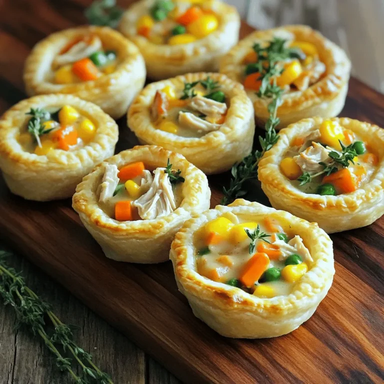 To make these mini chicken pot pies, gather these simple ingredients: - 2 cups cooked chicken, shredded - 1 cup frozen mixed vegetables (carrots, peas, corn) - ½ cup onion, finely chopped - 2 cloves garlic, minced - 2 cups chicken broth - 1 cup heavy cream - ¼ cup all-purpose flour - 1 teaspoon dried thyme - 1 teaspoon rosemary - Salt and pepper to taste - 1 package refrigerated pie crusts (or homemade if preferred) - 1 egg, beaten (for egg wash) Using high-quality ingredients makes a big difference. I always choose fresh chicken. It adds great flavor. Frozen mixed vegetables are fine too. They save time and still taste good. For the broth, homemade offers the best taste, but store-bought works well. Choose a heavy cream that is rich. It gives the filling a creamy texture. If you want to switch things up, here are some options: - Use rotisserie chicken for ease. It saves time and is very tasty. - Swap out vegetables. You can use green beans, mushrooms, or bell peppers. - For a lighter version, try using half-and-half instead of heavy cream. - If you need gluten-free options, use gluten-free pie crusts. These tips help you customize your mini chicken pot pies. Enjoy your cooking! Check out the Full Recipe for more details. To start, gather your ingredients. You need cooked chicken, frozen veggies, onion, garlic, and broth. First, heat a splash of oil in a large skillet. Add the chopped onion and minced garlic. Sauté them for about 3-4 minutes until soft. Next, stir in the shredded chicken and frozen mixed vegetables. Cook this mixture until it is warmed through. Then, sprinkle the flour over the chicken mix. Stir well to coat everything, cooking for another minute to eliminate the raw flour taste. Gradually add the chicken broth and heavy cream. Keep stirring until the filling thickens and bubbles. Finally, add thyme, rosemary, salt, and pepper. Remove the filling from heat and let it cool slightly. Now, let’s prepare the crust. Roll out your pie crusts on a clean surface. Cut them into circles to fit your muffin tin. Place the circles into the muffin cups to form mini pie shells. Once the shells are ready, spoon the chicken filling into each one, filling them generously. You can use any leftover pie crust to cut out shapes for the tops. These can be leaves or simple circles to add a nice touch. Time to bake! Preheat your oven to 400°F (200°C). After assembling the pot pies, brush the tops with a beaten egg. This gives them a beautiful golden finish. Place the muffin tin in the oven and bake for 20-25 minutes. Keep an eye on them until they turn golden brown and bubbly. When done, allow the mini pot pies to cool for a few minutes before serving. Enjoy your delicious Mini Chicken Pot Pies! For a full recipe, check out the Full Recipe section. To make your mini chicken pot pies shine, use fresh ingredients. Fresh herbs like thyme and rosemary bring bold flavors. Cook the chicken well and shred it into bite-sized pieces. This helps it mix nicely with the veggies. A blend of frozen mixed vegetables adds color and nutrition. - Cook chicken thoroughly before shredding. - Use fresh herbs for a brighter taste. - Keep the filling thick but creamy. Avoid using too much flour. This can make the filling too thick and pasty. Also, don’t skip letting the filling cool before you assemble. Hot filling can make the crust soggy. Lastly, ensure you seal the edges of the pie crust well. This keeps the filling inside. - Don’t add too much flour. - Let the filling cool before assembly. - Seal edges tightly to avoid leaks. To boost flavors, add a splash of lemon juice or splash of white wine. This can brighten the dish. You can also mix in a bit of mustard for a tangy twist. For a richer taste, try using homemade chicken broth instead of store-bought. - Add lemon juice for brightness. - Mix in mustard for a tangy edge. - Use homemade broth for depth of flavor. For the full recipe, check out the [Full Recipe]. Enjoy creating these delightful mini chicken pot pies! {{image_2}} You can make a great vegetarian version of mini pot pies. Use mushrooms, lentils, or chickpeas instead of chicken. These ingredients add texture and flavor. Swap the chicken broth for vegetable broth. This keeps it hearty and satisfying. You can add more veggies too. Think spinach, bell peppers, or zucchini for color and taste. You get a comforting dish that everyone will love. Mix things up with different proteins. Try turkey or even beef for a twist. Each protein brings its own flavor. Use shredded pork for a smoky touch. You can also go with seafood. Shrimp and crab work well. Just ensure to adjust the cook times for proteins that need it. This way, you can create many tasty mini pot pies. If you need a gluten-free option, there are many choices. You can buy gluten-free pie crusts at most stores. Or make your own with gluten-free flour blends. Almond or coconut flour can also work. They add unique flavors too. Just remember that gluten-free crusts can be more delicate. Handle them with care to avoid breakage. Your mini pot pies will still shine with these crusts. For the full recipe, check out the detailed instructions and tips! To keep your mini chicken pot pies fresh, place them in an airtight container. Make sure they cool completely before sealing. This helps prevent sogginess. Store them in the fridge if you plan to eat them within three days. If you want to keep them longer, consider freezing. To freeze mini chicken pot pies, let them cool first. Then, wrap each pie tightly in plastic wrap. Next, place them in a freezer-safe bag or container. Label the bag with the date. This way, you know how long they’ve been in the freezer. They can last up to three months in the freezer. When you're ready to enjoy the frozen mini chicken pot pies, remove them from the freezer. For best results, thaw them in the fridge overnight. To reheat, place them in a preheated oven at 350°F (175°C) for about 20 minutes. Check that they are heated through. You want the filling hot and the crust crispy. For quick reheating, you can use a microwave, but the crust might not be as crunchy. Enjoy them warm! For the full recipe, check out the ingredient and cooking instructions above. Yes, you can make mini chicken pot pies ahead of time. Prepare the filling and assemble the pies. Then, cover them well and store them in the fridge. You can also freeze them for longer storage. Just remember to bake them straight from the freezer, adding a few extra minutes to the cooking time. This way, you can enjoy warm, fresh pies whenever you want. I recommend using a standard 12-cup muffin tin. Each cup should hold about 1/3 cup of filling. This size gives you perfect mini pot pies. If you want larger ones, you can use a 6-cup tin for bigger servings. Just adjust the baking time as needed to ensure they cook through. Serving mini pot pies at a party is easy and fun! Arrange them on a large platter for a beautiful display. You can also serve them in individual portions. Consider pairing them with a simple salad or some crusty bread. Guests love to pick them up and enjoy them while mingling. Add some fresh herbs on top for color and flavor. Mini chicken pot pies are fun and easy to make. We covered key ingredients, tips, and step-by-step instructions. You can try different flavors or make them vegetarian or gluten-free. Don’t forget to store any leftovers properly, so they stay tasty. This dish is perfect for family meals or parties. Now you can create mini pot pies that impress everyone. I hope you enjoy making and sharing them!