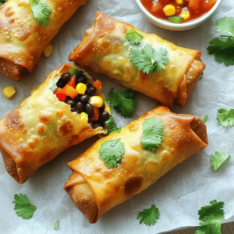 - 1 cup black beans, drained and rinsed - 1 cup corn kernels (fresh or frozen) - 1 cup bell pepper, finely diced (mix of red and yellow for color) - 1 cup shredded cooked chicken (or plant-based alternative) These main ingredients give the egg rolls their hearty texture and rich taste. Black beans add protein and fiber. Corn brings sweetness and crunch. Bell peppers add color and freshness. You can use shredded chicken for a meaty bite or choose a plant-based option for a lighter meal. - 1 teaspoon cumin - 1 teaspoon chili powder - 1/2 teaspoon garlic powder - 1/2 teaspoon onion powder - 1/4 teaspoon salt - 1/4 teaspoon black pepper Spices are key to flavor. Cumin adds warmth. Chili powder gives a nice kick. Garlic and onion powders provide depth. Salt and black pepper enhance all the flavors. Mix these spices into the filling for a tasty punch. - 8 large tortillas - 1 cup shredded cheese (cheddar or Mexican blend) For the tortillas, choose large ones that can hold the filling well. Flour tortillas work best for this recipe. They roll up easily. Cheese is optional, but it adds creaminess. Cheddar brings sharpness, while a Mexican blend offers a melty texture. For the full recipe, check out the detailed steps to create these delightful snacks! First, we need to get the oven ready. Preheat your oven to 425°F (220°C). This helps the egg rolls cook evenly. Next, line a large baking sheet with parchment paper. This keeps the egg rolls from sticking and makes clean-up easy. Now, let’s mix the filling. In a mixing bowl, combine the following ingredients: - 1 cup black beans, drained and rinsed - 1 cup corn kernels (fresh or frozen) - 1 cup bell pepper, finely diced (mix of red and yellow for color) - 1 cup shredded cooked chicken (or plant-based alternative) - 1 teaspoon cumin - 1 teaspoon chili powder - 1/2 teaspoon garlic powder - 1/2 teaspoon onion powder - 1/4 teaspoon salt - 1/4 teaspoon black pepper - 1 cup shredded cheese (cheddar or Mexican blend) Mix these ingredients until everything is well combined. This filling is packed with flavor! Now it’s time to fill the tortillas. Place one tortilla on a clean surface. Spoon about 2-3 tablespoons of the filling mixture onto the center of the tortilla. Next, fold the sides of the tortilla inward. Then, roll it up tightly from the bottom to the top. This keeps all the tasty filling inside. Repeat this with the remaining tortillas and filling. Place the rolled egg rolls seam-side down on the prepared baking sheet. Lightly spray the tops with olive oil. This gives them a nice golden finish. Bake in the preheated oven for about 15-20 minutes. Flip the egg rolls halfway through for even cooking. You want them to be golden brown and crispy. Once done, remove them from the oven. Let them cool for a few minutes before serving. These egg rolls pair well with salsa, guacamole, or sour cream. Enjoy the flavors! For the full recipe, check out [Full Recipe]. To prevent the egg rolls from sticking, always use parchment paper. This simple step keeps them from sticking to the baking sheet. Lightly spray the parchment with olive oil too. It helps the egg rolls crisp up nicely. For even cooking, flip the egg rolls halfway through baking. This helps both sides brown and stay crispy. Make sure you place them seam-side down. This keeps the filling secure. These egg rolls taste great with dips. Pair them with salsa or guacamole for extra flavor. You can also serve them with sour cream. Each dip adds a unique twist. Garnishing with herbs makes them look fancy. Fresh cilantro or parsley works well. Just sprinkle some on top before serving. For a healthier option, use whole grain or low-carb tortillas. They add fiber and keep the dish light. Also, consider reducing the cheese. You can swap it for dairy-free cheese too. This keeps the flavor while making it lighter. These tips help you make the most of your Baked Southwest Egg Rolls. For the complete recipe, check out the Full Recipe section. {{image_2}} You can switch up the fillings to suit your taste. For a vegetarian option, skip the chicken. Try adding extra beans, like pinto or refried beans, for protein. You can also use quinoa or lentils. Mix in different veggies too. Spinach, zucchini, or mushrooms work well. Feel free to add spices like paprika or oregano for more flavor. If you love spice, add jalapeños to the filling. Dice them finely for a bit of heat. You can also drizzle hot sauce into the mix for a kick. For a spicy dipping sauce, mix sour cream with hot sauce. This combo gives a nice balance of cool and heat. These egg rolls pair well with many sides. A fresh salad with lime dressing adds a crisp touch. You can also make a grain bowl with rice or quinoa. Top it with diced avocado and salsa. This combination makes a filling meal. Enjoy your egg rolls with fresh sides for a perfect snack! To keep your baked Southwest egg rolls fresh, use airtight containers. Glass containers work best, as they do not absorb odors. If you use plastic, ensure it is BPA-free. For short-term storage, place the egg rolls in the fridge. They can last up to four days. For longer storage, freeze them. Wrap each egg roll in plastic wrap, then place them in a freezer bag. This helps prevent freezer burn. When reheating, the oven is your best friend. Preheat it to 375°F (190°C). Place the egg rolls on a baking sheet and heat for about 10-15 minutes. This keeps them crispy. If you use a microwave, place the egg rolls on a plate. Heat them in short bursts, 30 seconds at a time. This method can make them soft. To avoid sogginess, use a paper towel under the egg rolls in the microwave. Baked egg rolls last about four days in the fridge. If frozen, they stay good for about three months. Always label your containers with the date to keep track. Enjoy your tasty snack later with confidence! For the complete recipe, check out the Full Recipe section. Southwest Egg Rolls have roots in American Southwest cuisine. They combine flavors from Mexican and Tex-Mex cultures. This dish gained popularity in the 1980s and became a favorite in restaurants. They blend traditional ingredients like beans, corn, and spices into a crispy treat. This fusion shows how diverse cooking can be, bringing cultures together. Yes, you can make these egg rolls ahead of time. To prep in advance, follow these steps: - Prepare the filling: Mix all ingredients and store in the fridge for up to two days. - Assemble the egg rolls: You can roll them and keep them in the fridge. Just cover them tightly with plastic wrap. - Freeze for later: If you want to save them longer, freeze unbaked egg rolls in a single layer. Once frozen, place them in a freezer bag. When ready to cook, bake them straight from the fridge or freezer. Just add a few extra minutes to the baking time. To make these egg rolls gluten-free, use gluten-free tortillas. Many brands offer this option made from rice, corn, or almond flour. It is important to check the labels to ensure they meet your needs. You can also modify the filling: - Substitute: Use gluten-free sauces or seasonings. - Check cheese: Most cheese is gluten-free, but always verify. With these adjustments, you can enjoy a tasty and safe snack for everyone. For the full recipe, check out the details above. Southwest egg rolls offer a tasty blend of flavors and textures. We explored key ingredients like black beans and cheese, and shared easy steps for preparation and baking. You learned tips for serving and storage, along with fun variations. Remember, you can customize these rolls to fit your dietary needs or spice preferences. Whether you choose to enjoy them as a snack or a meal, these egg rolls will surely impress. Happy cooking, and enjoy this delightful dish!