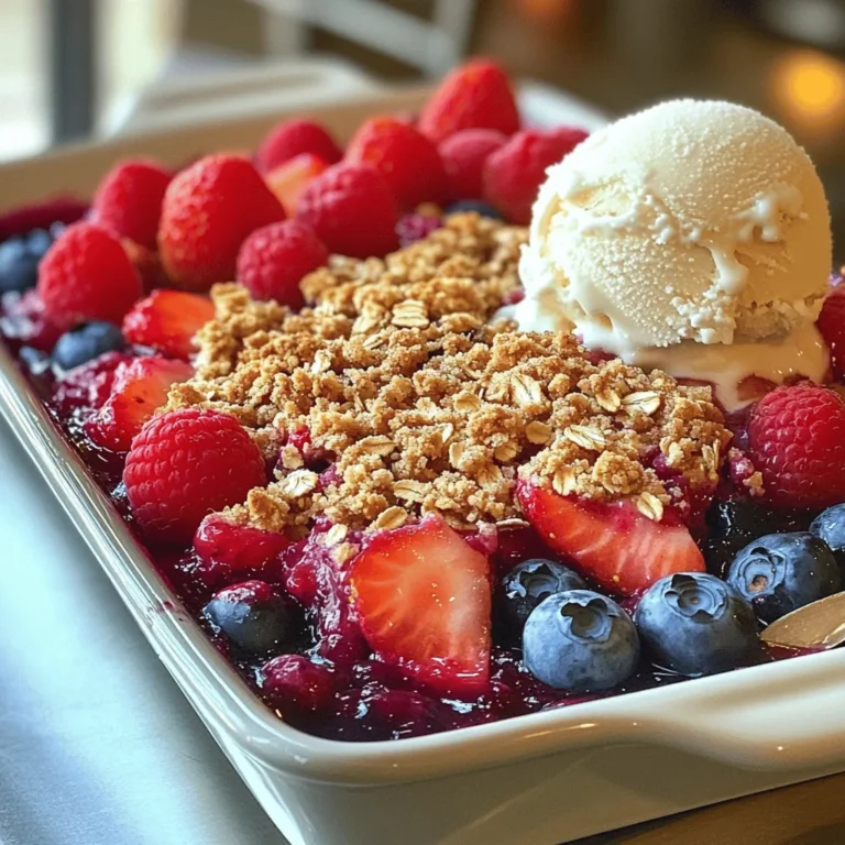 To make a mixed berry crisp, you need fresh and simple ingredients. These tasty items come together to create a warm, sweet treat that everyone will love. Here’s what you will need: - 2 cups mixed berries (strawberries, blueberries, and raspberries) - 1 tablespoon lemon juice - 1 tablespoon cornstarch - 1 cup rolled oats - ½ cup all-purpose flour - ½ cup brown sugar - ½ teaspoon cinnamon - ¼ teaspoon salt - ⅓ cup unsalted butter, melted - ½ cup chopped nuts (such as almonds or walnuts) Using ripe, fresh berries makes a big difference in flavor. You can mix and match based on what you have. Lemons brighten the taste, while cornstarch helps to thicken the berry juices. Rolled oats add texture. Brown sugar adds sweetness, and cinnamon gives warmth. The chopped nuts offer a delightful crunch. I love using almonds or walnuts, but you can choose your favorite. This blend of ingredients creates a delicious mix that everyone will enjoy. For the full recipe, check out the section above. To start, gather your ingredients for the mixed berry filling. Use 2 cups of mixed berries, like strawberries, blueberries, and raspberries. In a bowl, combine the berries with 1 tablespoon of lemon juice and 1 tablespoon of cornstarch. Gently toss to coat the berries evenly. This helps thicken the juices while baking. Next, let’s create the crisp topping mix. In another bowl, combine 1 cup of rolled oats, ½ cup of all-purpose flour, ½ cup of brown sugar, ½ teaspoon of cinnamon, and ¼ teaspoon of salt. Stir until well mixed. This mixture will give your crisp its wonderful texture and flavor. Now, pour ⅓ cup of melted unsalted butter over the oat mix. Stir until it looks like wet sand. This step binds the topping together. Now it’s time to arrange the ingredients in the baking dish. Grease an 8x8-inch baking dish before pouring in the berry mixture. Spread it evenly across the bottom. Then, take your oat mixture and spread it over the berries. Make sure to cover them fully for a nice, even bake. Preheat your oven to 350°F (175°C). Place the baking dish in the oven and bake for 30 to 35 minutes. You’ll know it’s done when the top is golden brown and the berries are bubbling. This is the moment to savor the delicious smells wafting from your oven! When your mixed berry crisp is out of the oven, let it cool for a few minutes before serving. Serve it warm, and consider adding a scoop of vanilla ice cream or a dollop of whipped cream on top. This adds a creamy contrast to the crisp. For a fun touch, garnish with a few fresh berries. It makes the dish look even more inviting! For the full recipe, click [Full Recipe]. How to select the best berries To make a great mixed berry crisp, choose ripe, fresh berries. Look for bright colors and firm textures. If using strawberries, pick ones that smell sweet. For blueberries and raspberries, they should be plump and shiny. Avoid any with soft spots or mold. Fresh berries give the best taste. Tips for achieving a perfect golden brown topping For a golden brown topping, use melted butter in your oat mix. This helps the topping crisp up nicely. Spread the topping evenly over the berries. Bake until the top is golden and the berries bubble. If it’s not brown enough, leave it in the oven for a few more minutes. Just watch it closely to avoid burning. How to prevent a soggy bottom A soggy bottom can ruin your crisp. To avoid this, toss the berries in cornstarch before baking. This helps soak up extra juice as they cook. Also, don’t skip the step of baking the topping until it’s nice and crunchy. Ensuring the topping stays crispy To keep your topping crispy, add chopped nuts into the mixture. They add extra crunch and flavor. Make sure to let the crisp cool before serving. If you cover it while it’s hot, steam builds up and makes it soggy. Enjoy your crisp right out of the oven for the best texture. For more details, check the Full Recipe. {{image_2}} You can mix things up with different fruits. Seasonal fruits like peaches or apples work great. Try adding cherries in summer or pears in fall. Each fruit brings its own flavor. Using frozen berries is a smart choice, too. They save time and often taste just as good. Just remember to thaw them before mixing. This helps keep your crisp from getting too watery. If you need a gluten-free option, swap all-purpose flour for almond flour or oat flour. These options still give a nice texture. For a vegan twist, use coconut oil instead of butter. Maple syrup or agave can replace brown sugar. Both choices keep your dessert sweet and tasty. Making these small changes lets everyone enjoy your mixed berry crisp. Whether they are gluten-free or vegan, they will love it just the same! You can find the full recipe online to guide you through. To keep your mixed berry crisp fresh, follow these steps: - Cool the crisp to room temperature. - Cover it tightly with plastic wrap or aluminum foil. - Store it in the fridge for up to three days. For longer storage, you can freeze the crisp: - Cut it into portions before freezing. - Place the pieces in airtight containers or freezer bags. - Label them with the date. They can last up to three months. When you want to enjoy your leftover mixed berry crisp, reheating is key: - Preheat your oven to 350°F (175°C). - Place the crisp in an oven-safe dish. - Cover with foil to keep it moist. - Heat for about 15-20 minutes. To keep the topping crispy, remove the foil for the last 5 minutes. You can also use a microwave, but it may make the topping softer. If you prefer, reheat individual servings in the microwave for 30-60 seconds. You can add extra flavor with simple spices. Try a pinch of nutmeg or ginger for warmth. A splash of vanilla extract can also enhance the sweet taste. For a touch of zest, mix in a bit of orange or lemon zest. These additions elevate the flavor and make your crisp stand out. Yes, you can mix and match berries based on what you have. Blackberries, cranberries, or even cherries work well. Each type of berry brings its own unique flavor. If using frozen berries, thaw them first to avoid excess moisture. This keeps your crisp from becoming soggy. Mixed berry crisp stays fresh in the fridge for about three to five days. Store it in an airtight container to keep it from drying out. If you want to keep it longer, consider freezing it. It can last up to three months in the freezer without losing quality. Serving mixed berry crisp warm is best. Top it with vanilla ice cream or whipped cream for a treat. You can also sprinkle fresh berries on top for color. This adds a nice touch and makes it look fancy. For a fun twist, serve it in individual ramekins for a personal touch. Enjoy your delicious creation! To make a delicious mixed berry crisp, we covered key ingredients and steps. You learned how to prepare the filling and topping, bake it to perfection, and even serve it right. Don’t forget the tips to avoid common mistakes and the variations for different diets. Storage tips help keep leftovers fresh. With this guide, you can create a tasty dessert that everyone will love. Enjoy your baking journey!