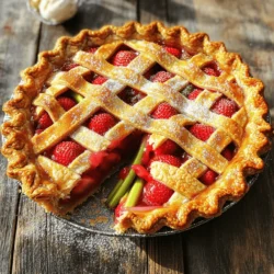 - 1 ½ cups fresh strawberries, hulled and sliced - 1 ½ cups rhubarb, chopped into 1-inch pieces - 1 cup granulated sugar - ¼ cup cornstarch - 1 teaspoon vanilla extract - 1 teaspoon lemon juice - ¼ teaspoon salt - 1 tablespoon unsalted butter, cut into small pieces - 1 package (14 oz) refrigerated pie crusts (or homemade, if preferred) - 1 egg, beaten (for egg wash) - Sugar for sprinkling on top (optional) To make this pie, you need fresh strawberries and rhubarb. The sweet strawberries balance the tartness of the rhubarb. Use sugar to sweeten the filling. Cornstarch helps thicken the mixture. Vanilla extract adds a nice flavor. Lemon juice brightens and enhances the taste. Salt balances the sweetness. Butter adds richness to the filling. You can use store-bought pie crusts for ease. If you prefer, make your own crust for a personal touch. The beaten egg gives the crust a shiny finish. Sprinkling sugar on top adds a sweet crunch. You will need some kitchen tools. Mixing bowls help combine the filling. A 9-inch pie pan holds your pie. A rolling pin helps you flatten the dough. A pastry brush is used for the egg wash. For the full recipe, check the Classic Strawberry Rhubarb Pie section. Enjoy the baking journey! 1. Preheat your oven to 425°F (220°C). This helps the pie cook evenly. 2. In a large bowl, combine 1 ½ cups of fresh strawberries and 1 ½ cups of chopped rhubarb. 3. Add 1 cup of sugar, ¼ cup of cornstarch, 1 teaspoon of vanilla extract, 1 teaspoon of lemon juice, and ¼ teaspoon of salt. 4. Mix everything well and let it sit for about 15 minutes. This helps the flavors blend. 1. Roll out one pie crust and fit it into a 9-inch pie pan. Trim off any excess crust. 2. Pour the strawberry-rhubarb filling into the crust. Spread it out evenly. 3. Dot the top with small pieces of 1 tablespoon of unsalted butter. This adds rich flavor. 1. Roll out the second pie crust and cover the filling. Trim and crimp the edges to seal the pie. 2. Cut a few small slits in the top crust. This allows steam to escape during baking. 3. Brush the top with a beaten egg and sprinkle with sugar if you like. 4. Bake for 15 minutes at 425°F (220°C). Then, lower the temperature to 350°F (175°C) and bake for another 35-40 minutes. 5. Check for doneness. The filling should be bubbly, and the crust should be golden brown. Once baked, let the pie cool for at least 2 hours before slicing. This helps the filling set nicely. For more details on the full process, check out the Full Recipe. To make a great strawberry rhubarb pie, you need a good balance of sweet and tart. The strawberries add sweetness while the rhubarb brings the tang. Taste your filling before baking. If it's too sweet, add a bit more rhubarb. If it’s too tart, add some sugar. Let the filling sit for about 15 minutes after mixing. This helps the flavors meld together, making each bite delicious. A flaky crust is key to a great pie. For a perfect crust, keep your butter cold. Use a pastry cutter to mix the butter with the flour until it looks like crumbs. If you prefer convenience, store-bought crust works well too. Just remember to follow the package directions for best results. Homemade crust can be fun and rewarding, but it takes practice. Cooling your pie is very important. Let it sit for at least 2 hours before slicing. This helps the filling set and makes serving easier. When it’s time to serve, I recommend adding a scoop of vanilla ice cream or a dollop of whipped cream. This adds a creamy texture that pairs perfectly with the fruity filling. Enjoy your pie with friends and family! {{image_2}} You can change up the fruit in this pie. Try adding blueberries or peaches for a fun twist. Both fruits bring their own sweet and tart notes, enhancing the classic flavor. You can also use alternative sweeteners, like honey or maple syrup. This option suits those looking for healthier choices while still enjoying dessert. If you need a gluten-free option, use almond or coconut flour for the crust. These flours give the pie a unique flavor and texture. You can also experiment with lattice crusts. A lattice crust looks stunning and lets the filling peek through, adding a rustic charm. To make your pie even better, add spices like cinnamon or nutmeg. These spices warm up the flavors and make your pie smell amazing. You can also add zest from citrus fruits, like lemon or orange. This extra touch brightens the filling and lifts the overall taste. For the full recipe, check out the Classic Strawberry Rhubarb Pie 🥧 section above. To keep your pie fresh, store it in the fridge. Place it in an airtight container. This helps keep the crust from getting soggy. Your pie will last about 3 to 4 days in the fridge. If you want to enjoy it longer, consider freezing it. You can freeze your pie before or after baking. If you freeze it before baking, wrap it well in plastic wrap. Then, place it in a freezer bag. Bake it straight from the freezer when you're ready. If freezing after baking, let it cool first. Wrap it tightly and store it in the freezer. To thaw a frozen pie, place it in the fridge overnight. This keeps the filling from becoming watery. If you need it fast, you can thaw it at room temperature for a few hours. Always bake a thawed pie until it is hot and bubbly. For the complete recipe, check the Full Recipe section. To keep your crust crisp, use these simple tips: - Blind bake the crust: Pre-bake the crust for 10 minutes before adding filling. - Use a hot oven: Start baking at a high temperature to set the crust quickly. - Avoid too much moisture: Drain any excess liquid from the fruit before mixing. These steps help create a flaky, golden crust that stands up to juicy filling. Yes, you can use frozen fruit! Just remember these adjustments: - Thaw the fruit: Let it sit until soft, then drain excess liquid. - Increase cornstarch: Add an extra tablespoon of cornstarch to help thicken the filling. Frozen fruit works well, but fresh fruit gives a better texture and taste. Look for these signs to check doneness: - Bubbling filling: The fruit juices should be bubbling through the slits in the crust. - Golden crust: The top crust should be a nice, golden brown. - Temperature check: An internal temperature of about 200°F means the pie is ready. These cues help ensure your pie is perfectly baked and ready to enjoy. Cornstarch is important for thickening your pie filling. Here’s why: - Prevents a runny filling: It helps absorb the juices from the fruit, making it thick. - Creates a nice texture: A thicker filling holds together better when you slice the pie. While you can use other thickeners, cornstarch is the easiest and most effective. For the full recipe, check out the Classic Strawberry Rhubarb Pie! This blog post covered how to make a delicious strawberry-rhubarb pie. We talked about the key ingredients, step-by-step instructions, tips for the perfect pie, and fun variations. Remember to balance sweetness with tartness and let your pie cool before serving. This pie is a great treat, and you can experiment with flavors and crusts. With practice, you’ll find your own perfect recipe and make every bite amazing. Enjoy your baking adventure!