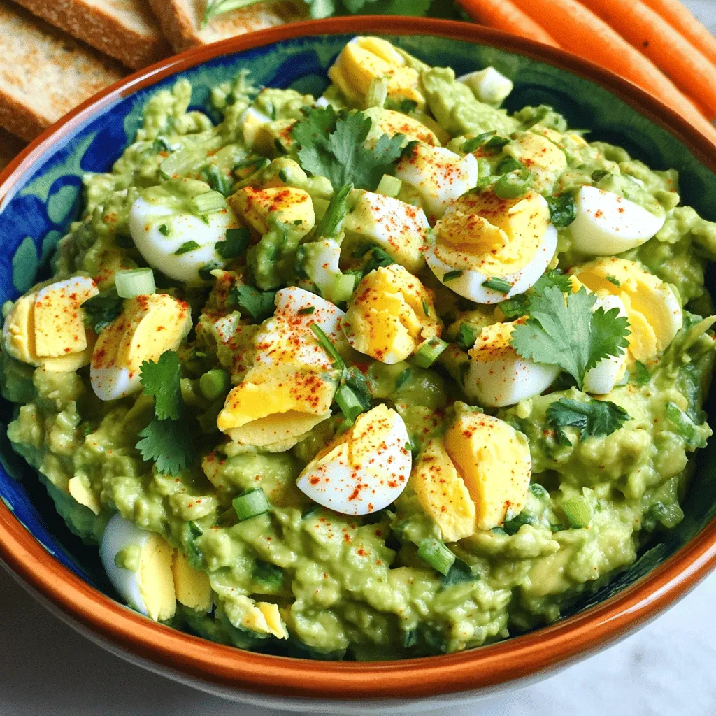 To make avocado egg salad, gather these items: - 4 large eggs, hard-boiled and peeled - 1 ripe avocado - 2 tablespoons Greek yogurt - 1 tablespoon Dijon mustard - 1 tablespoon lemon juice - Salt and pepper to taste - 1/4 teaspoon garlic powder - 1/4 teaspoon smoked paprika - 2 green onions, finely chopped - A handful of fresh cilantro, chopped (optional) You can swap out some ingredients if needed: - Use mayonnaise instead of Greek yogurt for creaminess. - Try lime juice instead of lemon juice for a different tart taste. - If you dislike Dijon mustard, use regular mustard. - Instead of green onions, use chives for a milder flavor. - You can skip cilantro if you prefer a simpler taste. This salad is packed with nutrients. One serving (1/4 of the recipe) has: - Calories: 230 - Protein: 10g - Carbohydrates: 10g - Dietary Fiber: 5g - Total Fat: 18g - Saturated Fat: 3g - Sodium: 150mg This avocado egg salad provides healthy fats, protein, and a good amount of fiber. Enjoy this tasty dish while knowing it's good for you! For the full recipe, check out Avocado Egg Salad Delight 🥑🥚. To start, I put four large eggs into a pot. I cover them with water and turn on the heat. Once the water boils, I lower the heat and let them simmer for 9 to 12 minutes. The exact time depends on how I like my yolks. I prefer them fully cooked. After the timer goes off, I quickly move the eggs to an ice bath. This cools them down fast and makes peeling easier. While the eggs cool, I grab a ripe avocado. I cut it in half and remove the pit. Then, I scoop the green flesh into a mixing bowl. I use a fork to mash it. I like it smooth but still a bit chunky. This gives the salad nice texture. Now that my eggs are cool, I peel them. I chop the eggs into small pieces and add them to the bowl with the avocado. Next, I mix in Greek yogurt, Dijon mustard, and lemon juice. I stir well to combine everything. I then season with salt, pepper, garlic powder, and smoked paprika. I adjust to my taste. Finally, I fold in chopped green onions and cilantro, if I want that fresh flavor. This salad comes together quickly and is so tasty. For the full recipe, check out the details above. When choosing avocados, look for ones that feel slightly soft. Gently squeeze them in your palm. They should yield a bit but not feel mushy. The skin color can vary by type, but dark green often means ripeness. If you find hard avocados, leave them on the counter for a few days. Check them daily until they are ready. Ripe avocados make your avocado egg salad creamy and rich. To cook eggs perfectly, start by placing them in a pot. Cover them with cold water and bring it to a boil. Once boiling, reduce the heat and let them simmer. For firm yolks, cook for 9-12 minutes. After cooking, put the eggs in ice water to cool them quickly. This stops the cooking process and makes peeling easier. Perfect hard-boiled eggs are key to a tasty avocado egg salad. You can boost the flavor of your avocado egg salad with simple add-ins. Chopped bell peppers or celery add crunch. A dash of hot sauce brings heat, while capers provide briny goodness. You can also try adding herbs like dill or parsley for freshness. If you love spice, jalapeños or red pepper flakes work well. These combinations elevate the dish and make it even more delicious. {{image_2}} You can make your avocado egg salad even better by adding fresh veggies. Chopped celery gives a nice crunch. Diced bell peppers add sweetness and color. You can also try grated carrots for extra flavor and nutrition. Just remember to chop them small so they mix well. If you want to change the protein, consider using canned tuna or chicken. These options blend well with avocado and eggs. You can also use chickpeas for a plant-based twist. Just mash them slightly before adding to the salad. This keeps the mix creamy and tasty. Switching up the dressing can change the whole dish. Instead of Greek yogurt, try using mayonnaise. For a spicy kick, add a dash of hot sauce. You can also mix in some salsa for a zesty flavor. Experiment with these ideas to find what you like best! For the full recipe, refer to the Avocado Egg Salad Delight. After making your avocado egg salad, place it in an airtight container. This keeps it fresh longer. Make sure to press plastic wrap against the salad to limit air exposure. Store it in the fridge for up to three days. If you see any browning on the avocado, just stir it in. It’s still good! I do not recommend freezing avocado egg salad. The avocado will change texture and become mushy. If you want to make it ahead, store it in the fridge instead. This keeps the flavors fresh and the texture creamy. To keep your salad fresh, check your ingredients. Use ripe avocados that are not too soft. Always use fresh eggs for the best taste. When mixing, add ingredients gently to avoid breaking the eggs too much. Serve it fresh for the best flavor. For more ideas, check the Full Recipe. Yes, you can make Avocado Egg Salad ahead of time. It’s perfect for meal prep. Just store it in a tight container. Keep it in the fridge until you eat it. The flavors will blend nicely as it sits. Avocado Egg Salad lasts about 3 days in the fridge. Make sure to check for freshness before eating. If it looks or smells off, it’s best to toss it. Always keep it covered to maintain its taste. You can serve Avocado Egg Salad in many ways. Try it on whole grain toast for a hearty meal. It also works well in lettuce wraps. Pair it with fresh veggie sticks for a crunchy side. For a light lunch, add it to a salad. If you want more flavor, use it as a dip with crackers. For the full recipe, check the earlier section. In this article, we covered how to make Avocado Egg Salad. We explored ingredients, including lists and substitutions. We discussed key steps, from boiling eggs to mixing flavors. Tips helped with avocado choice and cooking eggs perfectly. We also shared variations, storage methods, and common questions. This salad is easy, tasty, and can fit your style. With just a few tweaks, you can make it your own. Enjoy creating a dish that is both fun and healthy!