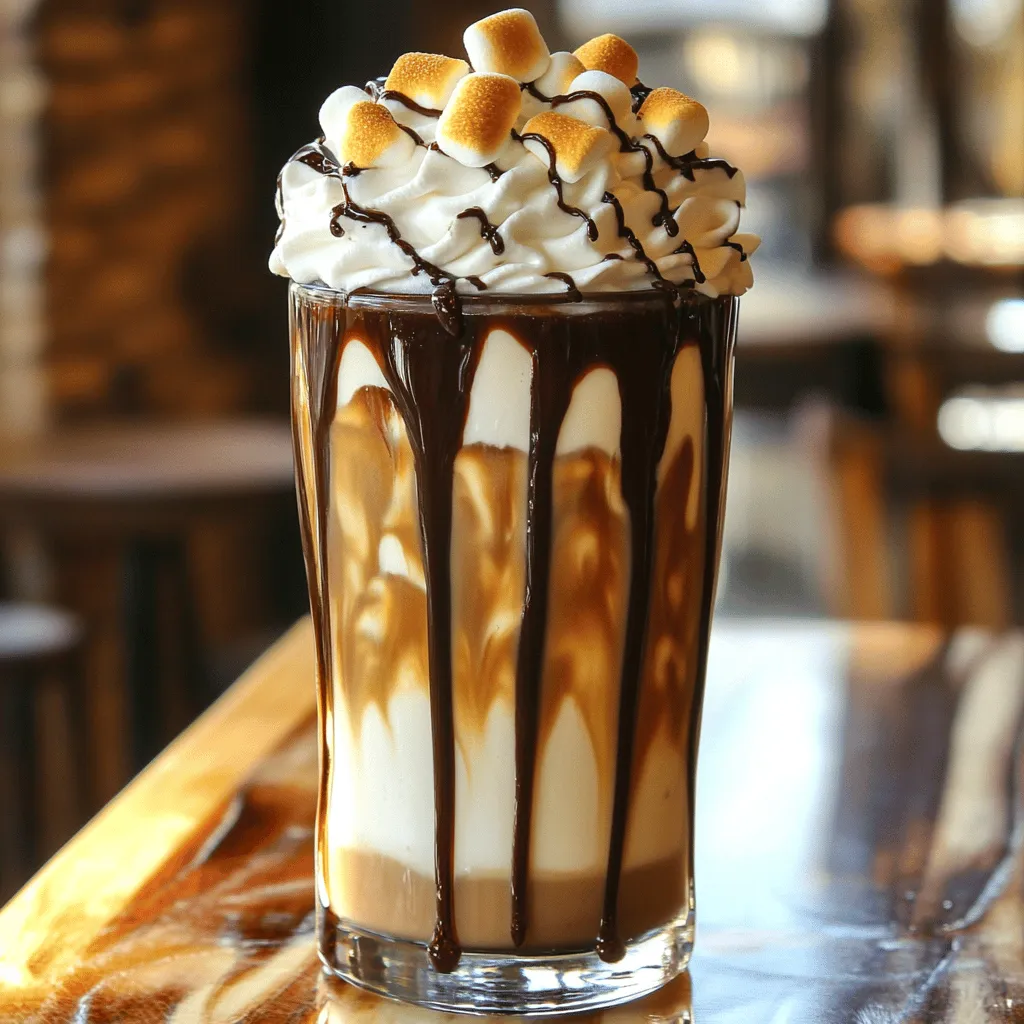 To make a Toasted Marshmallow Frappe, you’ll need simple but key ingredients. This drink combines coffee, milk, and sweet flavors into a smooth treat. Here's what you'll need for the full recipe: - 1 cup brewed coffee (cooled) - 1 cup milk (any kind or dairy alternative) - 2 tablespoons chocolate syrup - 2 tablespoons toasted marshmallow syrup (store-bought or homemade) - 1 cup ice cubes - Whipped cream, for topping - Mini marshmallows, for garnish - Additional chocolate syrup, for drizzling Each ingredient plays a special role in the flavor and texture. The brewed coffee gives a rich base. Milk adds creaminess, while chocolate syrup brings sweetness. The toasted marshmallow syrup offers a unique twist, giving that campfire vibe. Ice cubes help make the drink cold and refreshing. Using quality ingredients is key for a great frappe. Here are some suggestions: - Coffee: Use freshly brewed coffee for the best taste. Try a medium roast for balance. - Milk: Whole milk adds richness. Almond or oat milk works well for dairy-free options. - Syrups: Look for high-quality chocolate and toasted marshmallow syrups. You can find these at most grocery stores or online. - Whipped Cream: Fresh whipped cream is ideal, but store-bought can work, too. These tips ensure your Toasted Marshmallow Frappe is delightful and creamy. Enjoy every sip! First, gather all your ingredients. You need: - 1 cup brewed coffee (cooled) - 1 cup milk (any kind or dairy alternative) - 2 tablespoons chocolate syrup - 2 tablespoons toasted marshmallow syrup (store-bought or homemade) - 1 cup ice cubes - Whipped cream, for topping - Mini marshmallows, for garnish - Additional chocolate syrup, for drizzling Make sure your coffee is cool. This helps the frappe stay cold and refreshing. If you prefer, you can brew the coffee ahead of time and chill it in the fridge. Measure out your milk and syrups, so everything is ready to blend. Now it's time to blend! In a blender, combine the cooled coffee, milk, chocolate syrup, toasted marshmallow syrup, and ice cubes. Blend until smooth and frothy. You want the ice to break down well. After blending, taste the mixture. If you like it sweeter, add a bit more chocolate or toasted marshmallow syrup. Blend again briefly to mix. This step is key for a great flavor. Garnishing makes your frappe look amazing. Start by drizzling chocolate syrup inside a tall glass. This creates a lovely design. Next, pour your blended frappe into the glass. Top it off with a generous amount of whipped cream. For a touch of fun, toast mini marshmallows. You can do this using a kitchen torch or under the broiler until they are golden brown. Place the toasted marshmallows on top of the whipped cream. Finally, drizzle more chocolate syrup over everything. This adds sweetness and a beautiful finish. Enjoy your toasted marshmallow frappe! To get the best texture for your toasted marshmallow frappe, use a good blender. Blend the ice with the liquids until smooth. You want a creamy, frothy drink. If it is too thick, add a splash of milk. If it is too thin, add more ice. Aim for a milkshake-like consistency that is easy to sip. Sweetness is key to a great frappe. You can adjust the sweetness to fit your taste. Start with the two tablespoons of toasted marshmallow syrup. After blending, taste your frappe. If you want it sweeter, add more syrup or chocolate syrup. Just remember, a little goes a long way. Serve your frappe in a tall glass for a fun look. Drizzle chocolate syrup inside the glass before pouring the frappe. This adds a nice touch. Top with a generous amount of whipped cream. Toast mini marshmallows for a special garnish. Place them on top and drizzle more chocolate syrup for extra flair. Your drink will look great and taste even better! {{image_2}} You can switch up your toasted marshmallow frappe with different flavors. Try adding a splash of vanilla extract for warmth. Or, use hazelnut syrup for a nutty twist. Want a fruity vibe? Add a handful of strawberries or raspberries. These options can make your drink unique and tasty. If you want a vegan version, use plant-based milk. Almond, oat, or coconut milk work great. Instead of whipped cream, use coconut whipped cream for that same creamy texture. Ensure your chocolate syrup and toasted marshmallow syrup are dairy-free too. This way, everyone can enjoy this treat. You can enjoy this frappe cold or hot. For an iced version, follow the full recipe with ice cubes. If you prefer it hot, skip the ice and blend everything until warm. Pour it into a mug and top with whipped cream. This way, you can enjoy toasted marshmallow flavor no matter the season! If you have leftover frappe, store it in an airtight container. This keeps it fresh and tasty. Place it in the fridge and use it within two days. The taste is best when enjoyed fresh, but you can still save it for later. To reheat the frappe, pour it into a pot on low heat. Stir gently to warm it up without boiling. You want to keep that creamy texture, so avoid high heat. If it feels thick, add a splash of milk or coffee to thin it out. You can freeze the frappe for later fun! Pour it into ice cube trays or a freezer-safe container. When you want a treat, blend the frozen frappe cubes with a bit of milk. This gives you a quick, cold drink that tastes just as good. Enjoy the creamy delight anytime! Yes, you can use decaf coffee for this recipe. The flavor will still be great. Just brew your coffee as you usually do. Let it cool before blending. You won’t lose the taste you love. Toasted marshmallow syrup is a sweet flavor that tastes like roasted marshmallows. You can find it in stores or online. Look in the coffee section or the baking aisle. Many brands offer this flavor, so pick one you like. Making homemade toasted marshmallow syrup is simple. You will need sugar, water, and marshmallows. 1. In a pot, mix equal parts sugar and water. 2. Heat it gently until the sugar dissolves. 3. Add mini marshmallows and stir until they melt. 4. Let it cool and store it in a jar. This syrup works well in your Toasted Marshmallow Frappe. For the full recipe, check the details above. This blog post shared a complete guide to making the perfect frappe. We covered key ingredients, step-by-step instructions, and tips for texture and sweetness. You learned about variations, storage, and answered common questions. Remember, customizing your frappe can make it truly yours. Enjoy trying different flavors and serving styles. With practice, your frappe skills will shine, impressing everyone around you. Keep experimenting and make every sip count!
