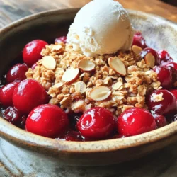 - 4 cups fresh cherries, pitted and halved - 1 cup almond flour - 1 cup rolled oats - 1/2 cup brown sugar - 1/2 cup cold unsalted butter, cubed - 1/4 teaspoon salt - 2 tablespoons cornstarch - 1 tablespoon lemon juice Fresh cherries are the star. Their sweet, tart flavor shines in this dish. Almond flour adds a nutty taste and a nice texture. Rolled oats give a hearty crunch that complements the fruit perfectly. - 1/4 cup sliced almonds - 1 teaspoon vanilla extract - 1 teaspoon cinnamon Consider adding sliced almonds for extra crunch. A dash of vanilla extract enhances the cherry flavor. Cinnamon brings warmth and depth to the dish. - Mixing bowls - Baking dish - Pastry cutter You will need mixing bowls for combining ingredients. A baking dish helps cook the crisp evenly. A pastry cutter makes blending butter into the dry mix easy. For the full recipe, visit the Cherry Almond Crisp section. 1. Preheat the oven First, set your oven to 350°F (175°C). This helps the crisp bake evenly. 2. Prepare the cherry filling In a bowl, mix 4 cups of pitted and halved cherries with 1 tablespoon of lemon juice and 2 tablespoons of cornstarch. Toss until the cherries are well coated. Transfer this mixture to a 9x13 inch baking dish. 3. Mix dry ingredients In another bowl, combine 1 cup of almond flour, 1 cup of rolled oats, 1/2 cup of brown sugar, 1 teaspoon of cinnamon, and 1/4 teaspoon of salt. Stir until well mixed. 1. Combine wet and dry ingredients Add 1/2 cup of cold cubed unsalted butter to the dry mix. Use a pastry cutter or your fingers to blend the butter in until you have coarse crumbs. 2. Fold in sliced almonds Gently mix in 1/4 cup of sliced almonds into the crumb mixture. This adds a nice crunch. 3. Assemble in baking dish Sprinkle the crumb topping evenly over the cherry filling in the baking dish. 1. Bake the crisp Place the baking dish in the preheated oven. Bake for 35-40 minutes, or until the topping is golden brown and the cherries are bubbling. 2. Check for doneness Look for a golden top and bubbling filling. This means your crisp is ready. 3. Cooling time Once baked, remove it from the oven and let it cool for about 10 minutes. This makes it easier to serve. Enjoy the warm Cherry Almond Crisp with a scoop of vanilla ice cream for a delightful treat! You can find the full recipe details for cooking this scrumptious dessert. - Choosing ripe cherries: Look for cherries that are dark red and firm. They should smell sweet and not be mushy. Fresh cherries make a big difference in taste. - How to measure almond flour: Scoop almond flour into your measuring cup with a spoon. Do not pack it down. Level off the top with a knife for an accurate measure. - Avoiding sogginess in the filling: Use cornstarch to help thicken the cherry juices. This keeps the filling from being too runny. - Pairing with ice cream: A scoop of vanilla ice cream on top of warm cherry almond crisp is pure bliss. The cold ice cream melts slightly and adds creaminess. - Garnishing tips: Sprinkle sliced almonds and a dusting of powdered sugar on top before serving. This adds a nice crunch and looks pretty. - Ideal serving temperature: Serve the crisp warm but not too hot. It should be just cool enough to enjoy without burning your mouth. - Over-mixing the topping: Mixing too much can make the topping tough. Just blend until you see crumbs. - Underbaking the crisp: If you take it out too early, the topping will not be crispy. Bake until it is golden brown. - Using excessive sugar: Too much sugar can mask the cherry flavor. Stick to the recipe for the best taste. For the full recipe, check the Cherry Almond Crisp section above. {{image_2}} You can change the fruit in your cherry almond crisp. Blueberries, apples, and peaches work great. Just keep the same amount as the cherries. You can also play with spices. If you want a warm taste, add a pinch of nutmeg. This will give your crisp a cozy, sweet flavor. For gluten-free options, swap almond flour for a gluten-free blend. It works well in this recipe. You can also make this dessert vegan. Use coconut oil instead of butter. It gives a nice flavor and texture. Use maple syrup or coconut sugar instead of brown sugar for sweetness. Serving your crisp in individual bowls makes it special. Each person gets their own treat! You can also use fun dishes like mason jars or ramekins. This adds a nice touch to your dessert. Top each serving with a scoop of ice cream. A sprinkle of sliced almonds will make it even better. For the full recipe, check the detailed instructions. To keep your cherry almond crisp fresh, refrigerate it in an airtight container. This helps maintain its flavor and texture. You can store leftovers for up to three days in the fridge. If you want to keep it longer, freezing is a great option. To freeze, wrap the crisp tightly in plastic wrap, then place it in a freezer bag. It stays fresh for about three months in the freezer. When you are ready to enjoy your cherry almond crisp again, the best way to reheat it is in the oven. Preheat your oven to 350°F (175°C). Place the crisp in an oven-safe dish and cover it with foil. Heat for about 15-20 minutes until it is warm throughout. For keeping the topping crispy, remove the foil for the last 5 minutes of reheating. In the refrigerator, your cherry almond crisp lasts up to three days. If you freeze it, it can last up to three months. Always label your containers with the date to keep track of freshness. Enjoy your delicious dessert knowing it will stay tasty for days! For the complete instructions and ingredients, check out the Full Recipe. If you need a substitute for almond flour, try these options: - Oat flour: Great for gluten allergies. - Coconut flour: Adds a unique taste. - Sunflower seed flour: Good for nut-free diets. These flours work well in most recipes. Yes, you can prepare this crisp in advance. - Make the cherry filling and topping separately. - Store them in the fridge for up to two days. When you are ready, combine and bake. For reheating, put it back in the oven at 350°F (175°C) for about 10 minutes. Look for these signs of perfect crispiness: - The topping turns golden brown. - The cherries bubble around the edges. To check the cherries, poke them; they should feel soft and juicy. You might find pre-made cherry almond crisps at local bakeries. Ask for seasonal pies or desserts. Online, check delivery services like Goldbelly or local grocery stores. These options save time and still satisfy your sweet tooth. For the complete instructions and ingredients, visit the [Full Recipe](#). This blog post covers how to make a delicious cherry almond crisp. It highlights key ingredients like fresh cherries and almond flour. You’ve learned how to prepare, bake, and store your crisp properly. I shared tips for serving and avoiding common mistakes. Remember, you can customize flavors and follow dietary needs too. Whether you serve it warm or cold, this dessert will impress. Enjoy your baking adventure and share the joy of this tasty treat!