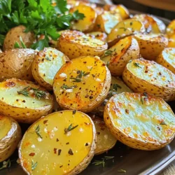 - Baby potatoes - Olive oil - Garlic - Dried herbs (rosemary & thyme) - Smoked paprika - Salt and pepper - Fresh parsley You can swap baby potatoes with other small potatoes. Red or Yukon gold potatoes work well. If you need an olive oil substitute, use canola or avocado oil. Fresh herbs add a nice touch, but dried ones are great too. When buying baby potatoes, look for firm ones without spots. Choose extra virgin olive oil for the best flavor. Fresh garlic is better than pre-minced. It has a stronger taste and aroma. First, preheat your oven to 425°F (220°C). This step is key. A hot oven helps the potatoes crisp up nicely. Next, take your 2 pounds of baby potatoes. Cut each potato in half. This helps them cook faster and allows more surface area for crispiness. In a big bowl, mix the halved potatoes with 4 tablespoons of olive oil. Add 6 cloves of minced garlic, 1 teaspoon of dried rosemary, 1 teaspoon of dried thyme, and 1 teaspoon of smoked paprika. Don’t forget to sprinkle in salt and pepper to taste. Toss everything well. You want each potato half coated evenly. This ensures strong flavor in every bite. Spread the potatoes on a baking sheet. Make sure the cut sides face down. This helps them get that golden-brown crust. Roast in your hot oven for 25-30 minutes. Halfway through, flip the potatoes for even cooking. You'll know they are done when they are crispy and golden brown. When finished, take them out and let them cool for a few minutes. For a final touch, garnish with fresh parsley before serving. For the full recipe, check out [Full Recipe]. To get your potatoes crispy, place them cut side down on the baking sheet. This helps them brown evenly. Also, cook them in a single layer. If they overlap, they won't crisp up well. Lastly, always use a hot oven set to 425°F. A hot oven gives the potatoes that nice crunch. You can boost the flavor with extra seasonings. Try adding some garlic powder or onion powder for more taste. If you're feeling adventurous, marinate the potatoes in a mix of olive oil and herbs. Infusing flavors this way makes each bite even better. For a great presentation, serve your crispy garlic roasted potatoes on a large platter. Add fresh parsley on top for a pop of color. These potatoes pair well with grilled meats or a fresh salad. They make a perfect side dish for any meal. Want more ideas? Check out the Full Recipe for more serving suggestions! {{image_2}} I love to play with flavors in crispy garlic roasted potatoes. One fun way is to make spicy garlic roasted potatoes. Just add red pepper flakes or cayenne pepper to the mix. This adds a kick that many enjoy. Another option is herb-infused variations. You can swap in fresh herbs like basil or oregano. This gives a bright, fresh taste. You can also mix herbs for a unique flavor. Try using dill or parsley for something different. For a quick and easy method, try the air fryer. It makes the potatoes super crispy. Set your air fryer to 400°F (200°C). Cook them for about 20 minutes. Shake the basket halfway through. You can also use a stovetop skillet. Heat olive oil in a large pan over medium heat. Add the potatoes and cover them. Cook for about 25 minutes, flipping them often. This gives a nice golden crust on all sides. If you're vegan, this dish is perfect for you. The recipe is already vegan-friendly. It has no animal products. You can enjoy it guilt-free! For gluten-free diets, you’re in luck too. All the ingredients are gluten-free. Just check that your spices are certified gluten-free. This way, everyone can enjoy these tasty potatoes. For the full recipe, don’t forget to check the details above! To keep your crispy garlic roasted potatoes fresh, store them in the fridge. Place them in airtight containers. This helps keep moisture out and crispness in. Make sure the potatoes cool completely before sealing. They can stay good for up to three days in the fridge. When it comes to reheating, the oven is your best friend. Preheat it to 375°F (190°C). Spread the potatoes on a baking sheet. Heat for about 10 to 15 minutes. This keeps them crispy and delicious. If you use a microwave, the potatoes may turn soft. For a quick method, use the microwave, but know the texture may change. You can freeze crispy garlic roasted potatoes, but it’s not ideal. Freezing can make them soggy. If you choose to freeze, lay them in a single layer on a baking sheet first. Once frozen, transfer them to a freezer bag. When ready to use, let them thaw in the fridge overnight, then reheat in the oven. This method helps keep some crispness. For the best flavor and texture, enjoy them fresh, right after you make the full recipe. Crispy garlic roasted potatoes can last about 3 to 5 days in the fridge. Store them in an airtight container to keep them fresh. If you leave them out, they will get soft and lose their crunch. Yes, you can prep these potatoes ahead of time. Cut and season the potatoes, then store them in a bowl with water. This keeps them from browning. When you're ready to cook, drain and roast them as per the full recipe. Waxy potatoes, like red potatoes, hold their shape well. Starchy potatoes, like russets, become fluffy inside. For crispy garlic roasted potatoes, I prefer a mix for the best texture and flavor. To achieve crispiness without burning, use a hot oven set at 425°F (220°C). Spread the potatoes in a single layer, cut side down. Flip them halfway through roasting for even cooking. Keep an eye on them to ensure they get golden brown. In this post, we explored how to make crispy garlic roasted potatoes. We covered the key ingredients, substitutions, and tips for purchasing them. You learned step-by-step instructions on preparing, mixing, and roasting. We shared tricks for enhancing flavor and achieving maximum crispiness. These potatoes are versatile and easy to adapt. Enjoy experimenting with variations and storage tips to make them your own. With practice, you'll create delicious, crispy garlic potatoes every time.
