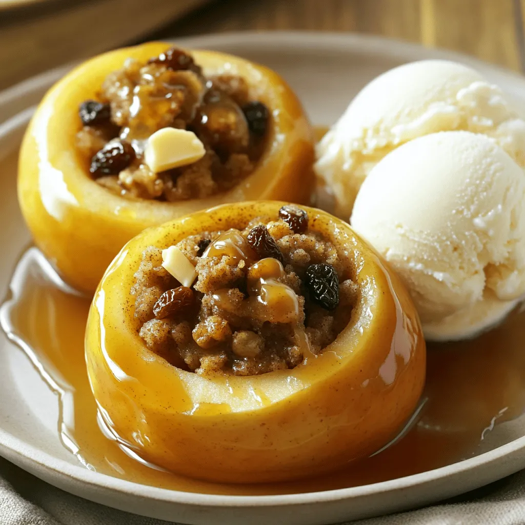 - 4 medium-sized apples (Honeycrisp or Granny Smith recommended) - 1/2 cup brown sugar - 1 teaspoon ground cinnamon - 1/4 teaspoon nutmeg - 1/4 cup walnuts, chopped - 1/4 cup raisins or dried cranberries - 2 tablespoons unsalted butter, cut into small pieces - 1/2 cup apple juice or apple cider Simple baked apples are a great treat. I love how they warm up the kitchen with sweet scents. The main ingredients are easy to find. Honeycrisp and Granny Smith apples work best for flavor. The brown sugar gives a lovely sweetness. Cinnamon adds spice, while nutmeg offers warmth. You can enhance the filling with walnuts or raisins. Walnuts give a nice crunch. Raisins add a chewy texture. Butter makes everything rich and delicious. Apple juice or cider keeps the apples moist. This liquid helps them bake perfectly. When you combine these ingredients, you create a tasty dessert. It’s simple yet satisfying. For the full recipe, check out the details above. First, preheat your oven to 350°F (175°C). This step warms up your kitchen and gets the baking process started. Next, wash the apples under cold water to remove any dirt. When they are clean, it’s time to core them. To do this, use a sharp knife or an apple corer. Carefully cut out the core, but leave the bottom intact. This keeps the filling from falling out. In a medium bowl, mix together the brown sugar, ground cinnamon, nutmeg, chopped walnuts, and raisins. Stir until everything combines well. This mix will bring out the sweetness and spice of your apples. Once done, take each apple and stuff it with the filling. Press down gently to pack it in tight. Then, add a couple of small pieces of butter on top of each apple to create a rich flavor. Next, arrange the filled apples upright in a baking dish. Pour the apple juice or cider into the bottom of the dish. This liquid helps steam the apples as they bake. Cover the dish with aluminum foil to keep the moisture in. Bake in the oven for 25 minutes. After that, remove the foil and bake for another 15-20 minutes. Check for doneness by poking an apple with a fork; it should be tender and slightly caramelized. Let the apples cool for a few minutes before serving. Enjoy the delightful aroma that fills your kitchen! For the full recipe, check the earlier section. Best types of apples for baking I recommend using Honeycrisp or Granny Smith apples. They hold their shape well. Their slight tartness balances the sweetness of the filling. How to achieve a caramelized finish To get that lovely caramelized look, keep an eye on the apples. Bake them covered for part of the time. Then, uncover to let them brown nicely. The sugar in the filling will create a beautiful glaze. Serving suggestions and garnishing tips Serve your baked apples warm on a dessert plate. Drizzle the warm apple juices over them. This adds flavor and makes the dish look inviting. Pairing with ice cream or other toppings A scoop of vanilla ice cream pairs well with baked apples. The cold ice cream contrasts the warm apples perfectly. You can also sprinkle some chopped nuts for extra crunch. Tips for preventing mushy apples To avoid mushy apples, do not overbake them. Check for doneness with a fork. They should be tender but still firm. Ensuring an even bake Arrange the apples evenly in your baking dish. This helps them cook evenly. Make sure they are not too close together. If they touch, they may not bake well. {{image_2}} You can easily change the nuts and dried fruits in this recipe. If you have pecans or almonds, use those instead of walnuts. For dried fruits, try dried apricots or figs. They add unique flavors to the apples. If you're looking for vegan or gluten-free options, use plant-based butter. Also, make sure to check that your sugar is gluten-free. You can swap brown sugar for coconut sugar for a different taste. Adding a splash of vanilla extract gives baked apples a warm, sweet flavor. You can also use other spices like ginger or allspice for a twist. For sweeteners, try honey or maple syrup instead of brown sugar. These options can make the dessert even more fun! Toppings can change the whole dish. Drizzle caramel sauce or chocolate sauce over the baked apples for a rich touch. You can also serve them with yogurt or whipped cream for a creamy contrast. To add crunch, sprinkle granola or oats on top before serving. This adds texture and makes your dish even more delightful. After you bake your apples, let them cool for about 10 minutes. This cooling helps keep the texture right. Place the cooled apples in an airtight container. They will stay fresh for about 3 to 5 days in the fridge. To reheat baked apples, the oven works best. Preheat it to 350°F (175°C). Place the apples in a baking dish. Cover them lightly with foil to keep moisture in. Heat for about 10 to 15 minutes. This keeps them warm and tasty without making them soggy. You can freeze baked apples for later. If freezing before baking, prepare them as usual, then wrap them well. Use plastic wrap and foil to keep out air. If freezing after baking, let them cool completely first. Store them in a container or freezer bag. To thaw, place them in the fridge overnight. Reheat in the oven at 350°F (175°C) for about 15-20 minutes to enjoy later. For the full recipe, check out the details above! Baked apples last about 3 to 5 days in the refrigerator. To store them, let them cool down. Then place them in an airtight container. This keeps them fresh and tasty. Make sure to check for any signs of spoilage each time you take one out. Yes, you can make baked apples ahead of time. You can bake them, cool them, and store them in the fridge. When you are ready to eat, just reheat them. This makes them a perfect dessert for busy days or special occasions. Baked apples pair well with many treats. You can serve them warm with vanilla ice cream. They also go great with whipped cream or a drizzle of caramel sauce. For drinks, enjoy them with hot cider or a cup of coffee. You can use other fruits instead of apples. Pears are a great option. They bake well and have a sweet flavor. Peaches and plums also work nicely. Just adjust the baking time as needed for softer fruits. To make baked apples healthier, reduce the brown sugar. You can use just a few tablespoons instead of half a cup. Another option is to substitute some butter with unsweetened applesauce. This cuts down on fat while keeping the moisture. Baked apples are simple yet delicious. We covered the essentials: the right ingredients, step-by-step instructions, and helpful tips for perfect results. From ingredient swaps to storage advice, these apples can fit any meal. Remember to experiment with flavors and toppings for a unique touch. Keep these tips in mind, and you will impress everyone with your treat. Enjoy your tasty, warm baked apples, and happy baking!